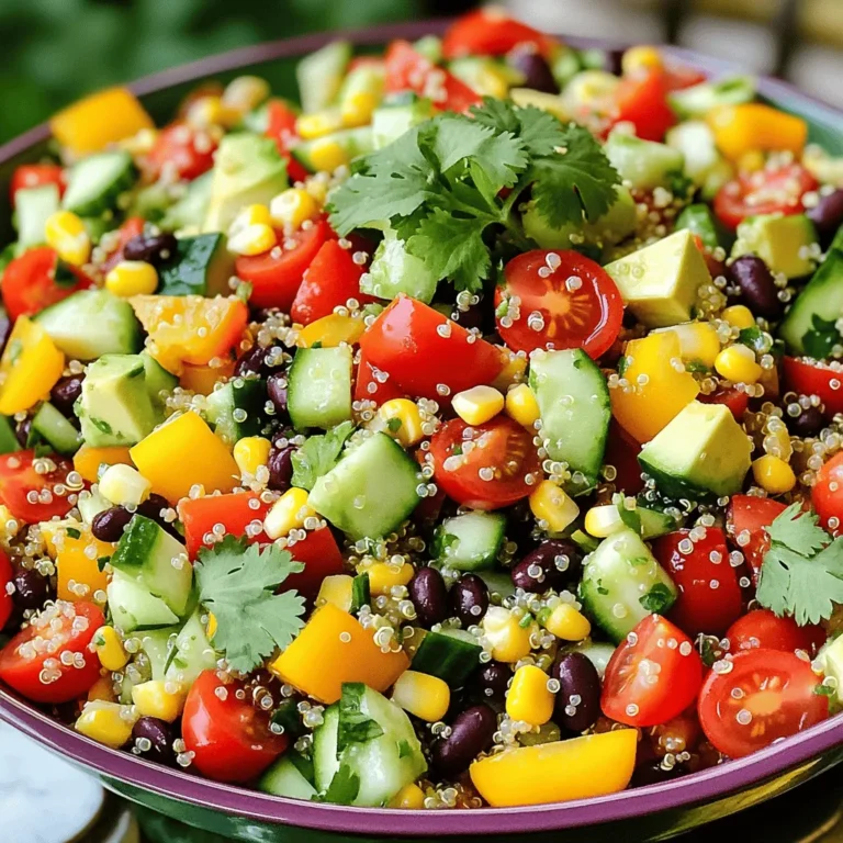 This salad shines with its bright colors and fresh flavors. Here are the main ingredients: - 1 cup quinoa, thoroughly rinsed - 2 cups water - 1 cup cherry tomatoes, halved - 1 red bell pepper, diced into bite-sized pieces - 1 yellow bell pepper, diced into bite-sized pieces - 1 cup cucumber, diced - 1 cup corn (fresh or frozen) - 1 cup black beans, drained and rinsed under cold water - 1 ripe avocado, diced - 1/4 cup red onion, finely chopped - 1/4 cup fresh cilantro, chopped for garnish These ingredients not only make the salad colorful but also pack it with nutrients. The dressing ties all the flavors together. You’ll need: - 3 tablespoons freshly squeezed lime juice - 2 tablespoons extra virgin olive oil - Salt and freshly ground black pepper to taste This simple mix adds a zesty kick and enhances the freshness of the veggies. You can customize your salad with these tasty toppings: - Extra avocado slices for creaminess - Crumbled feta cheese for a salty bite - Chopped nuts or seeds for crunch These toppings boost flavor and bring new textures to your salad experience. For the full recipe, check the instructions and enjoy creating this vibrant dish! To cook quinoa, start by rinsing 1 cup of quinoa under cold water. This step removes any bitter taste. Then, place the quinoa in a medium saucepan with 2 cups of water. Bring it to a boil on medium-high heat. Once boiling, reduce the heat to low. Cover the pot and let it simmer for about 15 minutes. When the water is gone, fluff the quinoa with a fork. Let it cool before using it in your salad. While the quinoa cooks, wash and chop the vegetables. Dice 1 red bell pepper and 1 yellow bell pepper into small pieces. Cut 1 cup of cucumber into bite-sized chunks. Halve 1 cup of cherry tomatoes to add color. Chop 1/4 cup of red onion finely for a nice crunch. Lastly, rinse 1 cup of black beans under cold water. This ensures they taste fresh and clean. In a large bowl, mix the cooled quinoa with the prepared vegetables. Add the halved cherry tomatoes, diced peppers, cucumber, and black beans. Then, include 1 cup of corn and 1 ripe avocado, diced. Toss everything gently to mix. Next, make a simple dressing. In a small bowl, whisk together 3 tablespoons of lime juice, 2 tablespoons of olive oil, salt, and pepper. Pour this dressing over the salad. Toss once more to coat all ingredients nicely. For a lovely finish, sprinkle 1/4 cup of chopped cilantro on top. Now, your Rainbow Veggie Quinoa Salad is ready to serve! For the full recipe, check the details above. Enjoy the colors and flavors of this fresh dish! To make your Rainbow Veggie Quinoa Salad shine, focus on your dressing. The lime juice adds bright acidity. The olive oil brings richness. Together, they create a perfect balance. I suggest tasting as you mix. This way, you can adjust the salt and pepper. A tiny pinch of salt can enhance all the flavors. Presentation matters! Use a large, colorful bowl to show off the salad. When serving, layer the ingredients for a rainbow effect. Place the diced avocado on top for a creamy touch. A sprinkle of fresh cilantro adds a nice pop of color. You can also use lime wedges for a fresh touch on the side. Many people skip rinsing quinoa. This can lead to a bitter taste. Always rinse it under cold water before cooking. Another mistake is overcooking the quinoa. It should be fluffy, not mushy. Lastly, don’t toss the salad too hard. Gently fold the ingredients to keep the veggies intact. For those who want the complete guide, check out the Full Recipe for all steps and details. {{image_4}} You can boost this salad with protein. Grilled chicken adds a savory touch. Simply slice it into pieces and mix it in. For a plant-based option, try cubed tofu. Just press it to remove moisture, then sauté until golden. Both choices enhance flavor and make the salad filling. Feel free to switch up the veggies based on the season. In spring, add peas or asparagus for a fresh crunch. Summer calls for zucchini or radishes, while autumn might bring in roasted sweet potatoes or Brussels sprouts. Winter favorites include kale or hearty root vegetables. Adjusting the veggies keeps it exciting. Transform the salad into a grain bowl or wrap for a new experience. For a grain bowl, layer the quinoa, veggies, and protein in a bowl. Top with your favorite dressing. If you choose a wrap, use large lettuce leaves or whole grain tortillas. Just scoop the filling and roll it up. Both options are fun and easy! To keep your Rainbow Veggie Quinoa Salad fresh, store it in an airtight container. This helps prevent the salad from drying out or absorbing odors from the fridge. If you plan to enjoy it later, separate the dressing. Store it in a small jar or container. Add the dressing just before serving to keep everything crisp. When stored properly, the salad lasts about 3 to 5 days in the fridge. Quinoa can stay good for about 4 to 5 days. Most vegetables, like bell peppers and cucumbers, can last around 3 days. Keep in mind that avocados may brown faster, so it's best to eat those pieces within a day or two. You won't need to reheat your Rainbow Veggie Quinoa Salad, as it tastes great cold or at room temperature. If you prefer warm quinoa, warm it gently in the microwave or on the stove, but avoid reheating the whole salad. The fresh veggies and dressing are best served cold. For the complete recipe, check out the [Full Recipe]. Yes, you can make this salad ahead of time. It tastes great cold and stays fresh. Just keep it in the fridge for up to three days. To keep the avocado from browning, add it just before serving. This way, the salad remains colorful and fresh. If you want a substitute for quinoa, try using couscous or bulgur. Both are easy to cook and have a nice texture. You can also use rice or farro for a different taste. Each option will change the flavor but still pair well with the veggies. Absolutely! This salad is perfect for meal prepping. You can pack it in containers for lunch or dinner. Just remember to store the dressing separately. This keeps the salad crisp and fresh until you’re ready to eat. To meet different dietary needs, swap out ingredients. For gluten-free diets, use quinoa or rice. For vegan options, ensure the dressing is plant-based. If you need more protein, add chickpeas or grilled chicken. Customize it to fit your lifestyle. You can find the full recipe for this Rainbow Veggie Quinoa Salad in the recipe section. It gives detailed steps, so you can create this colorful dish with ease. Enjoy making it! This blog post covered how to make a Rainbow Veggie Quinoa Salad. You learned about the main ingredients and dressings, plus optional toppings for taste. We went through each step, from cooking the quinoa to combining everything. I shared tips for great flavor and common mistakes to avoid. You can also try different proteins or veggies. Store any leftovers correctly to keep them fresh. With these insights, I hope you feel ready to create your own tasty salad. Enjoy every bite!