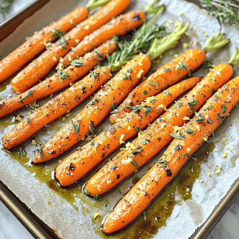 - 1 lb (450 g) baby carrots, peeled - 4 tablespoons extra virgin olive oil - 4 cloves garlic, minced - 2 tablespoons fresh rosemary, finely chopped - 2 tablespoons fresh thyme, finely chopped - 1 teaspoon sea salt - 1/2 teaspoon freshly ground black pepper - Zest of 1 lemon - 2 tablespoons balsamic vinegar - Calories per serving: About 150 calories. - Macronutrient breakdown: - Fats: 10 g - Carbohydrates: 15 g - Proteins: 1 g - Health benefits of key ingredients: - Carrots: Rich in beta-carotene for good vision. - Garlic: Boosts the immune system and adds flavor. - Olive oil: Heart-healthy fat full of antioxidants. - Herbs: Rosemary and thyme have anti-inflammatory properties. These ingredients come together to make a dish that is not only tasty but also good for you. For the full recipe, check out the detailed instructions to bring this flavor-packed side dish to your table! 1. First, preheat your oven to 425°F (220°C). This heat helps the carrots roast well. Place the oven rack in the middle for even cooking. 2. Next, take a large mixing bowl. Add the peeled baby carrots. Pour in the extra virgin olive oil. Then, add the minced garlic, chopped rosemary, chopped thyme, sea salt, and black pepper. Use your hands or a spatula to mix the carrots. Toss until each carrot is well coated. 3. Line a baking sheet with parchment paper. This step makes cleanup easier. Spread the coated carrots on the sheet in a single layer. Make sure they have space. Overcrowding can stop them from roasting evenly. 4. Place the baking sheet in the oven. Roast the carrots for 25-30 minutes. Halfway through, gently toss the carrots. This helps them caramelize. They should be tender and slightly golden when done. 5. Once the carrots are out of the oven, drizzle balsamic vinegar over them. Sprinkle fresh lemon zest on top. Toss everything gently to mix. This step allows the flavors to blend. 6. Serve the roasted carrots hot. For a nice touch, you can add more fresh herbs like thyme or rosemary on top. Arrange the carrots on a bright platter. Drizzle any juices from the baking sheet over them. A sprinkle of toasted sesame seeds adds crunch and looks great too. For the full recipe, check the earlier section. Enjoy your delicious garlic herb roasted carrots! To get the best garlic herb roasted carrots, follow these tips for even cooking: - Achieving even caramelization: Cut the carrots into similar sizes. This helps them roast uniformly. A mix of whole baby carrots and halved larger ones can also work well. Toss them in oil and seasonings to coat evenly. - Avoiding overcrowding the baking sheet: Spread the carrots in a single layer. If they are too close, they will steam instead of roast. Use two sheets if needed to ensure they have room to breathe. Want to amp up the flavor? Here are some fun ideas: - Adding spices for an extra kick: Try adding a pinch of paprika or cumin. These spices add warmth and depth to the dish. Just sprinkle a little before roasting. - Using different herbs: Fresh herbs can change the game. Parsley or dill can give a fresh twist. Mix and match to find your favorite flavor combo. Make your dish look as good as it tastes: - Creative serving ideas: Serve the roasted carrots on a colorful platter. You can arrange them in a fan shape or in a circle for a fun look. - Enhancing visual appeal with garnishes: Add a sprinkle of toasted sesame seeds for crunch. A few extra fresh herbs on top can add color and freshness. A drizzle of balsamic reduction can also elevate the dish. For the full recipe, check out the detailed steps to make these tasty garlic herb roasted carrots. {{image_4}} You can switch out carrots for other root veggies. Try parsnips, sweet potatoes, or beets. These options add unique flavors and colors to your dish. When you use different root vegetables, adjust cooking times. Some may need a bit longer to roast until tender. For oils, you can swap olive oil for avocado or coconut oil. These oils bring their own flavors and health benefits. If you want a tangy kick, try different vinegars. Apple cider vinegar or red wine vinegar can add a nice twist to your roasted carrots. Roasting is my favorite method for carrots. It brings out their natural sweetness and gives a nice caramelized finish. You can also steam or grill carrots if you prefer. Steaming keeps them tender and bright in color. Grilling adds a smoky flavor that pairs well with herbs. If you're short on time, consider using an Instant Pot or air fryer. The Instant Pot cooks carrots fast and keeps them moist. The air fryer gives you the crunch you love, similar to roasting, but quicker. Just watch the cooking time so they don’t overcook. To add sweetness, drizzle honey or maple syrup over the carrots before roasting. This creates a lovely glaze that enhances their flavor. You can also experiment with citrus. Adding orange zest or juice brightens the dish and adds a refreshing taste. These simple tweaks can take your garlic herb roasted carrots to the next level. For the full recipe, check out the full recipe section to guide you through making this delicious side dish! To keep your garlic herb roasted carrots fresh, store them in an airtight container. Place them in the fridge within two hours of cooking. They stay good for about three to five days. Check for any signs of spoilage before eating. When you want to enjoy your roasted carrots again, the best method is the oven. Preheat your oven to 350°F (175°C). Spread the carrots on a baking sheet and heat for about 10-15 minutes. This way, they regain some of their original crispness. You can also use a microwave, but the texture may not be as nice. If you go this route, heat them in short bursts of 30 seconds until warm. You can freeze garlic herb roasted carrots for later use. First, let them cool completely. Then, place them in a freezer-safe bag or container. They can last for up to three months in the freezer. To reheat, thaw in the fridge overnight. Then, bake them in the oven at 350°F (175°C) until warm. You can add them to soups, stir-fries, or salads for an easy boost of flavor. If you want to make a meal, toss them with grains or proteins for a delicious, quick dish. For the complete recipe, refer to the [Full Recipe]. Yes, you can use regular carrots. You will need to cut them into smaller pieces, about the same size as baby carrots. This helps them cook evenly. Regular carrots usually take a bit longer to cook. Check for tenderness after 30 minutes of roasting. The goal is soft, caramelized carrots. To make this dish vegan, simply ensure the olive oil is plant-based, which it already is. If you like, you can skip the balsamic vinegar for a different flavor. Try using maple syrup or a splash of vegetable broth instead. This keeps the dish tasty and plant-based. Garlic herb roasted carrots go well with many dishes. They are great with roasted chicken or grilled steak. You can also serve them alongside quinoa or a fresh salad. Their bright flavor enhances any meal. Try them with a creamy pasta dish for a delightful contrast. In this post, we explored how to make garlic herb roasted carrots. We covered ingredients, nutrition, and cooking steps. I shared tips on roasting, flavor tweaks, and creative presentations. You can even swap ingredients or methods for more variety. Remember, these carrots are not only tasty but also healthy. Whether served as a side or in a salad, they bring out great flavors. Enjoy cooking and experimenting with this simple dish!