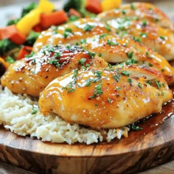 To make Easy Honey Garlic Chicken Breasts, gather these ingredients. Each one plays a key role in flavor. - 4 boneless, skinless chicken breasts - 1/3 cup honey - 3 cloves garlic, finely minced - 2 tablespoons low-sodium soy sauce - 1 tablespoon apple cider vinegar - 1 tablespoon cornstarch - 2 tablespoons extra virgin olive oil - Salt and freshly ground black pepper, to taste - Fresh parsley, finely chopped (for garnish) The chicken breasts are the star here. They need to be tender and juicy. Honey adds sweetness and a lovely glaze. Minced garlic brings a strong, savory punch. Soy sauce gives a salty depth, while vinegar adds a nice balance. Cornstarch thickens the sauce, making it rich. Olive oil helps cook the chicken without sticking. Finally, salt and pepper enhance all the flavors. Fresh parsley adds a pop of color and freshness. For the full recipe, check out the complete instructions to create this fantastic dish. To start, mix honey, minced garlic, and soy sauce in a bowl. This mix gives the chicken its sweet and savory taste. Next, add cornstarch. This ingredient is key for making the sauce thick and sticky. Without it, the sauce may be too runny. Before marinating, season both sides of the chicken breasts with salt and pepper. This step boosts the chicken's flavor. After seasoning, place the chicken in a resealable bag or dish, then add the marinade. Make sure each piece is well coated. Seal the bag or cover the dish. Let it marinate for at least 30 minutes, or up to 2 hours for more flavor. Heat olive oil in a large skillet over medium heat. Remove the chicken from the marinade, letting any extra drip off. Place the chicken in the hot skillet. Cook for 5-7 minutes on each side. Look for a golden-brown crust and check that the internal temperature reaches 165°F (75°C). This ensures the chicken is safe to eat. After cooking, take the chicken out and keep it warm on a plate. In the same skillet, pour in the reserved marinade. Bring it to a gentle simmer over medium heat. Stir often for 2-3 minutes until the sauce thickens and shines. Now, drizzle this sauce over the chicken or toss it in the skillet to coat well. This adds a burst of flavor and makes the dish look great. To get that golden-brown crust, start by heating your skillet well. Use medium heat to avoid burning. When the oil is hot, place the chicken in the skillet. Don't overcrowd the pan. Leave space between each piece. This helps the chicken cook evenly. For juicy chicken breasts, remember to season well. Use salt and pepper on both sides before cooking. Marinating also helps. It adds moisture and flavor. Let the chicken sit in the marinade for at least 30 minutes. Longer is better, up to two hours. This really enhances the taste. To make your honey garlic chicken even better, think about sides. Fluffy steamed rice works great. It soaks up the tasty sauce. Seasonal roasted vegetables also add a nice touch. You can mix colors and textures for a beautiful plate. For garnishing, use fresh parsley. It adds color and freshness. Chop it finely and sprinkle it over the chicken before serving. This small step boosts the dish's visual appeal. Feel free to change the recipe to suit your taste. Want less sweetness? Use less honey. You can also try maple syrup or agave. They give a different flavor. For a tangy kick, switch apple cider vinegar with lemon juice. If you like spice, add red pepper flakes or hot sauce. Start with a small amount and taste. You can always add more, but it’s hard to take it away. Adjust to your liking, and enjoy your custom dish! {{image_4}} You can easily switch up some ingredients in this recipe. Here are a few ideas: - Different Sweeteners: Use maple syrup or agave nectar if you want. They work well in place of honey. Each option gives a unique flavor twist. - Vinegar Choices: Apple cider vinegar adds a nice tang. You can also try rice vinegar or balsamic vinegar for a new taste. - Protein Substitutes: If you prefer, use pork chops or tofu instead of chicken. Adjust cooking times based on the protein you choose. For example, pork needs more heat. Tofu absorbs flavors well, so marinate it just like chicken. Explore flavors from around the world to make this dish your own. Here are some fun ideas: - Cuisines Influence: Add a splash of soy sauce for an Asian flair. Use curry powder for an Indian twist. Each culture brings its own spin to this dish. - New Herbs and Spices: Try adding fresh ginger for a zesty kick. You can also use rosemary for a more earthy taste. Fresh herbs add brightness and depth to your meal. Feel free to experiment with these variations. Each change can unlock a different flavor profile, making your honey garlic chicken unique every time you cook it. Want to dive deeper? Check out the Full Recipe for all the details! To keep your honey garlic chicken fresh, store it in the fridge. Place the chicken in an airtight container. It will last for about 3 to 4 days. For longer storage, freeze the chicken. Wrap it tightly in plastic wrap or foil. Then, place it in a freezer-safe bag. This way, it can last for up to 3 months. When reheating, use the oven or stovetop. The oven helps keep the chicken juicy. Preheat it to 350°F (175°C). Place the chicken in a baking dish, cover it with foil, and heat for about 15-20 minutes. On the stovetop, use a skillet over medium heat. Add a splash of water or broth to keep it moist. Heat for about 5-7 minutes, flipping the chicken halfway. Always check that the internal temperature reaches 165°F (75°C) for safety. You should marinate the chicken for at least 30 minutes. This lets the flavors soak in. If you have time, marinating for up to 2 hours gives even better taste. The honey and garlic will really shine! Yes, you can use bone-in chicken. Just add a few extra minutes to the cooking time. Make sure the internal temperature reaches 165°F (75°C). This ensures it cooks all the way through. This dish pairs well with several sides. Try serving it with fluffy rice or roasted vegetables. Steamed broccoli or a fresh salad also make great choices. These sides balance the sweet and savory flavors. Yes, you can make this dish gluten-free. Simply substitute regular soy sauce with gluten-free soy sauce. This keeps the flavor while making it safe for gluten-free diets. The best way to check is by using a meat thermometer. Insert it into the thickest part of the chicken. It should read 165°F (75°C). This ensures the chicken is safe to eat and juicy. For the full recipe, check out the details above. Enjoy your cooking! In this blog post, we explored how to make honey garlic chicken. We covered the key ingredients, the marinade preparation, and cooking techniques. I shared tips for perfecting texture and flavor, along with serving ideas and possible variations. Remember, marinating is key for great taste. Whether you stick to the original recipe or make a twist, enjoy the process. You’ll impress everyone with a dish that’s simple yet packed with flavor. Happy cooking!
