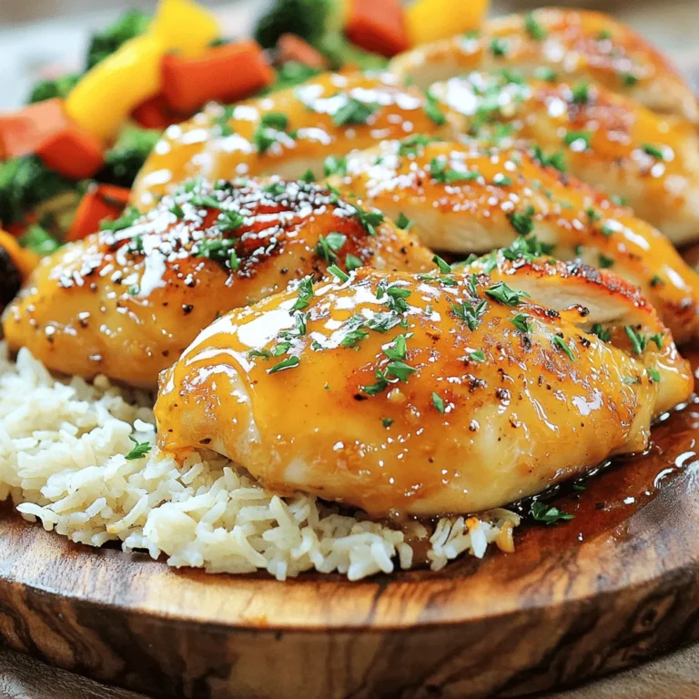 To make Easy Honey Garlic Chicken Breasts, gather these ingredients. Each one plays a key role in flavor. - 4 boneless, skinless chicken breasts - 1/3 cup honey - 3 cloves garlic, finely minced - 2 tablespoons low-sodium soy sauce - 1 tablespoon apple cider vinegar - 1 tablespoon cornstarch - 2 tablespoons extra virgin olive oil - Salt and freshly ground black pepper, to taste - Fresh parsley, finely chopped (for garnish) The chicken breasts are the star here. They need to be tender and juicy. Honey adds sweetness and a lovely glaze. Minced garlic brings a strong, savory punch. Soy sauce gives a salty depth, while vinegar adds a nice balance. Cornstarch thickens the sauce, making it rich. Olive oil helps cook the chicken without sticking. Finally, salt and pepper enhance all the flavors. Fresh parsley adds a pop of color and freshness. For the full recipe, check out the complete instructions to create this fantastic dish. To start, mix honey, minced garlic, and soy sauce in a bowl. This mix gives the chicken its sweet and savory taste. Next, add cornstarch. This ingredient is key for making the sauce thick and sticky. Without it, the sauce may be too runny. Before marinating, season both sides of the chicken breasts with salt and pepper. This step boosts the chicken's flavor. After seasoning, place the chicken in a resealable bag or dish, then add the marinade. Make sure each piece is well coated. Seal the bag or cover the dish. Let it marinate for at least 30 minutes, or up to 2 hours for more flavor. Heat olive oil in a large skillet over medium heat. Remove the chicken from the marinade, letting any extra drip off. Place the chicken in the hot skillet. Cook for 5-7 minutes on each side. Look for a golden-brown crust and check that the internal temperature reaches 165°F (75°C). This ensures the chicken is safe to eat. After cooking, take the chicken out and keep it warm on a plate. In the same skillet, pour in the reserved marinade. Bring it to a gentle simmer over medium heat. Stir often for 2-3 minutes until the sauce thickens and shines. Now, drizzle this sauce over the chicken or toss it in the skillet to coat well. This adds a burst of flavor and makes the dish look great. To get that golden-brown crust, start by heating your skillet well. Use medium heat to avoid burning. When the oil is hot, place the chicken in the skillet. Don't overcrowd the pan. Leave space between each piece. This helps the chicken cook evenly. For juicy chicken breasts, remember to season well. Use salt and pepper on both sides before cooking. Marinating also helps. It adds moisture and flavor. Let the chicken sit in the marinade for at least 30 minutes. Longer is better, up to two hours. This really enhances the taste. To make your honey garlic chicken even better, think about sides. Fluffy steamed rice works great. It soaks up the tasty sauce. Seasonal roasted vegetables also add a nice touch. You can mix colors and textures for a beautiful plate. For garnishing, use fresh parsley. It adds color and freshness. Chop it finely and sprinkle it over the chicken before serving. This small step boosts the dish's visual appeal. Feel free to change the recipe to suit your taste. Want less sweetness? Use less honey. You can also try maple syrup or agave. They give a different flavor. For a tangy kick, switch apple cider vinegar with lemon juice. If you like spice, add red pepper flakes or hot sauce. Start with a small amount and taste. You can always add more, but it’s hard to take it away. Adjust to your liking, and enjoy your custom dish! {{image_4}} You can easily switch up some ingredients in this recipe. Here are a few ideas: - Different Sweeteners: Use maple syrup or agave nectar if you want. They work well in place of honey. Each option gives a unique flavor twist. - Vinegar Choices: Apple cider vinegar adds a nice tang. You can also try rice vinegar or balsamic vinegar for a new taste. - Protein Substitutes: If you prefer, use pork chops or tofu instead of chicken. Adjust cooking times based on the protein you choose. For example, pork needs more heat. Tofu absorbs flavors well, so marinate it just like chicken. Explore flavors from around the world to make this dish your own. Here are some fun ideas: - Cuisines Influence: Add a splash of soy sauce for an Asian flair. Use curry powder for an Indian twist. Each culture brings its own spin to this dish. - New Herbs and Spices: Try adding fresh ginger for a zesty kick. You can also use rosemary for a more earthy taste. Fresh herbs add brightness and depth to your meal. Feel free to experiment with these variations. Each change can unlock a different flavor profile, making your honey garlic chicken unique every time you cook it. Want to dive deeper? Check out the Full Recipe for all the details! To keep your honey garlic chicken fresh, store it in the fridge. Place the chicken in an airtight container. It will last for about 3 to 4 days. For longer storage, freeze the chicken. Wrap it tightly in plastic wrap or foil. Then, place it in a freezer-safe bag. This way, it can last for up to 3 months. When reheating, use the oven or stovetop. The oven helps keep the chicken juicy. Preheat it to 350°F (175°C). Place the chicken in a baking dish, cover it with foil, and heat for about 15-20 minutes. On the stovetop, use a skillet over medium heat. Add a splash of water or broth to keep it moist. Heat for about 5-7 minutes, flipping the chicken halfway. Always check that the internal temperature reaches 165°F (75°C) for safety. You should marinate the chicken for at least 30 minutes. This lets the flavors soak in. If you have time, marinating for up to 2 hours gives even better taste. The honey and garlic will really shine! Yes, you can use bone-in chicken. Just add a few extra minutes to the cooking time. Make sure the internal temperature reaches 165°F (75°C). This ensures it cooks all the way through. This dish pairs well with several sides. Try serving it with fluffy rice or roasted vegetables. Steamed broccoli or a fresh salad also make great choices. These sides balance the sweet and savory flavors. Yes, you can make this dish gluten-free. Simply substitute regular soy sauce with gluten-free soy sauce. This keeps the flavor while making it safe for gluten-free diets. The best way to check is by using a meat thermometer. Insert it into the thickest part of the chicken. It should read 165°F (75°C). This ensures the chicken is safe to eat and juicy. For the full recipe, check out the details above. Enjoy your cooking! In this blog post, we explored how to make honey garlic chicken. We covered the key ingredients, the marinade preparation, and cooking techniques. I shared tips for perfecting texture and flavor, along with serving ideas and possible variations. Remember, marinating is key for great taste. Whether you stick to the original recipe or make a twist, enjoy the process. You’ll impress everyone with a dish that’s simple yet packed with flavor. Happy cooking!