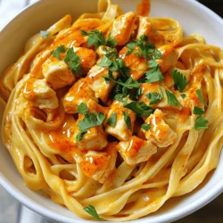 To make a great Buffalo Chicken Alfredo Pasta, you need some simple ingredients. Here’s what you’ll need: - 8 oz fettuccine pasta - 2 tablespoons olive oil - 1 lb chicken breast, diced into bite-sized pieces - 1 teaspoon garlic powder - 1 teaspoon onion powder - 1 teaspoon smoked paprika - Salt and pepper, to taste - 1/2 cup buffalo sauce (adjust to your spice preference) - 1 cup heavy cream - 1 cup freshly grated Parmesan cheese - 2 tablespoons chopped fresh parsley (for garnish) Each ingredient plays a key role in making this dish delicious. The fettuccine pasta serves as a great base. It holds the creamy sauce well. The chicken adds protein and heartiness. Seasonings like garlic powder and smoked paprika create depth. Buffalo sauce adds that spicy kick. The heavy cream and Parmesan cheese make the Alfredo sauce rich and smooth. Finally, parsley adds a fresh touch. When you gather these ingredients, you set the stage for a warm, comforting meal. You can adjust ingredients based on your taste. Want it spicier? Add more buffalo sauce. Prefer it creamier? Use extra heavy cream. The choice is yours, making this dish fun and flexible. You can find the full recipe details to guide you through the cooking process. To start, fill a large pot with water. Add a good amount of salt to the water. Bring it to a rolling boil. Carefully add the fettuccine. You want to cook it for about 8-10 minutes until it is firm yet tender, known as al dente. This gives the pasta a nice bite. After cooking, drain the pasta but don’t forget to reserve about 1/2 cup of that starchy pasta water. This water helps to adjust the sauce later. Next, let’s focus on the chicken. In a large skillet, heat 2 tablespoons of olive oil over medium-high heat. Wait until the oil is hot, then add the diced chicken. For a tasty kick, sprinkle in 1 teaspoon each of garlic powder, onion powder, and smoked paprika. Add salt and pepper to taste. Cook the chicken for about 6-8 minutes. Stir occasionally until it turns golden brown and is fully cooked. This gives the chicken a nice flavor and a great look. Now, let’s create the sauce. Lower the heat to medium-low. Pour in the buffalo sauce, coating the cooked chicken well. Let it simmer for about 2 minutes to mix the flavors. Next, we will make the Alfredo sauce. Move the chicken to one side of the skillet. Pour 1 cup of heavy cream into the other side. Stir it gently until it starts to simmer. Gradually whisk in 1 cup of grated Parmesan cheese. Keep stirring until it melts completely. You now have a creamy, rich sauce. It’s time to bring everything together. Carefully add the cooked fettuccine to the skillet. Toss it gently with the buffalo chicken and creamy sauce. If you find the sauce is too thick, use that reserved pasta water. Add it slowly, a little at a time, until you get the right consistency. Make sure to mix everything well so the pasta is fully coated. Don’t forget to taste it! Adjust the seasoning with more salt, pepper, or buffalo sauce if you like it spicy. For the full recipe, you can refer to the instructions listed above. Enjoy your flavorful comfort meal! To make your Buffalo Chicken Alfredo Pasta even tastier, try adding a few spices. Consider using cayenne pepper for more heat or a pinch of smoked paprika for a subtle smoky taste. You can also toss in some chopped green onions for a fresh touch. If you want to balance the heat from the buffalo sauce, add a splash of lemon juice. This makes the flavors pop and cuts through the richness of the cream. For this recipe, you really need a large skillet. It helps cook the chicken evenly and combine the sauce nicely. A whisk is great for mixing the cream and cheese, ensuring a smooth sauce. One common mistake is overcooking the chicken. Make sure to cook it just until golden brown. This keeps it juicy and tender. Serving matters! Use deep bowls for a nice look. A sprinkle of fresh parsley adds color and freshness. For a special touch, drizzle some extra buffalo sauce on top. You can also add a few slices of celery on the side for crunch. If you want to impress, layer the pasta and sauce in a baking dish and bake it for a few minutes. This gives it a beautiful, bubbly top. {{image_4}} You can make Buffalo Chicken Alfredo Pasta using different proteins. If you want a seafood twist, try shrimp. Simply sauté the shrimp for about 3-4 minutes until they turn pink. For a plant-based option, use tofu. Press the tofu to remove water, then cube it. Sauté it until golden brown for a tasty vegan choice. These swaps keep your meal exciting while catering to various diets. Fettuccine is classic, but other pasta types work great too. Penne, rigatoni, or even rotini can add fun shapes and textures. If you're gluten-free, use brown rice pasta or chickpea pasta. These alternatives taste amazing and keep the dish hearty. They make it easy for everyone to enjoy a comforting pasta meal. Buffalo sauce is key, but you can adjust it to suit your taste. For a milder flavor, use half the buffalo sauce and mix in some ranch dressing. This gives a creamy, cool balance. Feel free to add veggies like spinach or bell peppers to the sauce for extra nutrition. Different cheese types, like mozzarella or gouda, can also enhance the creaminess and add depth to your dish. To keep your Buffalo Chicken Alfredo Pasta fresh, store it in an airtight container. Make sure it cools down to room temperature before sealing it. This helps prevent moisture build-up and keeps the pasta from getting mushy. When stored properly, it stays fresh for about 3-4 days in the fridge. When it’s time to enjoy your leftovers, the best way to reheat is on the stove. Heat a skillet over low to medium heat. Add a splash of milk or cream to the pasta. This helps restore its creaminess. Stir frequently to avoid sticking or burning. You can also use the microwave. Just cover the dish and heat in short intervals, stirring in between. This keeps it from drying out. Fettuccine is the best pasta for this dish. It has a nice, thick texture that holds the creamy sauce well. You can also use penne or rigatoni if you prefer. These shapes catch the sauce and chicken bits, making every bite tasty. For a gluten-free option, look for gluten-free pasta that matches the shape you like. Yes, you can prepare Buffalo Chicken Alfredo ahead of time. Cook the pasta and chicken, then store them separately. Keep the sauce in another container. When you're ready to eat, just heat everything together. It’s best to eat it within two days for freshness. To make this dish less spicy, use less buffalo sauce. You can also mix in some cream or cheese to balance the heat. If you want it milder, try using a mild buffalo sauce. Another option is to add more heavy cream to the sauce, which will cool it down. Buffalo Chicken Alfredo can be kid-friendly with a few tweaks. If your kids don’t like spice, cut back on the buffalo sauce. You can offer it on the side for dipping. Serve the pasta with extra cheese on top for added flavor. Kids usually love creamy pasta dishes, so this one is a hit! For the complete detailed instructions on how to make Buffalo Chicken Alfredo Pasta, check the full recipe above. This blog post covers how to make Buffalo Chicken Alfredo Pasta. We discussed key ingredients, cooking steps, and tips for best results. Don’t forget the importance of reserving pasta water for a creamy sauce. You can make this dish fit your taste by customizing proteins and spices. Lastly, storage tips help you keep leftovers fresh. Enjoy creating this delicious meal and impressing your family and friends with your cooking skills. Happy cooking!