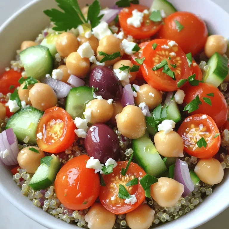 - 1 cup quinoa, rinsed thoroughly - 2 cups vegetable broth or water - 1 cup cherry tomatoes, halved - 1 cucumber, diced into small cubes - 1/2 red onion, finely chopped - 1 red bell pepper, diced - 1 cup canned chickpeas, rinsed and drained - 1/2 cup kalamata olives, pitted and sliced - 1/4 cup fresh parsley, finely chopped - 1/4 cup feta cheese, crumbled (optional) - 3 tablespoons extra virgin olive oil - 2 tablespoons fresh lemon juice - 1 teaspoon dried oregano - Salt and freshly ground pepper to taste The ingredients for the Mediterranean Quinoa Bowl are simple yet vibrant. Each one adds a unique flavor. The quinoa serves as the hearty base, providing protein and fiber. I love using vegetable broth for cooking it; it adds depth to the flavor. The cherry tomatoes burst with sweetness. The cucumber offers a refreshing crunch. The red onion and red bell pepper lend their distinct tastes. The chickpeas pack in more protein, making this meal filling. Kalamata olives introduce a salty, briny kick. Fresh parsley brightens the dish with its herbal notes. If you like cheese, add feta for creaminess. The dressing is where the magic happens. Extra virgin olive oil provides richness while lemon juice adds a zesty touch. Dried oregano brings a hint of earthiness. Don’t forget salt and pepper; they enhance all the flavors. For the complete recipe and instructions, check out the [Full Recipe]. - Bring vegetable broth or water to a boil. - Add rinsed quinoa and reduce heat to low. - Let simmer until the liquid is absorbed and quinoa is fluffy. Cooking quinoa is simple. Start by boiling your vegetable broth or water in a medium pot. Once it's bubbling, add the rinsed quinoa. Remember to reduce the heat to low. Cover the pot and let it simmer for about 15 minutes. This allows the quinoa to absorb the liquid. When done, fluff it with a fork for that perfect texture. - Combine cherry tomatoes, cucumber, red onion, bell pepper, chickpeas, and olives in a bowl. - Stir gently to mix the ingredients. While the quinoa cooks, chop your vegetables. In a large mixing bowl, add the halved cherry tomatoes, diced cucumber, finely chopped red onion, diced bell pepper, rinsed chickpeas, and sliced kalamata olives. Stir gently to mix everything together. This mix brings fresh flavors and colors to your bowl. - Whisk together olive oil, lemon juice, oregano, salt, and pepper. - Taste and adjust seasoning if needed. For the dressing, grab a small bowl. Whisk together olive oil, fresh lemon juice, dried oregano, salt, and pepper. This creates a zesty dressing that ties everything together. Taste it and adjust the seasoning if needed. You can add more lemon or salt to suit your taste. - Add cooked quinoa to the vegetable mixture. - Drizzle dressing and toss until evenly combined. Now that everything is ready, add the cooked quinoa to your bowl of veggies. Drizzle your freshly made dressing over the top. Toss all the ingredients together gently until everything is well mixed. This step ensures that every bite is flavorful. - Fold in parsley and feta cheese. - Adjust seasoning to taste. For the final touches, fold in the chopped parsley and crumbled feta cheese if you’re using it. This adds a fresh burst and creamy texture. Taste the mixture and adjust the seasoning again if necessary. A little more salt or lemon juice can enhance the flavors even more. Now you’re ready to enjoy your Mediterranean Quinoa Bowl! For the detailed recipe, check out the Full Recipe. - Prepare ingredients in advance to save time during the week. - Store cooked quinoa and chopped vegetables separately for better freshness. Meal prep helps you enjoy this dish easily. Cook quinoa on Sunday and use it all week. Chop your veggies in advance. This makes assembly quick and easy on busy days. - Experiment with fresh herbs like mint or dill for added flavor. - Use lemon zest for an extra citrusy aroma. Herbs can change the flavor. Mint adds freshness, while dill gives a nice twist. Lemon zest brightens the dish. Just a little can make a big impact. - Rinse quinoa thoroughly to remove bitterness. - Let quinoa sit covered off the heat to enhance its fluffiness. Rinsing quinoa is key. It removes saponins that can taste bitter. After cooking, let it sit covered for five minutes. This step makes it fluffy and light. For the full recipe, check out the Mediterranean Quinoa Bowl. {{image_4}} When you make a Mediterranean quinoa bowl, there are many ways to change it up. Here are some fun ideas to try. You can boost the protein in your bowl easily. - Add grilled chicken or shrimp for extra protein. - Substitute chickpeas with black beans for a different flavor profile. These additions can make your meal heartier and more filling. Grilled chicken offers a smoky taste, while shrimp adds a sweet flavor. Black beans can give a rich, earthy taste that pairs well with other ingredients. Want a twist? You can switch some ingredients for dietary needs. - Use vegan feta or omit cheese for a dairy-free version. - Swap olive oil with avocado oil for a different taste and health benefits. These changes can help you enjoy the bowl while sticking to your diet. Vegan feta is creamy and delicious, while avocado oil adds a fresh taste. Both keep your meal healthy and tasty. Make your bowl vibrant with seasonal veggies! - Incorporate seasonal vegetables like zucchini, asparagus, or bell peppers. - Use fresh herbs aligned with the season for a vibrant twist. Using seasonal veggies not only tastes great but also supports local farming. Fresh herbs like basil or mint can brighten up your dish. This way, your Mediterranean quinoa bowl stays exciting all year! Feel free to explore these variations and make the dish your own. For the full recipe, check out the Mediterranean Quinoa Bowl recipe. Store your Mediterranean Quinoa Bowl in an airtight container. It stays fresh in the refrigerator for up to 4 days. This makes it easy to enjoy tasty meals throughout the week. You can freeze the quinoa bowl in individual portions. This helps you grab meals on busy days. Just make sure to eat it within 2-3 months for the best flavor and texture. To reheat, thaw your bowl in the refrigerator overnight. This keeps it from getting soggy. You can warm it in a microwave or on the stovetop. Add a splash of water while reheating to keep it moist. You want to avoid a dry meal! Check out the Full Recipe for more details on making the Mediterranean Quinoa Bowl. A Mediterranean Quinoa Bowl is a nutritious dish. It features quinoa and many Mediterranean-inspired vegetables. You get a mix of colors and flavors that are both tasty and healthy. This bowl is perfect for lunch or dinner. You can customize it with your favorite toppings. To make quinoa fluffy, start by rinsing it well. This removes any bitterness. Then, cook it in water or broth. After cooking, let it sit covered for a few minutes. This steaming step helps it become light and fluffy. Yes, you can make this recipe ahead of time. Cook the quinoa and prepare the vegetables. Then, store them in the fridge. This makes it easy to grab a quick meal later in the week. You can use vegan feta or cottage cheese instead. If you prefer a lighter version, simply omit the cheese. This keeps the flavors bright and fresh without losing taste. Yes, quinoa is naturally gluten-free. This makes the Mediterranean Quinoa Bowl a great option for those with gluten sensitivities. You can enjoy it without worry. This blog post covered how to make a tasty Mediterranean quinoa bowl from scratch. You learned about key ingredients, step-by-step instructions, and storage tips. This dish is nutritious, easy to prepare, and perfect for meal prep. Don’t hesitate to try different vegetables, proteins, or dressings to suit your taste. Enjoy the fresh flavors and health benefits of this versatile recipe. You will impress friends and family with your cooking skills while enjoying a delicious meal.