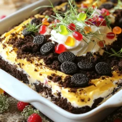 To make Easter Dirt Cake Casserole, you need the following items: - 1 package (15.25 oz) chocolate cake mix - 3 cups milk - 2 packages (3.4 oz each) instant vanilla pudding mix - 1 container (8 oz) whipped topping (like Cool Whip) - 1 package (20 oz) crushed Oreo cookies - 1 cup gummy worms - Edible grass (store-bought or homemade) - Fresh berries for garnish (optional) These ingredients come together to create a fun and tasty dessert. The chocolate cake mix forms the base, while the pudding adds creaminess. The crushed Oreos give it a unique texture and flavor. If you need to swap some ingredients, here are a few ideas: - Use a gluten-free cake mix instead of the regular chocolate cake mix. - Swap out the instant vanilla pudding for chocolate pudding for a richer flavor. - Instead of whipped topping, you can use whipped cream for a fresher taste. - For a healthier option, consider using yogurt in place of whipped topping. - If you don't have gummy worms, use any candy that fits the theme. These substitutions can help you adjust the recipe to fit your needs while keeping it fun. For a delightful presentation, consider these garnishes: - Fresh berries add a nice touch and enhance the look. - Use extra gummy worms to create a playful vibe. - Sprinkle edible grass on top for a garden-like finish. - Small chocolate eggs can add color and excitement. These garnishes not only improve the look but also add a burst of flavor. Enjoy customizing your Easter Dirt Cake Casserole! Making Easter Dirt Cake Casserole is fun and easy. You start by gathering your ingredients and tools. You will need a large mixing bowl, a whisk, and a baking dish. It takes about 20 minutes to prep before baking begins. First, preheat your oven to 350°F (175°C). This ensures your cake bakes evenly. Next, you need to grease a 9x13 inch baking dish. I like to use cooking spray for easy cleanup. Follow the directions on the cake mix box to make the batter. Once mixed, pour it into the dish and spread it out. Bake for 30-35 minutes. Check the cake with a toothpick. If it comes out clean, the cake is ready! Let it cool completely on a wire rack before moving on. While the cake cools, it's time to prepare the pudding mix. In a large bowl, combine the pudding mix with 3 cups of milk. Whisk it until smooth. Let it sit for about 5 minutes to thicken. Next, fold in the whipped topping gently. You want it smooth and creamy. After the cake cools, crumble it into large pieces in the baking dish. This gives great texture. Spread the pudding mixture over the crumbled cake evenly. Now, sprinkle crushed Oreo cookies on top for a dirt-like look. Finally, decorate with gummy worms and edible grass. Let the casserole chill in the fridge for at least 2 hours. This helps the layers firm up. Enjoy this fun treat with family and friends! You can find the Full Recipe for more details. Chilling your Easter Dirt Cake Casserole is key. I recommend letting it sit in the fridge for at least 2 hours. This helps the flavors blend well. The pudding gets thicker and creamier when chilled. Plus, the cake absorbs moisture, making it soft and tasty. If you can, chill it overnight for the best taste. Presentation makes this dish even more fun. For a bright touch, add fresh berries on top. You can use strawberries, blueberries, or raspberries. They look lovely and add a burst of flavor. Arrange extra gummy worms around the dish for a playful feel. Edible grass adds texture and a garden-like look, enhancing the theme. Play with colors and shapes for an eye-catching display! One common mistake is skipping the cooling step. Always let your cake cool completely before crumbling it. This helps avoid sogginess. Another mistake is not using enough crushed Oreos. A thick layer of Oreos gives the best "dirt" look. Lastly, don’t forget to chill! If you serve it warm, the layers will not hold up well. Follow these tips for a perfect Easter treat. {{image_4}} You can change the flavor of your Easter Dirt Cake Casserole easily. Try using vanilla cake mix for a lighter taste. You can also use chocolate pudding instead of vanilla for a richer chocolate flavor. For a fruity twist, mix in some pureed strawberries or raspberries into the pudding layer. This adds a fresh taste that pairs well with the chocolate cake. To make a gluten-free version, use a gluten-free chocolate cake mix. You can also choose a dairy-free pudding mix and non-dairy whipped topping. This way, everyone can enjoy the dessert. If you want a lower-sugar option, look for sugar-free pudding mix and use a sugar substitute in the cake. For decorations, get creative! Instead of gummy worms, use chocolate eggs or jelly beans for a fun look. You can also add edible flowers to give it a spring touch. If you want a more elegant look, sprinkle some cocoa powder or crushed nuts on top instead of Oreo crumbs. These small changes can make your dessert stand out. Check out the Full Recipe for all the details to create this delightful treat! To keep your Easter Dirt Cake Casserole fresh, cover it tightly with plastic wrap or foil. This helps prevent drying out. You can also place it in an airtight container. Store it in the refrigerator for up to three days. If you notice any leftovers, try to eat them quickly for the best taste. You can freeze Easter Dirt Cake Casserole, but the texture may change. To freeze, cut the casserole into portions. Wrap each piece tightly in plastic wrap, then place them in a freezer-safe bag. Label the bag with the date. You can freeze the casserole for up to a month. To serve, thaw in the fridge overnight before enjoying. When ready to serve your chilled casserole, cut it into squares. I like to place a fresh berry or two on top for a pop of color. You can also add a few gummy worms for fun. This makes the dish look festive and inviting. Enjoying it cold gives a nice contrast to the rich flavors. Easter Dirt Cake Casserole is a fun dessert that looks like a garden. It has layers of chocolate cake, creamy pudding, and crushed Oreo cookies. You can add gummy worms and edible grass for a playful touch. This dessert is perfect for Easter gatherings and is sure to delight kids and adults alike. Yes, you can make this dessert ahead of time. I recommend preparing it the day before you plan to serve it. This allows the flavors to blend and the layers to set. Just cover it well and keep it in the fridge until you're ready to enjoy. Making it in advance saves time and adds to the fun! When serving Easter Dirt Cake Casserole, scoop out portions with a large spoon. Each serving will show the fun layers. You can add fresh berries on top for color and flavor. Place extra gummy worms around the dish for added charm. This presentation makes it look even more festive and inviting. For the full recipe, check the earlier section. This blog post covered how to make a delightful Easter Dirt Cake Casserole. We explored the key ingredients, step-by-step instructions, and handy tips. I shared ways to customize flavors and adjust for special diets, plus storage info for leftovers. With this knowledge, you can create a fun and tasty dessert. Enjoy making this treat with friends and family, and don’t forget to have fun decorating it. Happy baking!