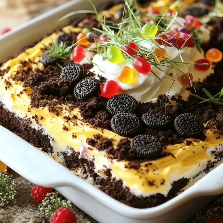 To make Easter Dirt Cake Casserole, you need the following items: - 1 package (15.25 oz) chocolate cake mix - 3 cups milk - 2 packages (3.4 oz each) instant vanilla pudding mix - 1 container (8 oz) whipped topping (like Cool Whip) - 1 package (20 oz) crushed Oreo cookies - 1 cup gummy worms - Edible grass (store-bought or homemade) - Fresh berries for garnish (optional) These ingredients come together to create a fun and tasty dessert. The chocolate cake mix forms the base, while the pudding adds creaminess. The crushed Oreos give it a unique texture and flavor. If you need to swap some ingredients, here are a few ideas: - Use a gluten-free cake mix instead of the regular chocolate cake mix. - Swap out the instant vanilla pudding for chocolate pudding for a richer flavor. - Instead of whipped topping, you can use whipped cream for a fresher taste. - For a healthier option, consider using yogurt in place of whipped topping. - If you don't have gummy worms, use any candy that fits the theme. These substitutions can help you adjust the recipe to fit your needs while keeping it fun. For a delightful presentation, consider these garnishes: - Fresh berries add a nice touch and enhance the look. - Use extra gummy worms to create a playful vibe. - Sprinkle edible grass on top for a garden-like finish. - Small chocolate eggs can add color and excitement. These garnishes not only improve the look but also add a burst of flavor. Enjoy customizing your Easter Dirt Cake Casserole! Making Easter Dirt Cake Casserole is fun and easy. You start by gathering your ingredients and tools. You will need a large mixing bowl, a whisk, and a baking dish. It takes about 20 minutes to prep before baking begins. First, preheat your oven to 350°F (175°C). This ensures your cake bakes evenly. Next, you need to grease a 9x13 inch baking dish. I like to use cooking spray for easy cleanup. Follow the directions on the cake mix box to make the batter. Once mixed, pour it into the dish and spread it out. Bake for 30-35 minutes. Check the cake with a toothpick. If it comes out clean, the cake is ready! Let it cool completely on a wire rack before moving on. While the cake cools, it's time to prepare the pudding mix. In a large bowl, combine the pudding mix with 3 cups of milk. Whisk it until smooth. Let it sit for about 5 minutes to thicken. Next, fold in the whipped topping gently. You want it smooth and creamy. After the cake cools, crumble it into large pieces in the baking dish. This gives great texture. Spread the pudding mixture over the crumbled cake evenly. Now, sprinkle crushed Oreo cookies on top for a dirt-like look. Finally, decorate with gummy worms and edible grass. Let the casserole chill in the fridge for at least 2 hours. This helps the layers firm up. Enjoy this fun treat with family and friends! You can find the Full Recipe for more details. Chilling your Easter Dirt Cake Casserole is key. I recommend letting it sit in the fridge for at least 2 hours. This helps the flavors blend well. The pudding gets thicker and creamier when chilled. Plus, the cake absorbs moisture, making it soft and tasty. If you can, chill it overnight for the best taste. Presentation makes this dish even more fun. For a bright touch, add fresh berries on top. You can use strawberries, blueberries, or raspberries. They look lovely and add a burst of flavor. Arrange extra gummy worms around the dish for a playful feel. Edible grass adds texture and a garden-like look, enhancing the theme. Play with colors and shapes for an eye-catching display! One common mistake is skipping the cooling step. Always let your cake cool completely before crumbling it. This helps avoid sogginess. Another mistake is not using enough crushed Oreos. A thick layer of Oreos gives the best "dirt" look. Lastly, don’t forget to chill! If you serve it warm, the layers will not hold up well. Follow these tips for a perfect Easter treat. {{image_4}} You can change the flavor of your Easter Dirt Cake Casserole easily. Try using vanilla cake mix for a lighter taste. You can also use chocolate pudding instead of vanilla for a richer chocolate flavor. For a fruity twist, mix in some pureed strawberries or raspberries into the pudding layer. This adds a fresh taste that pairs well with the chocolate cake. To make a gluten-free version, use a gluten-free chocolate cake mix. You can also choose a dairy-free pudding mix and non-dairy whipped topping. This way, everyone can enjoy the dessert. If you want a lower-sugar option, look for sugar-free pudding mix and use a sugar substitute in the cake. For decorations, get creative! Instead of gummy worms, use chocolate eggs or jelly beans for a fun look. You can also add edible flowers to give it a spring touch. If you want a more elegant look, sprinkle some cocoa powder or crushed nuts on top instead of Oreo crumbs. These small changes can make your dessert stand out. Check out the Full Recipe for all the details to create this delightful treat! To keep your Easter Dirt Cake Casserole fresh, cover it tightly with plastic wrap or foil. This helps prevent drying out. You can also place it in an airtight container. Store it in the refrigerator for up to three days. If you notice any leftovers, try to eat them quickly for the best taste. You can freeze Easter Dirt Cake Casserole, but the texture may change. To freeze, cut the casserole into portions. Wrap each piece tightly in plastic wrap, then place them in a freezer-safe bag. Label the bag with the date. You can freeze the casserole for up to a month. To serve, thaw in the fridge overnight before enjoying. When ready to serve your chilled casserole, cut it into squares. I like to place a fresh berry or two on top for a pop of color. You can also add a few gummy worms for fun. This makes the dish look festive and inviting. Enjoying it cold gives a nice contrast to the rich flavors. Easter Dirt Cake Casserole is a fun dessert that looks like a garden. It has layers of chocolate cake, creamy pudding, and crushed Oreo cookies. You can add gummy worms and edible grass for a playful touch. This dessert is perfect for Easter gatherings and is sure to delight kids and adults alike. Yes, you can make this dessert ahead of time. I recommend preparing it the day before you plan to serve it. This allows the flavors to blend and the layers to set. Just cover it well and keep it in the fridge until you're ready to enjoy. Making it in advance saves time and adds to the fun! When serving Easter Dirt Cake Casserole, scoop out portions with a large spoon. Each serving will show the fun layers. You can add fresh berries on top for color and flavor. Place extra gummy worms around the dish for added charm. This presentation makes it look even more festive and inviting. For the full recipe, check the earlier section. This blog post covered how to make a delightful Easter Dirt Cake Casserole. We explored the key ingredients, step-by-step instructions, and handy tips. I shared ways to customize flavors and adjust for special diets, plus storage info for leftovers. With this knowledge, you can create a fun and tasty dessert. Enjoy making this treat with friends and family, and don’t forget to have fun decorating it. Happy baking!