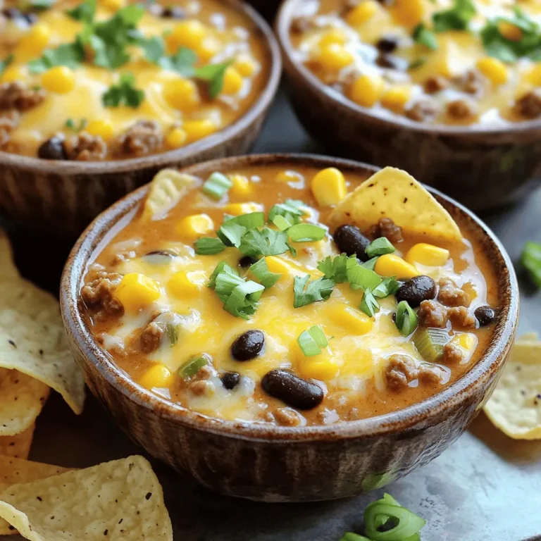 To make a delicious Slow Cooker Nacho Soup, you need simple, fresh ingredients. Here’s what you will need: - 1 lb ground beef or turkey - 1 medium onion, diced - 2 cloves garlic, minced - 1 can (15 oz) black beans, rinsed and drained - 1 can (15 oz) corn, drained - 1 can (10 oz) diced tomatoes with green chilies - 2 cups beef or chicken broth - 1 packet (about 1 oz) taco seasoning - 1 cup shredded cheddar cheese - 1 cup shredded pepper jack cheese - 1/2 cup sour cream - Tortilla chips, for serving - 2 green onions, sliced (for garnish) - Fresh cilantro, chopped (for garnish, optional) Each ingredient brings its own flavor. The ground meat adds protein, while the beans and corn provide a hearty texture. The diced tomatoes with green chilies add a nice kick. Don't forget the cheese! It melts into the soup, making it creamy and rich. You can find the full recipe to guide you through the cooking process. Enjoy the warmth this soup brings! - Browning the Meat: Start by heating a large skillet over medium heat. Add 1 lb of ground beef or turkey. Cook it for about 6-8 minutes. Stir it often until it turns brown. Make sure to drain any excess fat after cooking. - Sautéing Aromatics: Next, add 1 medium diced onion and 2 minced garlic cloves to the skillet. Sauté these for 3-5 minutes. You want the onion to turn soft and clear. Keep stirring to avoid burning. - Transferring to the Slow Cooker: Once the meat and onions are ready, transfer them to your slow cooker. Add in 1 can of rinsed black beans, 1 can of drained corn, and 1 can of diced tomatoes with green chilies. Pour in 2 cups of beef or chicken broth. - Combining Ingredients: Sprinkle in 1 packet of taco seasoning. Stir everything well to coat the meat and veggies with the spices. - Cooking Times and Settings: Cover your slow cooker. Set it to cook on low for 4-6 hours or on high for 2-3 hours. This lets all the flavors blend together nicely. - Incorporating Cheese and Sour Cream: About 30 minutes before serving, uncover the slow cooker. Stir in 1 cup of shredded cheddar cheese and 1 cup of shredded pepper jack cheese. Mix well until the cheese melts into the soup. After cooking, fold in 1/2 cup of sour cream for a creamy finish. Feel free to check the [Full Recipe] for detailed timing and serving suggestions. Ensuring the perfect texture To get that smooth and creamy soup, add cheese at the right time. Stir in the cheddar and pepper jack about 30 minutes before serving. This ensures they melt perfectly. The sour cream also adds creaminess. Mix it in gently at the end. How to avoid overcooking Set your slow cooker to low for 4 to 6 hours. If you are short on time, use high for 2 to 3 hours. Keep an eye on the cooking time. Too long can make the soup too thick. Flavor enhancement techniques Use fresh herbs to boost flavor. Cilantro, green onions, or even a squeeze of lime can add freshness. You can also adjust the taco seasoning to suit your taste. More spice? Add jalapeños or hot sauce. Best pairings with nacho soup This soup pairs well with fresh tortilla chips. You can also serve it with a side salad or cornbread. For a fun twist, try it with grilled cheese sandwiches for dipping. Presentation ideas Serve the soup in colorful bowls. You can also use bread rolls as bowls for a fun touch. Top with extra cheese, a dollop of sour cream, and fresh herbs for a beautiful finish. Storing leftovers Store leftover soup in an airtight container. It keeps well in the fridge for up to 3 days. For longer storage, freeze it in a freezer-safe bag. Just make sure to leave some space for expansion. {{image_4}} For a vegetarian twist, swap the ground meat with lentils or mushrooms. This change keeps the heartiness while making it plant-based. You can also add more beans, like pinto or kidney, for extra protein. To adjust the spice level, use mild taco seasoning or add fresh jalapeños. If you want more heat, try using spicy pepper jack cheese. This will bring a kick without overwhelming the dish. When it comes to cheese, feel free to mix it up! Use gouda for a smoky flavor, or try a creamy queso fresco for a different taste. Each cheese brings its own flair to the soup. Adding unique toppings can elevate your soup. Try diced avocado for creaminess or pickled jalapeños for tang. Crumbled tortilla chips add a nice crunch, too. Incorporate initial flavors by adding a splash of lime juice or a spoonful of salsa. These small items can brighten the entire dish and make it pop. Substituting broth types can change the flavor entirely. For a lighter soup, try vegetable broth. For a deeper taste, use a rich beef broth. Each choice offers a new angle on the classic recipe. You can find the full recipe for this tasty dish in the article above. To keep your Slow Cooker Nacho Soup fresh, use these tips: - Refrigeration tips: Store the soup in an airtight container. It lasts for about 3 to 4 days in the fridge. Let it cool completely before sealing to avoid condensation. - Freezing instructions: For longer storage, freeze the soup in freezer-safe bags or containers. It stays good for up to 3 months. Remember to leave space for expansion. - How to reheat properly: To reheat, warm the soup on the stove over medium heat. Stir it often until it reaches a nice, hot temperature. You can also use the microwave; heat it in short bursts and stir in between. - Ensuring creaminess upon reheating: If the soup thickens too much, add a splash of broth or water. Stir in a bit of sour cream before serving to keep it creamy and delicious. Feel free to check out the Full Recipe for more details! How to make Slow Cooker Nacho Soup gluten-free? To make your nacho soup gluten-free, use gluten-free taco seasoning. Also, choose gluten-free broth. Most canned beans and corn are gluten-free, but check the labels. Can I use fresh ingredients instead of canned? Yes, you can use fresh ingredients. For example, use fresh tomatoes instead of canned ones. You may need to cook them longer to soften. Fresh corn can also work well, just cook it first. What are the best toppings for nacho soup? Some great toppings include diced avocado, sliced jalapeños, and extra cheese. You can also add salsa or fresh cilantro. Tortilla chips always add a nice crunch. Why is my soup too thick? If your soup is too thick, add more broth. You can also add water to reach your desired consistency. Stir well and let it cook a bit longer. How can I fix an overly salty soup? To fix salty soup, add more liquid. You can use unsalted broth or water. Adding a peeled potato can also absorb some salt. Remove the potato before serving. This blog post covered how to make a delicious slow cooker nacho soup. We discussed the key ingredients, step-by-step instructions, cooking tips, and storage advice. You learned about variations and how to customize flavors. Remember, you can easily adjust the recipe to fit your taste. Enjoy serving it with your favorite toppings. This hearty dish is simple and fun to make. Now, it's time for you to enjoy your creation! Happy cooking!