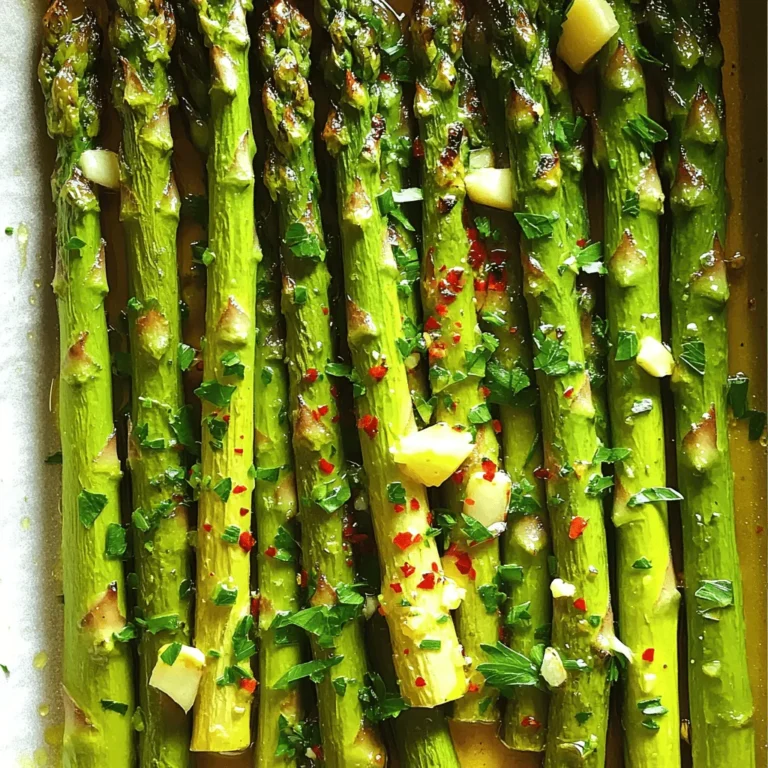 Using fresh asparagus makes this dish shine. Look for bright green stalks. They should feel firm and crisp. Choose asparagus with tight tips for the best flavor. You will need 1 pound of fresh asparagus, trimmed for this recipe. Garlic and lemon are the stars of this dish. The garlic adds depth, while lemon brings brightness. Use 3 cloves of garlic, finely minced for strong flavor. The juice and zest from 1 vibrant lemon enhance the taste, making each bite fresh and zesty. The right spices elevate your asparagus. Use 1 teaspoon of sea salt to bring out the flavors. Add 1/2 teaspoon of freshly cracked black pepper for a little warmth. If you like spice, include 1/4 teaspoon of red pepper flakes. For a colorful finish, sprinkle some fresh parsley, finely chopped over the top. These simple ingredients make your roasted asparagus truly special. Check out the Full Recipe for detailed steps on making this tasty dish. First, turn your oven on. Set it to 425°F (220°C). This heat is perfect for roasting. Next, take a large bowl. Add three minced garlic cloves. Pour in two tablespoons of extra virgin olive oil. Then, add the zest and juice of one lemon. Mix in one teaspoon of sea salt, half a teaspoon of black pepper, and a quarter teaspoon of red pepper flakes if you like it spicy. Whisk all the ingredients until they blend well. You will smell the strong garlic and lemon. Now, grab one pound of fresh asparagus. Trim the tough ends off the stalks. Place the asparagus in the bowl with the marinade. Toss the asparagus gently. Make sure every stalk gets coated well. This step is key for flavor. Take out a baking sheet and line it with parchment paper. Spread the marinated asparagus in a single layer. Make sure there is space between each stalk. This helps them roast evenly. Place the baking sheet in the oven. Roast the asparagus for 15 to 20 minutes. Flip them halfway through cooking. This ensures they get crispy on all sides. When they are done, take the baking sheet out of the oven. Let the asparagus cool for one minute. This helps the flavors settle. Transfer the roasted asparagus to a serving dish. Drizzle any leftover marinade over them for extra taste. Finally, sprinkle chopped parsley on top for color and freshness before serving. For the full recipe, refer to the section above. When selecting asparagus, look for firm stalks that are bright green. The tips should be closed and compact. Avoid any that are slimy or wilting. Fresh asparagus has a sweet and earthy smell. If you want the best flavor, choose asparagus that is in season. This usually means springtime in most areas. For perfect roasted asparagus, keep these tips in mind: - Preheat your oven to 425°F (220°C). A hot oven helps to crisp the edges. - Space the asparagus out on the baking sheet. This allows hot air to circulate. - Flip the stalks halfway through roasting. This ensures even cooking. - Check for doneness by poking a stalk with a fork. It should be tender but still firm. You can easily boost the flavor of your lemon garlic roasted asparagus. Here are some ideas: - Add a pinch of red pepper flakes for heat. - Sprinkle some grated Parmesan cheese before serving for a salty kick. - Mix in other herbs like thyme or rosemary. These can add a nice depth. - Drizzle a little balsamic glaze after roasting for a sweet touch. Experiment with these tips to make this dish truly yours! This lemon garlic roasted asparagus will delight your taste buds. For the full experience, follow the Full Recipe. {{image_4}} You can mix in other veggies with your asparagus. Try adding bell peppers, cherry tomatoes, or baby carrots. They cook well and add color. Cut them to similar sizes as asparagus. This way, everything roasts evenly and looks great. You can also add some red onion for extra flavor and crunch. Feel free to play with seasonings. Instead of lemon, use lime or orange juice for a twist. Fresh herbs like thyme or rosemary can enhance the taste too. If you like a kick, add more red pepper flakes or try smoked paprika. These small changes can make a big impact on flavor. This dish is naturally vegan and gluten-free. You can enjoy it without worrying about your diet. For extra protein, serve it with quinoa or chickpeas. Both pair well and make a complete meal. You can also add nutritional yeast for a cheesy flavor without dairy. This way, you keep it healthy and delicious. After cooking your lemon garlic roasted asparagus, let it cool. Store it in an airtight container. Keep it in the fridge for up to three days. This helps keep the flavors fresh. Always check for any signs of spoilage before using. To reheat, I suggest using an oven. Preheat your oven to 350°F (175°C). Place the asparagus on a baking sheet. Heat for about 10 minutes. You can also use a microwave for quick reheating. Just cover it and heat for one to two minutes. This keeps the asparagus tender and tasty. You can freeze roasted asparagus, but it may change texture. First, let it cool completely. Then, lay it flat on a baking sheet. Freeze until solid before transferring to a freezer bag. It can last for about three months. When ready to eat, thaw in the fridge overnight and reheat. Roasting asparagus takes about 15 to 20 minutes at 425°F (220°C). You want it tender yet slightly crispy. Flip the asparagus halfway to ensure even cooking. Yes, you can use frozen asparagus, but fresh is best. Frozen asparagus may turn mushy. If you use frozen, add a few extra minutes to roasting time. Asparagus is rich in vitamins A, C, E, and K. It also has folate and fiber. These nutrients help with digestion and support a healthy immune system. To make lemon garlic roasted asparagus, follow the [Full Recipe]. Start by preheating your oven. Make a tasty marinade with garlic, lemon, and olive oil. Coat the asparagus and roast until tender. Roasted asparagus pairs well with grilled chicken, fish, or steak. It can also complement pasta dishes or grain bowls. For a fresh touch, add a squeeze of lemon juice before serving. This guide covered everything you need for great roasted asparagus. We discussed fresh ingredients like asparagus, garlic, and lemon, and how to create the perfect marinade. You learned the steps for roasting and serving, plus tips for selecting asparagus and enhancing flavor. With these easy variations and storage tips, you can enjoy this dish multiple ways. Explore your options to keep meals exciting. Roasted asparagus can be a healthy and tasty side dish. Don’t hesitate to try the full recipe or mix in your favorite veggies and spices. Enjoy!