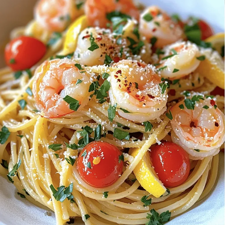 - 8 oz spaghetti or linguine - 1 lb large shrimp, peeled and deveined - 4 tablespoons unsalted butter - 4 cloves garlic, minced - 1 teaspoon red pepper flakes (adjust to taste) - 1 lemon, juiced and zested - 1 cup cherry tomatoes, halved - 1/4 cup fresh parsley, chopped - Salt and freshly ground black pepper to taste - Grated Parmesan cheese for serving (optional) When I make Garlic Butter Shrimp Pasta, I focus on fresh ingredients. The shrimp should be large and juicy. I love using spaghetti or linguine for the perfect noodle-to-sauce ratio. Now, let's talk about the aromatics. Garlic and butter are key. The garlic gives depth, while the butter adds a rich flavor. Together, they create a base that makes the dish shine. For extra flavor, I like to add red pepper flakes. Adjust the amount based on your spice level. A squeeze of fresh lemon juice brightens the dish. Cherry tomatoes add a sweet burst. They soften as they cook, bringing a nice texture to the pasta. Garnishing with fresh parsley adds color and freshness. I often sprinkle grated Parmesan on top for an extra layer of flavor. These ingredients make a simple yet flavorful dish that impresses every time! You can find the full recipe [here](#). To cook pasta well, follow these steps. First, boil a large pot of salted water. Add your spaghetti or linguine and cook until it is al dente. This means it should be firm but not hard. It usually takes about 8-10 minutes. Always check the package for exact times. Before draining, save 1 cup of that starchy pasta water. This water helps thicken your sauce later. For the garlic butter sauce, start by melting butter in a large skillet. Use medium heat to avoid burning. Once it starts to foam, the butter is ready. Next, add your minced garlic and red pepper flakes. Sauté them for 1-2 minutes. Stir often and watch closely. You want the garlic fragrant, but not brown. Brown garlic can taste bitter. Now it's time to cook the shrimp. Raise the heat to medium-high. Add the shrimp to the skillet and season with salt and pepper. Cook the shrimp for about 3-4 minutes. They should turn pink and opaque when done. This shows that they are cooked perfectly. Once the shrimp are ready, stir in the halved cherry tomatoes. Add the lemon juice and zest at this point too. Cook for another 2 minutes. This softens the tomatoes and mixes the flavors. Then, add the drained pasta to the skillet. Toss everything gently to mix well. If it looks dry, add some reserved pasta water. Do this a few tablespoons at a time until the sauce is just right. Lastly, take the skillet off the heat. Fold in your fresh parsley and taste it. Adjust the seasoning with more salt or pepper if needed. Serve your dish hot, garnished with parsley and maybe some grated Parmesan cheese. For the full recipe, check out the details above. - Adjusting spice levels with red pepper flakes: Start with a small amount. You can always add more as you cook. This way, you control the heat. If you like it spicy, try two teaspoons. - Enhancing flavors with fresh herbs: Fresh herbs like parsley make a big difference. They bring freshness and brightness to the dish. Add them at the end for the best flavor. - Overcooking shrimp: Shrimp cook fast. Cook them just until they turn pink and opaque. This keeps them juicy and tender. Overcooked shrimp get rubbery, so watch the clock. - Not reserving enough pasta water: Always save some pasta water. It helps bind the sauce to the pasta. If your sauce feels dry, add a little water to make it creamy. - Pairing with wine or side dishes: A crisp white wine like Sauvignon Blanc pairs well. You can also serve with a light salad. Garlic bread is another great side to soak up sauce. - Creative serving ideas: Serve the pasta in deep bowls. Add a lemon wedge for a pop of color. A sprinkle of extra parsley on top makes it look fresh and inviting. For the full recipe, check out Garlic Butter Shrimp Pasta Delight. {{image_4}} If you want to change things up, consider these options: - Alternative proteins for shrimp: You can use chicken, scallops, or even tofu. Each adds a unique flavor and texture. If using chicken, slice it thinly for quick cooking. Scallops bring a sweet taste that pairs well with garlic. Tofu is great for a vegetarian twist; just press it to remove excess moisture. - Gluten-free pasta options: If you need gluten-free pasta, try rice noodles or chickpea pasta. Both options cook well and hold sauce nicely. They also add different flavors to the dish, making it fun to explore. You can enhance your dish easily: - Incorporating different herbs and spices: Fresh basil, thyme, or oregano can brighten the taste. Add them towards the end of cooking for the best flavor. You can also try adding a pinch of smoked paprika for a smoky touch. - Adding vegetables for more nutrition: Toss in spinach, zucchini, or bell peppers. These add color and make the dish more filling. Cook them briefly with the shrimp so they stay vibrant and crisp. Want to try something new? Here are some ideas: - Creamy garlic butter version: Add a splash of heavy cream or cream cheese to the sauce. This creates a rich, velvety texture that makes every bite delightful. - Adding white wine for depth of flavor: Pour in a bit of white wine after cooking the shrimp. Let it simmer for a few minutes. This will add a nice acidity and depth, making the dish even more special. These variations keep your garlic butter shrimp pasta exciting and fresh! For more details, check the Full Recipe to get started on this delicious journey. To keep your garlic butter shrimp pasta fresh, store it in the fridge. Use a tight container to avoid air exposure. It will stay good for about 3 days. If you want to save it longer, consider freezing. Place the pasta in a freezer-safe bag or container. Make sure to remove as much air as possible. Frozen, it can last up to 2 months. When it's time to reheat, I suggest using a skillet. This helps keep the pasta creamy. Add a splash of water or broth to the skillet. Heat on low and stir often. This method prevents it from drying out. Avoid using the microwave as it can overcook the shrimp. Just heat until warm, and enjoy your tasty dish again! Cooking garlic butter shrimp pasta takes about 20 minutes. You need 10 minutes to prep and 10 minutes to cook. Start by boiling water for the pasta. While the pasta cooks, you can make the garlic butter sauce. Everything comes together quickly! Yes, you can make garlic butter shrimp pasta ahead of time. Cook the pasta and shrimp, then store them separately. Keep the sauce in an airtight container. When you are ready to eat, just reheat everything gently. This method keeps the dish fresh and tasty! Garlic butter shrimp pasta has some healthy elements. Shrimp is high in protein and low in calories. The dish also includes fresh tomatoes and parsley, which add vitamins. However, it does have butter and cheese, so enjoy it in moderation. You can use frozen shrimp for this recipe. First, thaw the shrimp in cold water for about 15-20 minutes. Drain them well before cooking. Using frozen shrimp can save time and is a convenient option. Just make sure they are peeled and deveined! In this post, I covered how to make garlic butter shrimp pasta. We went over the ingredients, step-by-step cooking, and storage tips. Remember to avoid common mistakes, like overcooking shrimp or skimping on pasta water. You can customize the dish with different proteins and flavors. By following these guidelines, you can create a tasty meal that's easy to enjoy. Now, grab your ingredients and get cooking! Your delicious garlic butter shrimp pasta awaits.