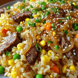 To make Savory Onion Beef Fried Rice, you need fresh and simple ingredients. They create a tasty dish that is easy to prepare. Here’s what you will need: - 2 cups cooked jasmine rice (preferably day-old) - 1 lb (450g) beef sirloin, thinly sliced - 2 tablespoons soy sauce - 1 tablespoon oyster sauce (optional) - 1 tablespoon sesame oil - 2 tablespoons vegetable oil (divided) - 1 large onion, thinly sliced - 2 garlic cloves, minced - 1 cup mixed vegetables (peas, carrots, corn) - 2 green onions, chopped - Salt and black pepper to taste - 1 tablespoon fresh ginger, minced - Sesame seeds for garnish Using day-old rice makes the fried rice better. It helps prevent mushiness. Fresh rice can work too, but spread it out and cool it for about 30 minutes. This helps dry it out. Gathering these ingredients will lead to a delicious meal. Check out the Full Recipe for more details! Start by slicing the beef sirloin thinly. Place it in a bowl. Add soy sauce and a pinch of black pepper. Mix it well, so every slice gets coated. Let it sit for at least 15 minutes. This step adds great flavor to the beef. In a large skillet or wok, heat one tablespoon of vegetable oil over high heat. When the oil is hot, add the marinated beef. Stir-fry for about 2-3 minutes. You want the beef to brown nicely and cook through. Once done, take it out and set it aside on a plate. In the same skillet, add another tablespoon of vegetable oil. Toss in the sliced onions. Sauté them for around 5 minutes until they become soft and translucent. Add minced garlic and fresh ginger next. Stir-fry for about a minute, letting those aromas fill your kitchen. Now, it's time for the mixed vegetables. Add them to the skillet and cook for 3-4 minutes. Stir occasionally until they are tender but still bright in color. This keeps them crunchy and fresh. Gently add in the cooked jasmine rice. If your rice is clumpy, break it apart as you mix. Drizzle in sesame oil and optional oyster sauce. Toss everything together until the rice and veggies are well mixed and coated with flavor. Return the cooked beef to the skillet. Stir everything together for another 2-3 minutes. This helps the flavors blend. Taste and adjust the seasoning with salt and black pepper. Finally, add chopped green onions, giving it a last toss to combine all the ingredients. For a colorful presentation, serve this dish on a vibrant platter. A sprinkle of sesame seeds adds a nice touch. Enjoy this savory onion beef fried rice as a perfect weeknight meal. For the complete recipe, refer to the Full Recipe section. For fried rice, jasmine rice works best. It has a nice texture and flavor. Using day-old rice is key. Fresh rice can be too sticky. Spread fresh rice out to cool for 30 minutes. This helps dry it out. Soy sauce adds a rich umami taste. Adding oyster sauce gives extra depth but is optional. Sesame oil brings a warm, nutty flavor. Don't forget salt and black pepper. Use these to taste, adjusting as needed. Heat is vital when cooking fried rice. A hot skillet or wok prevents sticking. Stir-fry quickly to keep the rice from getting mushy. Toss ingredients gently to mix well. This keeps your dish vibrant and full of flavor. {{image_4}} You can change the beef in this dish. Try chicken, shrimp, or tofu. Each protein brings its own flavor. Chicken is tender and mild. Shrimp adds a sweet and briny taste. Tofu is a great choice for a plant-based meal. Just make sure to marinate them like the beef for best taste. If you want a meatless meal, swap beef for more veggies. Use mushrooms for a hearty bite. Bell peppers add sweetness and color. You can also add extra tofu for protein. Replace the oyster sauce with soy sauce for a vegan dish. This way, you still enjoy the great flavors without meat. Change your veggies with the seasons. In spring, add asparagus and snap peas. Summer brings fresh corn and zucchini. In fall, use squash and Brussels sprouts. Winter is great for carrots and kale. These seasonal veggies not only taste great but also make your dish colorful and fresh. Check out the Full Recipe to see how you can make this dish your own! To keep your savory onion beef fried rice fresh, store it in an airtight container. Let the fried rice cool down to room temperature before sealing it. This helps prevent excess moisture, which can make it soggy. It will stay good in the fridge for about 3 to 4 days. If you want to save some for later, freezing is a great option. Place the cooled fried rice in a freezer-safe container or zip-top bag. Remove as much air as possible to avoid freezer burn. It can last for up to 3 months in the freezer. Just remember to label it with the date! When you're ready to enjoy your fried rice again, reheating it properly is key. If it's frozen, let it thaw in the fridge overnight. You can reheat it in a skillet over medium heat. Add a splash of water or soy sauce to help it steam and prevent sticking. Stir it often for even heating. You can also microwave it in short bursts, stirring in between, until it’s hot. For the full recipe, check the earlier section! You can use fresh rice, but it's not ideal. Fresh rice is moist, which can make the fried rice mushy. Day-old rice is drier and gives better texture. If you need to use fresh rice, let it cool for at least 30 minutes. This helps remove some moisture. You can add heat or extra flavor with different spices. Try adding red pepper flakes for heat. You can also mix in some soy sauce or hoisin sauce for more depth. For a twist, add some pineapple for sweetness or a splash of lime juice for tang. Leftover fried rice can last in the fridge for about 3 to 5 days. Store it in an airtight container to keep it fresh. If you want to keep it longer, you can freeze it. It will stay good for about 2 to 3 months in the freezer. Yes, adding eggs is a great idea! Scramble some eggs in the skillet before adding the rice. This adds protein and richness to the dish. You can mix the eggs in after cooking the beef or with the vegetables for more flavor. - Full Recipe: Savory Onion Beef Fried Rice 🥩 This recipe for Savory Onion Beef Fried Rice combines tasty ingredients and simple steps. You now know how to marinate beef, sauté onions, and mix in vegetables. Don’t forget to choose the right rice for best results. You can also explore different proteins and veggies for variety. Store your leftovers with care and use my reheating tips for a quick meal. Enjoy making this dish! It’s a great way to enjoy flavors and share with others. Happy cooking!