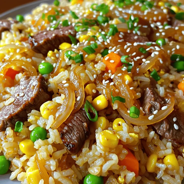 To make Savory Onion Beef Fried Rice, you need fresh and simple ingredients. They create a tasty dish that is easy to prepare. Here’s what you will need: - 2 cups cooked jasmine rice (preferably day-old) - 1 lb (450g) beef sirloin, thinly sliced - 2 tablespoons soy sauce - 1 tablespoon oyster sauce (optional) - 1 tablespoon sesame oil - 2 tablespoons vegetable oil (divided) - 1 large onion, thinly sliced - 2 garlic cloves, minced - 1 cup mixed vegetables (peas, carrots, corn) - 2 green onions, chopped - Salt and black pepper to taste - 1 tablespoon fresh ginger, minced - Sesame seeds for garnish Using day-old rice makes the fried rice better. It helps prevent mushiness. Fresh rice can work too, but spread it out and cool it for about 30 minutes. This helps dry it out. Gathering these ingredients will lead to a delicious meal. Check out the Full Recipe for more details! Start by slicing the beef sirloin thinly. Place it in a bowl. Add soy sauce and a pinch of black pepper. Mix it well, so every slice gets coated. Let it sit for at least 15 minutes. This step adds great flavor to the beef. In a large skillet or wok, heat one tablespoon of vegetable oil over high heat. When the oil is hot, add the marinated beef. Stir-fry for about 2-3 minutes. You want the beef to brown nicely and cook through. Once done, take it out and set it aside on a plate. In the same skillet, add another tablespoon of vegetable oil. Toss in the sliced onions. Sauté them for around 5 minutes until they become soft and translucent. Add minced garlic and fresh ginger next. Stir-fry for about a minute, letting those aromas fill your kitchen. Now, it's time for the mixed vegetables. Add them to the skillet and cook for 3-4 minutes. Stir occasionally until they are tender but still bright in color. This keeps them crunchy and fresh. Gently add in the cooked jasmine rice. If your rice is clumpy, break it apart as you mix. Drizzle in sesame oil and optional oyster sauce. Toss everything together until the rice and veggies are well mixed and coated with flavor. Return the cooked beef to the skillet. Stir everything together for another 2-3 minutes. This helps the flavors blend. Taste and adjust the seasoning with salt and black pepper. Finally, add chopped green onions, giving it a last toss to combine all the ingredients. For a colorful presentation, serve this dish on a vibrant platter. A sprinkle of sesame seeds adds a nice touch. Enjoy this savory onion beef fried rice as a perfect weeknight meal. For the complete recipe, refer to the Full Recipe section. For fried rice, jasmine rice works best. It has a nice texture and flavor. Using day-old rice is key. Fresh rice can be too sticky. Spread fresh rice out to cool for 30 minutes. This helps dry it out. Soy sauce adds a rich umami taste. Adding oyster sauce gives extra depth but is optional. Sesame oil brings a warm, nutty flavor. Don't forget salt and black pepper. Use these to taste, adjusting as needed. Heat is vital when cooking fried rice. A hot skillet or wok prevents sticking. Stir-fry quickly to keep the rice from getting mushy. Toss ingredients gently to mix well. This keeps your dish vibrant and full of flavor. {{image_4}} You can change the beef in this dish. Try chicken, shrimp, or tofu. Each protein brings its own flavor. Chicken is tender and mild. Shrimp adds a sweet and briny taste. Tofu is a great choice for a plant-based meal. Just make sure to marinate them like the beef for best taste. If you want a meatless meal, swap beef for more veggies. Use mushrooms for a hearty bite. Bell peppers add sweetness and color. You can also add extra tofu for protein. Replace the oyster sauce with soy sauce for a vegan dish. This way, you still enjoy the great flavors without meat. Change your veggies with the seasons. In spring, add asparagus and snap peas. Summer brings fresh corn and zucchini. In fall, use squash and Brussels sprouts. Winter is great for carrots and kale. These seasonal veggies not only taste great but also make your dish colorful and fresh. Check out the Full Recipe to see how you can make this dish your own! To keep your savory onion beef fried rice fresh, store it in an airtight container. Let the fried rice cool down to room temperature before sealing it. This helps prevent excess moisture, which can make it soggy. It will stay good in the fridge for about 3 to 4 days. If you want to save some for later, freezing is a great option. Place the cooled fried rice in a freezer-safe container or zip-top bag. Remove as much air as possible to avoid freezer burn. It can last for up to 3 months in the freezer. Just remember to label it with the date! When you're ready to enjoy your fried rice again, reheating it properly is key. If it's frozen, let it thaw in the fridge overnight. You can reheat it in a skillet over medium heat. Add a splash of water or soy sauce to help it steam and prevent sticking. Stir it often for even heating. You can also microwave it in short bursts, stirring in between, until it’s hot. For the full recipe, check the earlier section! You can use fresh rice, but it's not ideal. Fresh rice is moist, which can make the fried rice mushy. Day-old rice is drier and gives better texture. If you need to use fresh rice, let it cool for at least 30 minutes. This helps remove some moisture. You can add heat or extra flavor with different spices. Try adding red pepper flakes for heat. You can also mix in some soy sauce or hoisin sauce for more depth. For a twist, add some pineapple for sweetness or a splash of lime juice for tang. Leftover fried rice can last in the fridge for about 3 to 5 days. Store it in an airtight container to keep it fresh. If you want to keep it longer, you can freeze it. It will stay good for about 2 to 3 months in the freezer. Yes, adding eggs is a great idea! Scramble some eggs in the skillet before adding the rice. This adds protein and richness to the dish. You can mix the eggs in after cooking the beef or with the vegetables for more flavor. - Full Recipe: Savory Onion Beef Fried Rice 🥩 This recipe for Savory Onion Beef Fried Rice combines tasty ingredients and simple steps. You now know how to marinate beef, sauté onions, and mix in vegetables. Don’t forget to choose the right rice for best results. You can also explore different proteins and veggies for variety. Store your leftovers with care and use my reheating tips for a quick meal. Enjoy making this dish! It’s a great way to enjoy flavors and share with others. Happy cooking!