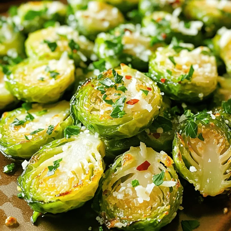 To make crispy garlic Parmesan Brussels sprouts, gather the following ingredients: - 1 lb Brussels sprouts, trimmed and halved - 3 tablespoons high-quality olive oil - 4 cloves fresh garlic, minced - 1/2 cup finely grated Parmesan cheese - 1 teaspoon sea salt - 1/2 teaspoon freshly ground black pepper - 1/2 teaspoon red pepper flakes (optional) - Zest of 1 lemon - 2 tablespoons fresh lemon juice - Fresh parsley, chopped For the best flavor, choose high-quality ingredients. Here are some recommendations: - Olive Oil: Look for cold-pressed, extra-virgin olive oil. Brands like California Olive Ranch or Lucini are great choices. - Parmesan Cheese: Opt for Parmigiano-Reggiano for a rich, nutty taste. Pre-grated cheese lacks flavor. - Garlic: Fresh garlic is key. Avoid pre-minced garlic in jars for better taste. If you need alternatives, here are some substitutions that work well: - Brussels Sprouts: Broccoli florets can be used as a substitute. - Parmesan Cheese: Nutritional yeast offers a vegan option, giving a cheesy flavor. - Olive Oil: Avocado oil or melted coconut oil can replace olive oil. - Lemon Zest: Lime zest works in a pinch, adding a different citrus note. - Red Pepper Flakes: Use paprika or cayenne pepper for a different heat level. For the full recipe, check out the detailed instructions on making these tasty Brussels sprouts. First, wash and trim the Brussels sprouts. Cut them in half to make sure they roast evenly. This step is key for a great texture. Next, take a big bowl and add the halved sprouts. Pour in three tablespoons of high-quality olive oil. Then, add four cloves of minced garlic. This garlic will give a strong flavor. Sprinkle one teaspoon of sea salt and half a teaspoon of black pepper. If you like spice, toss in half a teaspoon of red pepper flakes. Mix everything well, so each sprout is covered. Set your oven to 425°F (220°C). While it heats, line a large baking sheet with parchment paper. This helps with cleanup and prevents sticking. Spread the Brussels sprouts on the sheet, cut side down. This position helps them get crispy. Roast them for 20 to 25 minutes. Flip them halfway to brown all sides. When they turn golden brown, take them out. Sprinkle half a cup of grated Parmesan cheese on top. Then, pop them back in the oven for five more minutes to melt the cheese. To make your Brussels sprouts extra crispy, make sure they are not crowded on the baking sheet. Space them out for better air flow. Another tip is to dry them well before cooking. Any water will steam them instead of roasting. For an added crunch, you can broil them for the last minute. Just watch them closely to avoid burning. Finally, drizzle with fresh lemon juice and zest before serving. This adds a bright flavor and enhances the taste. For the full recipe, check the detailed instructions above. To make the best crispy garlic Parmesan Brussels sprouts, use these tips: - Size Matters: Cut Brussels sprouts into even halves. This helps them cook uniformly. - Fresh Ingredients: Always use fresh garlic. It gives a stronger flavor compared to pre-minced options. - High Heat: Roast at 425°F for that perfect golden brown color and crispiness. - Coat Well: Make sure every sprout is coated with oil and seasonings. This ensures great flavor in every bite. Avoid these common mistakes for the best results: - Crowding the Pan: Don’t overcrowd the baking sheet. Give the sprouts space to crisp up. - Skipping the Flip: Remember to flip the sprouts halfway through. This helps them brown evenly. - Not Using Parchment: Always line your baking sheet with parchment. This prevents sticking and makes cleanup easy. Present your crispy Brussels sprouts like a pro: - Vibrant Bowl: Serve in a colorful bowl to highlight their golden hue. - Lemon Wedges: Add lemon wedges on the side. They give a fresh touch and zest when squeezed. - Garnish Smartly: Finish with chopped parsley. It adds a pop of color and freshness. For the full recipe, follow the steps provided above and enjoy your meal! {{image_4}} If you like a little kick, try the spicy garlic Parmesan version. Simply add red pepper flakes when mixing the Brussels sprouts. Start with half a teaspoon and adjust to your taste. You can even add a bit of cayenne pepper for extra heat. The spice pairs well with the garlic and cheese, making each bite pop. For a vegan twist, swap the Parmesan cheese for nutritional yeast. It has a nutty flavor that mimics cheese. Use about half a cup to replace the Parmesan. Add a bit of olive oil to help it stick to the sprouts. This option keeps the dish tasty and vegan-friendly, perfect for all eaters. You can also play with flavors. Drizzle balsamic vinegar over the Brussels sprouts before roasting. This adds a sweet and tangy touch. If you prefer a sweet hint, try honey. Just drizzle some over the sprouts after roasting. These flavor choices give you fun ways to enjoy this dish. You can find the full recipe for crispy garlic Parmesan Brussels sprouts to try these variations. After you enjoy your crispy garlic Parmesan Brussels sprouts, store leftovers in an airtight container. Place the container in the fridge. They stay fresh for about 3 days. To keep them from getting soggy, avoid stacking them too high. A single layer works best. When it's time to heat leftovers, aim to keep them crispy. Preheat your oven to 375°F (190°C). Spread the Brussels sprouts on a baking sheet in a single layer. Heat for about 10-15 minutes. This method helps restore their crunch. You can also use an air fryer. Set it to 350°F (175°C) for about 5-7 minutes. You can freeze Brussels sprouts if you want to save them longer. First, roast them as usual. Let them cool completely before freezing. Place them in a freezer-safe bag or container. They can last up to 3 months in the freezer. Keep in mind that freezing can change their texture, so best for adding to soups or stews later. For the full recipe, check out the Crispy Garlic Parmesan Brussels Sprouts dish! Brussels sprouts are small but mighty. They are packed with vitamins, especially vitamin K and C. They also contain fiber, which helps with digestion. Eating Brussels sprouts can help lower blood pressure and improve heart health. Plus, they have antioxidants that fight free radicals, keeping your body strong. Enjoying these tasty sprouts can boost your overall health while delighting your taste buds. Yes, you can use frozen Brussels sprouts. However, fresh sprouts taste better. If using frozen, thaw them first and pat them dry. This step helps remove excess moisture, ensuring you still get that crispy texture. Follow the same cooking steps as with fresh sprouts for the best results. To make this dish ahead, prepare the Brussels sprouts and toss them with the olive oil and seasonings. Store them in an airtight container in the fridge for up to a day. When you're ready to serve, roast them in the oven. This method keeps them fresh and flavorful while saving you time during meal prep. For the full recipe, check out the details above. We explored how to make delicious Brussels sprouts from start to finish. You learned about the best ingredients, brands, and substitutions. I shared step-by-step instructions to roast them perfectly. Expert tips helped you avoid common mistakes. You also discovered tasty variations and how to store leftovers well. Lastly, we tackled your FAQs. Now, you can impress everyone with crispy and flavorful Brussels sprouts. Enjoy your cooking adventures!