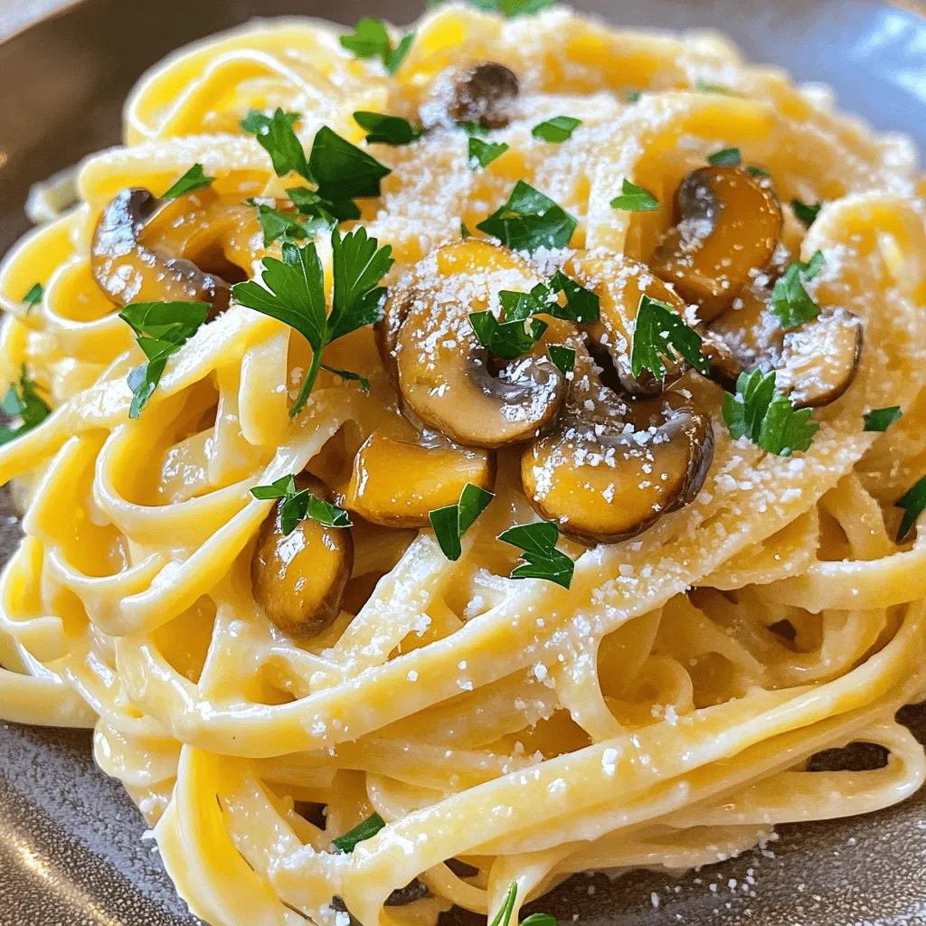 - 8 oz (225g) spaghetti or fettuccine - 2 tablespoons unsalted butter - 2 tablespoons extra virgin olive oil - 4 cloves garlic, finely minced - 12 oz (340g) cremini mushrooms, cleaned and sliced - 1 teaspoon dried thyme - Sea salt and freshly cracked black pepper, to taste - 1/4 cup freshly grated Parmesan cheese (optional) - Fresh parsley, finely chopped (for garnishing) For this dish, choose fresh ingredients for the best taste. Spaghetti or fettuccine works well, so select what you like. I prefer fresh cremini mushrooms for their earthy flavor. Minced garlic adds a great aroma and taste. The butter and olive oil blend creates a rich base. Dried thyme offers a lovely herbal note. Don't forget to have sea salt and black pepper on hand. These simple seasonings enhance all the flavors. If you enjoy cheese, Parmesan adds creaminess. Lastly, fresh parsley brightens the dish and makes it look pretty. To learn how to combine these ingredients into a delicious meal, check out the Full Recipe. - Bring salted water to a boil. - Cook pasta until al dente and reserve pasta water. To start, fill a large pot with water and add salt. This helps flavor the pasta. Once the water boils, add 8 oz of spaghetti or fettuccine. Follow the package instructions for cooking time. When it's done, reserve about half a cup of the pasta water. Then, drain the pasta in a colander and set it aside. - Heat butter and olive oil. - Sauté minced garlic until golden. Next, take a large skillet and add 2 tablespoons of unsalted butter and 2 tablespoons of olive oil. Heat them over medium heat. When the butter melts and bubbles, add 4 cloves of minced garlic. Sauté the garlic for about one minute. It should smell great and turn a light golden color. - Add mushrooms and cook until tender. - Season and mix in cooked pasta. Now, gently add 12 oz of cleaned and sliced cremini mushrooms to the skillet. Stir them lightly and cook for 5 to 7 minutes. They should become golden brown and tender. After that, sprinkle in 1 teaspoon of dried thyme, sea salt, and freshly cracked black pepper to taste. Stir everything together and cook for another 2 minutes. Finally, add the drained pasta to the skillet along with a splash of the reserved pasta water. Toss everything with tongs until the pasta is coated in the garlic and mushroom sauce. For extra richness, you can stir in some grated Parmesan cheese if you like. Using fresh garlic is key. Freshly minced garlic gives a bright, bold taste. It brings the dish to life. A splash of white wine adds depth too. Just a small amount can change everything. Mushrooms cook quickly. Avoid overcooking them for the best texture. They should be golden and tender. Reserve some pasta water before draining. This starchy water helps make the sauce creamy. A side salad or some crusty bread pairs well. These sides add crunch and freshness to your meal. Drizzle good quality olive oil on top before serving. This small touch makes a big difference in flavor. Enjoy your meal! {{image_4}} One of the best parts about Garlic Butter Mushroom Pasta is how easy it is to change up. You can make this dish fit your taste and needs. Here are some fun variations to try. If you want a vegetarian twist, skip the Parmesan cheese. Use nutritional yeast instead. It gives a cheesy flavor without dairy. You can also add fresh spinach or kale. This makes the dish more colorful and nutritious. Want to make it heartier? Add some grilled chicken or shrimp. These proteins pair well with the garlic and mushrooms. If you prefer plant-based options, chickpeas are a great choice. They add protein and a nice texture. Feel free to experiment with the sauce. Try using vegan butter instead of regular butter. This change makes the dish dairy-free. You can also mix in different herbs. Basil or rosemary adds new flavors that brighten the meal. Remember, you can find the Full Recipe above if you want to try these variations. Enjoy getting creative! Store your Garlic Butter Mushroom Pasta in an airtight container. It stays fresh for up to 3 days. This makes it easy to enjoy leftovers without losing flavor. For the best results, freeze the pasta before adding cheese. This keeps the texture nice. When you’re ready to eat, thaw it in the fridge overnight. Reheat it gently to avoid mushiness. You can reheat the pasta in the microwave. Add a bit of water or oil to keep it moist. Another option is to sauté it in a pan. Avoid prolonged heating to maintain the texture and flavor of the dish. - Yes, gluten-free options work well. You can find many brands that taste great. - Add red pepper flakes or a dash of hot sauce. Both options bring heat. - Absolutely, it stores well and can be reheated. Just keep it in an airtight container. - A light white wine like Pinot Grigio complements it nicely. It balances the rich flavors. - For the complete recipe details, refer to the Garlic Butter Mushroom Pasta recipe above. In this post, we covered how to make a simple garlic butter mushroom pasta. You learned about the main ingredients, cooking steps, and helpful tips. We discussed variations, storage options, and answered common questions. This dish is quick and easy, perfect for any day. Try adding your favorite proteins or herbs for a personal touch. You'll enjoy a tasty meal that can impress anyone. Start cooking and enjoy your delicious pasta creation!