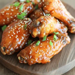 To make sweet and spicy chicken wings, gather these ingredients: - 2 pounds chicken wings - 1/2 cup honey - 1/4 cup hot sauce (Sriracha works great) - 2 tablespoons soy sauce - 1 tablespoon minced garlic - 1 tablespoon grated fresh ginger - 1 tablespoon apple cider vinegar - 1 teaspoon smoked paprika - Salt and freshly ground black pepper to taste - 2 tablespoons sesame seeds (optional for garnish) - 2 green onions, finely chopped (for garnish) Using fresh ingredients makes a big difference. Fresh chicken wings taste better and cook evenly. Fresh garlic and ginger add vibrant flavor. Honey from local sources can enhance sweetness. Quality hot sauce brings the heat. Always check the dates on your ingredients. Freshness ensures a delicious outcome. You can customize your wings with optional add-ins. Try adding brown sugar for extra sweetness. If you like more heat, use a spicier hot sauce. You can swap soy sauce for tamari for a gluten-free option. For a citrusy twist, add lime juice or zest. These small changes can create new flavor profiles that suit your taste. First, preheat your oven to 400°F (200°C). This heat helps the wings cook well. Line a large baking sheet with parchment paper. This will make cleanup a breeze. In a big bowl, mix the honey, hot sauce, soy sauce, minced garlic, grated ginger, apple cider vinegar, smoked paprika, and a sprinkle of salt and pepper. Whisk it all together until it's well mixed. This marinade builds great flavor. Take the chicken wings and dry them with paper towels. This step is key for crispy wings. Next, put the wings in the bowl with the marinade. Toss them gently until every wing is coated in flavor. Place the marinated wings in a single layer on the prepared baking sheet. Make sure they have space around them. This helps the heat move and cook them evenly. Bake the wings for 40-45 minutes. Flip them halfway through cooking. This ensures they get crispy and golden-brown. For extra crunch, turn on the broiler for the last 2-3 minutes. Stay close and watch them carefully. They can burn quickly, so keep an eye out! Once baked, take the wings out of the oven. Sprinkle them with sesame seeds and chopped green onions. This adds a nice touch and a bit of color. Serve them hot and enjoy! You can even offer extra sauce on the side for those who want a little more kick. For the full recipe, check out the earlier section. To get that balance, use a mix of honey and hot sauce. Honey brings sweetness, while hot sauce adds heat. Adjust the amount of hot sauce to match your taste. If you want it sweeter, add more honey. For extra heat, try adding some cayenne pepper. This will help you craft your perfect blend every time. Crispy wings start with drying them well. Pat the wings with paper towels before marinating. This step removes excess moisture, ensuring they crisp up nicely. Also, lay them out in a single layer on the baking sheet. Space is key to allow hot air to circulate. For an extra crunch, try broiling them for a few minutes at the end. Just keep an eye on them to avoid burning. One common mistake is overcrowding the baking sheet. Give your wings room to breathe. Another mistake is skipping the drying step. Wet wings won't crisp well. Lastly, don’t forget to flip the wings halfway through cooking. This helps them brown evenly. Avoid these missteps, and you will have amazing wings every time! For a complete guide, check the Full Recipe to ensure your sweet and spicy chicken wings are perfect! {{image_4}} You can switch up the sauce for fun. Try a teriyaki sauce for a sweet taste. A barbecue sauce adds a smoky flavor. You can even mix honey with lime juice for a bright twist. Don't forget about a mango habanero sauce for a sweet heat. Each sauce gives the wings a unique vibe. Grilling wings adds a nice char and smoky flavor. Just marinate as usual and grill them for about 15-20 minutes. Flip them often for even cooking. If you prefer air frying, it’s super easy! Cook the wings at 375°F for about 25-30 minutes. Both methods keep the wings crispy and delicious. Garnishing can elevate your wings. Try adding fresh cilantro for a bright flavor. Crumbled blue cheese adds richness. You can also use lime wedges for a zesty kick. Sesame seeds are tasty and pretty on top. Feel free to mix and match your favorite garnishes to make them special. For the full recipe, check out the Sweet and Spicy Chicken Wings section. To keep your sweet and spicy chicken wings fresh, store them properly. Use an airtight container. Let the wings cool down first. This helps avoid soggy wings. You can keep them in the fridge for up to four days. If you want them to last longer, freezing is a great option. When you're ready to enjoy leftovers, reheating is key. Preheat your oven to 350°F (175°C). Place the wings on a baking sheet. Bake them for 10 to 15 minutes. This keeps the skin crispy. You can also use an air fryer at 375°F (190°C) for 5 to 7 minutes. Both methods work well to revive that crunch! If you choose to freeze your wings, follow these steps. First, make sure they are completely cool. Then, wrap them tightly in plastic wrap. After that, place them in a freezer-safe bag. Label the bag with the date. You can freeze wings for up to three months. When you’re ready to eat, just thaw them in the fridge overnight. Then, reheat as mentioned above. Enjoy your tasty treat later! For the full recipe, check out the complete guide to Sweet and Spicy Chicken Wings. Bake chicken wings for 40 to 45 minutes at 400°F (200°C). Flip them halfway through. This helps them cook evenly and get crispy. A golden-brown color shows they are ready. Yes, you can use frozen chicken wings. Just thaw them first for better flavor. You can soak them in cold water for about 30 minutes. This speeds up the process. After thawing, pat them dry and follow the recipe. Sweet and spicy chicken wings taste great with many sides. Here are some ideas: - Celery sticks - Carrot sticks - Coleslaw - Potato wedges - Rice These sides balance the wings' flavors and add crunch. To make the wings spicier, add more hot sauce to the marinade. You can also use spicy chili powder or fresh chopped peppers. Adjust the heat to your liking. Taste the marinade before coating the wings for the best results. For more heat, serve with a spicy dipping sauce on the side. Using fresh ingredients is key for great chicken wings. I discussed steps to prepare, bake, and garnish them perfectly. Remember the tips for that ideal sweet and spicy balance. Explore variations to suit your taste and try different cooking methods. Proper storage and reheating keep leftovers tasty. With this guide, you can confidently create delicious wings every time. Enjoy your cooking journey and impress everyone with your skills. Simple steps lead to tasty results, so have fun!