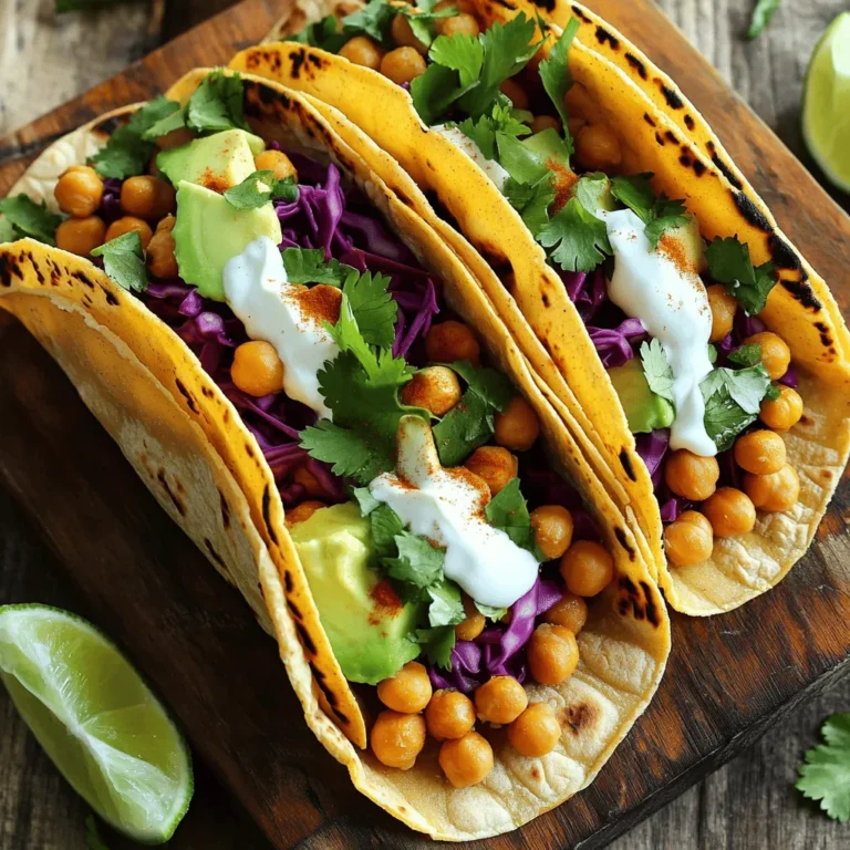 - 1 can (15 oz) chickpeas, drained and rinsed - 1 tablespoon extra virgin olive oil - 1 teaspoon smoked paprika - 1 teaspoon ground cumin - ½ teaspoon garlic powder - ½ teaspoon onion powder - ½ teaspoon sea salt - ¼ teaspoon freshly cracked black pepper - 8 small corn tortillas - 1 ripe avocado, sliced into wedges - 1 cup shredded red cabbage for crunch - ½ cup fresh cilantro, roughly chopped - 1 lime, cut into wedges for zesty flavor - ¼ cup Greek yogurt or your favorite dairy-free alternative These ingredients pack a punch of flavor and nutrition. Chickpeas are a great source of protein and fiber. They fill you up without the extra calories. The spices like smoked paprika and cumin add warmth and depth to each bite. Olive oil helps the chickpeas crisp up perfectly in the oven. The toppings are equally important. Avocado adds creaminess, while red cabbage gives a satisfying crunch. Fresh cilantro brightens the dish, and lime wedges bring a zesty kick. You can whip up these tacos quickly. They make a perfect meal for busy days. For the full experience, check the Full Recipe to see how to bring these flavors together. 1. Preheat your oven to 400°F (200°C). This helps the chickpeas get nice and crispy. 2. Line a baking sheet with parchment paper. This keeps the chickpeas from sticking. 3. In a medium bowl, mix the drained and rinsed chickpeas with olive oil and spices. - Use: - 1 tablespoon extra virgin olive oil - 1 teaspoon smoked paprika - 1 teaspoon ground cumin - ½ teaspoon garlic powder - ½ teaspoon onion powder - ½ teaspoon sea salt - ¼ teaspoon freshly cracked black pepper 4. Toss the chickpeas until they are well-coated with the spices. 1. Spread the seasoned chickpeas evenly on the baking sheet. 2. Roast for 25 to 30 minutes. Stir them halfway through to ensure even cooking. 3. You want them to be crispy and golden brown. Keep an eye on them! 4. To make them extra crispy, avoid overcrowding the baking sheet. 1. Warm the corn tortillas on a dry skillet over medium heat. - Heat each tortilla for about 30 seconds on each side. 2. Take a warm tortilla and add a scoop of crispy chickpeas in the center. 3. Add slices of avocado, shredded red cabbage, and fresh cilantro on top. 4. Drizzle Greek yogurt for creaminess. This step makes the tacos even better! 5. Serve with lime wedges on the side for an extra zesty kick. For the full experience, check out the Full Recipe for more details! To make your chickpeas crispy, follow these steps: - Preheat your oven to 400°F (200°C). - Roast chickpeas for 25 to 30 minutes. - Stir them halfway for even crisping. - Watch for a golden brown color. Moisture is the enemy of crispiness. Make sure to: - Drain chickpeas well before cooking. - Pat them dry with a towel. - Avoid overcrowding the baking sheet, giving them space to breathe. Spicing up your chickpeas is easy! Try these adjustments: - Add more smoked paprika for a smoky taste. - Mix in a pinch of cayenne for heat. - Experiment with garlic powder and cumin to create depth. For extra heat, consider: - Drizzling hot sauce over the tacos. - Adding sliced jalapeños for a spicy kick. Serve your tacos with flair! Here are some creative suggestions: - Stack tacos on a vibrant platter. - Add lime wedges for a pop of color. To make your dish visually appealing: - Sprinkle extra cilantro on top. - Use colorful toppings like red cabbage and avocado. These tips will help you create a delicious and beautiful meal. Check out the Full Recipe for more details! {{image_4}} You can switch chickpeas with other beans. Black beans or pinto beans work well. They both add great taste and texture. If you want meat, try shredded chicken or ground beef. These options keep the meal hearty and satisfying. For those needing gluten-free options, choose gluten-free tortillas. They taste great and hold the fillings well. If you prefer vegan, use a dairy-free yogurt. Coconut yogurt or cashew yogurt can add creaminess without dairy. Fresh vegetables can enhance flavor. Try adding diced tomatoes or bell peppers for color and crunch. Herbs like basil or mint can add brightness. You can even toss in fruits like mango or pineapple for a sweet twist. These seasonal add-ins make your tacos unique and tasty. For the full recipe, visit the section above. To keep your chickpeas and tacos fresh, follow these tips: - Store the roasted chickpeas in an airtight container. - Place leftover tacos in a separate container to avoid sogginess. - Use glass or plastic containers with tight seals for best results. To reheat while keeping the chickpeas crispy: - Preheat your oven to 350°F (175°C). - Spread the chickpeas on a baking sheet. - Heat for about 10 minutes until warm and crispy. - For tacos, warm them in a skillet for a few seconds on each side. - Avoid microwaving, as it can make them soggy. You can store the elements like this: - Roasted chickpeas last about 3 to 4 days in the fridge. - Warm tortillas should be eaten within 1 day for best taste. - Look for signs of spoilage, like unusual smells or mold. - If the chickpeas lose their crunch, it's time to toss them. For the full recipe, check out the Crunchy Chickpea Fiesta Tacos . To make crispy chickpea tacos, start by preheating your oven to 400°F (200°C). Drain and rinse your chickpeas. Toss them in olive oil and spices like smoked paprika and cumin. Spread them on a baking sheet and roast for 25 to 30 minutes. Don't forget to stir halfway. Warm your corn tortillas on a skillet. Assemble the tacos by adding crispy chickpeas, avocado, red cabbage, and cilantro. Top with Greek yogurt and lime juice for extra flavor. You can find the full recipe above. Yes, you can use canned chickpeas. They save time and are easy to find. Just make sure to drain and rinse them well. Canned chickpeas maintain good flavor and texture when roasted. They work great in this recipe! Many toppings enhance crispy chickpea tacos. Here are some of my favorites: - Diced tomatoes for freshness - Sliced radishes for crunch - Jalapeños for heat - Salsa for added flavor - Feta cheese for a salty kick These toppings add layers of flavor and texture to your tacos. Yes, the recipe can be gluten-free. Use small corn tortillas, which are typically gluten-free. Always check the package to ensure there are no gluten-containing ingredients. This way, you can enjoy these tacos without worry. To add heat to your tacos, consider these tips: - Mix in cayenne pepper with your spices - Add diced jalapeños to the filling - Drizzle hot sauce over the finished tacos - Serve with spicy salsa These options will give your tacos a nice kick! In this blog post, we explored how to make tasty chickpea tacos. We discussed ingredients, nutritional facts, and easy steps for preparation. I shared tips for achieving crispiness and suggested variations to fit different diets. Remember, these tacos are not only delicious but also versatile. You can add your favorite toppings and adjust flavors to your liking. Enjoy making your own delicious tacos with these simple steps!