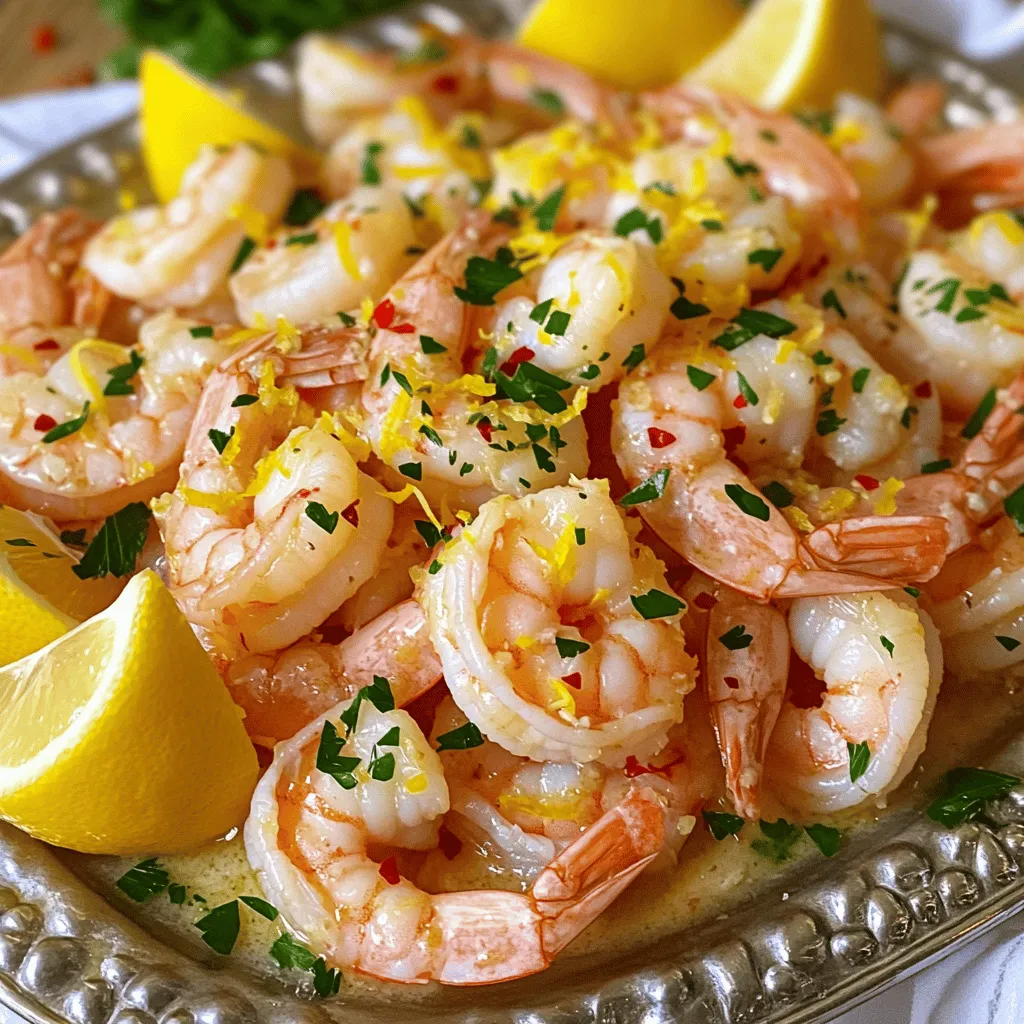 To make this dish, you need some key items: - 1 pound large shrimp, peeled and deveined - 4 tablespoons unsalted butter - 4 cloves garlic, finely minced - Zest of 1 medium lemon - Juice of 1 medium lemon - 1 teaspoon red pepper flakes (adjust according to your heat preference) - 2 tablespoons fresh parsley, chopped (plus extra for garnish) - Salt and freshly ground black pepper, to taste - Lemon wedges, for garnishing These ingredients create a fresh and bright flavor. The garlic and lemon work together to make the shrimp shine. You can add a few items to boost flavor: - A splash of white wine for depth - A pinch of paprika for color - Fresh herbs like thyme or basil for an aromatic touch These extras can elevate your dish and make it even more special. If you don’t have an ingredient, don’t worry! Here are some swaps: - Use olive oil instead of butter for a lighter option. - Swap fresh parsley with cilantro for a different taste. - Frozen shrimp can replace fresh shrimp; just thaw them first. These substitutions keep your dish flexible and approachable. Check the [Full Recipe] for more details on cooking! 1. Start by gathering all your ingredients. You will need: - 1 pound large shrimp, peeled and deveined - 4 tablespoons unsalted butter - 4 cloves garlic, finely minced - Zest of 1 medium lemon - Juice of 1 medium lemon - 1 teaspoon red pepper flakes - 2 tablespoons fresh parsley, chopped - Salt and freshly ground black pepper - Lemon wedges for garnish 2. Next, prepare your cooking space. Set out a large skillet on the stove. 3. Make sure you have a cutting board and knife ready for the garlic and parsley. 1. Heat your skillet over medium heat. Add the butter and let it melt completely. 2. Once the butter foams, add the minced garlic and red pepper flakes. Sauté for about 1 minute. The garlic should smell great but stay golden, not brown. 3. Now, turn the heat to medium-high. Add the shrimp to the skillet. Season with salt and black pepper. 4. Cook the shrimp for 2-3 minutes. Stir them often. They will turn pink and opaque when done. 5. After cooking, add the lemon zest and juice. Stir to coat the shrimp well. Let it cook for another 1-2 minutes to blend the flavors. 6. Take the skillet off the heat. Sprinkle the chopped parsley over the shrimp and mix gently. 1. Serve the shrimp right away. Garnish with lemon wedges for a fresh touch. 2. For a nice look, place the shrimp on a large platter. Arrange lemon wedges around it. 3. If you want a fuller meal, serve the shrimp over rice or with some crusty bread. This way, you can soak up that tasty garlic butter sauce. You can find the full recipe above for more details! To get shrimp just right, start with fresh shrimp. Look for firm, shiny shells. Cook them quickly over medium-high heat. This keeps them tender. Cook until they turn pink, about 2-3 minutes. Stir them gently to avoid overcooking. Overcooked shrimp can become rubbery. To boost flavor, add herbs and spices. Fresh parsley adds a bright touch. For heat, use red pepper flakes. You can adjust the amount based on your taste. A hint of lemon zest also brightens the dish. It gives a fresh and zesty kick. Serve your shrimp in a large, shallow dish. This makes it look appealing. Arrange lemon wedges around the shrimp for color. Sprinkle extra parsley on top for a fresh look. For a complete meal, serve it over rice or with crusty bread. This helps soak up the tasty garlic butter sauce. {{image_4}} If you love heat, this spicy version is for you. Simply add more red pepper flakes, or include a dash of hot sauce. You can also mix in some diced jalapeños for extra kick. The spice levels can vary based on your taste. Serve it with a side of cool yogurt dip to balance the heat. For a richer dish, make it creamy. Add half a cup of heavy cream after cooking the shrimp. Stir it in with the lemon juice and zest. This creates a luscious sauce that pairs well with pasta or rice. You’ll enjoy a smooth, velvety texture in every bite. Turn your shrimp dish into a full meal by adding pasta. Cook your favorite pasta, like spaghetti or fettuccine, according to the package. Once the shrimp is ready, toss it with the drained pasta. This adds heartiness and makes it filling. Top with extra parsley and a squeeze of lemon for freshness. Explore these variations to keep your meals exciting. You can find the full recipe to perfect your Lemon Garlic Butter Shrimp. To keep your Lemon Garlic Butter Shrimp fresh, store it in an airtight container. Let the shrimp cool before sealing. This helps prevent moisture buildup. Place it in the fridge if you plan to eat it within a few days. When you want to reheat your shrimp, use a skillet for best results. Heat it over medium-low heat. Add a tiny bit of butter or oil to prevent sticking. Stir gently until the shrimp warms through. You can also use a microwave, but be careful. Heat it in short bursts to avoid overcooking. Lemon Garlic Butter Shrimp lasts about 3 days in the fridge. For longer storage, freeze it. Place the shrimp in a freezer-safe bag. Press out as much air as you can before sealing. This can keep the shrimp good for about 2 months. When ready to eat, thaw it overnight in the fridge before reheating. Enjoy delicious meals anytime! For the full recipe, check out the earlier sections. Cooking shrimp is quick and easy. It takes about 2 to 3 minutes. When they turn pink and opaque, they are ready to eat. Overcooking makes them tough, so watch closely. Yes, you can use frozen shrimp. Just thaw them first. Place them in cold water for about 15-20 minutes. This will help them cook evenly. You have many options! Serve it over rice, quinoa, or pasta. Crusty bread is great for soaking up the sauce. A fresh salad or steamed veggies pairs well too. Yes, this recipe works well for meal prep. Store the shrimp in airtight containers. They will last in the fridge for about 2 to 3 days. Reheat gently to keep them tender. You can find the Full Recipe for more details on preparation and serving. Lemon garlic butter shrimp is easy and tasty. You need fresh shrimp and simple ingredients. Follow the steps to prepare, cook, and serve. Try the tips to cook shrimp perfectly and add extra flavor. You can also make fun variations, like spicy or creamy versions. Remember to store leftovers well for later use. This dish is great for any meal and meal prep. Enjoy cooking and impress your friends with this dish!