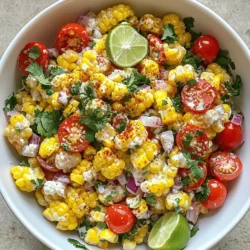 To make Mexican Street Corn Salad, gather these ingredients: - 4 ears of fresh corn, husked with kernels removed - 1 cup cherry tomatoes, halved - 1/2 cup red onion, finely chopped - 1/2 cup cotija cheese, crumbled (or feta cheese for a milder flavor) - 1/4 cup fresh cilantro, roughly chopped - 2 tablespoons mayonnaise - 1 tablespoon fresh lime juice (about half a lime) - 1 teaspoon chili powder (adjust to taste) - Salt and freshly ground black pepper to taste Fresh corn is the heart of this dish. I prefer using sweet, summer corn for its juicy flavor. You can grill the corn for a smoky taste, or you can boil it if you prefer. Make sure to husk it well and remove all the silk. After cooking, let the corn cool before cutting off the kernels. This gives the salad a nice crunch and a burst of sweetness. Besides corn, other ingredients add layers of flavor and texture. Cherry tomatoes add bright color and juicy bites. Red onion gives a sharp taste, while cotija cheese offers a salty, creamy element. Fresh cilantro brings a herbaceous note, and the dressing ties it all together. The mayonnaise, lime juice, and chili powder add creaminess and a zesty kick. Salt and pepper balance the flavors perfectly. Together, these ingredients create a refreshing and flavorful salad. First, I grill the corn. I start by preheating my grill to medium heat. Then, I husk the corn and place the ears directly on the grill. I cook the corn for about ten minutes. I turn it often until the kernels are lightly charred. When done, I take it off the grill and let it cool for a few minutes. This gives the corn a nice smoky flavor. After it cools, I use a sharp knife to slice down the length of the ears. I carefully cut to let the kernels fall into a large bowl. It’s important not to cut too deep into the cob. This step makes sure I get all the sweet kernels for my salad. Next, I mix the salad. In the bowl with the fresh corn, I add one cup of halved cherry tomatoes. I also toss in half a cup of finely chopped red onion. Then, I add half a cup of crumbled cotija cheese. If you want a milder taste, you can use feta cheese instead. Lastly, I sprinkle in a quarter cup of roughly chopped cilantro. I gently stir everything together. This helps evenly distribute all the flavors. Now, it’s time to make the dressing. In a small bowl, I whisk together two tablespoons of mayonnaise, one tablespoon of fresh lime juice, and one teaspoon of chili powder. I add a pinch of salt and pepper, too. I mix until it’s smooth. I pour the dressing over the corn and vegetable mixture. Using a spatula, I gently fold everything together. I want to make sure the salad is evenly coated. After that, I taste it. If I need more lime juice or salt, I add it. To let the flavors blend, I cover the salad with plastic wrap. I chill it in the fridge for at least twenty minutes. This makes the salad even tastier. To grill corn just right, start with fresh ears. Preheat your grill to medium heat. Place the corn directly on the grill. Cook for about 10 minutes. Turn the corn every few minutes. You want those kernels to char lightly. This adds great flavor. Once done, let the corn cool down. It’s easier to handle when it’s cooler. Taste is key in this dish. If you like it spicier, add more chili powder. A little kick makes a difference. Adding more lime juice brightens the flavors. You can also sprinkle in more salt. Always taste as you go. Adjust until you find your perfect balance. For a great look, use a large serving bowl. After mixing, sprinkle extra cotija cheese on top. This adds a nice touch. A few cilantro sprigs can also brighten the dish. Serve it chilled or at room temperature. The way you present the salad enhances the overall meal experience. {{image_4}} You can make this salad heartier by adding proteins. Grilled chicken or shrimp works great. You can also use black beans for a plant-based option. Just mix them in with the corn and veggies. They add flavor and make the dish more filling. To keep it vegetarian, simply use feta cheese instead of cotija. For a vegan twist, replace the mayonnaise with avocado or a vegan mayo. You can also add more veggies, like bell peppers or zucchini. This keeps the salad fresh and colorful. While the classic dressing is tasty, you can switch it up. Try a lime vinaigrette made with olive oil, lime juice, and garlic. For a spicy kick, add sriracha or chipotle sauce to the dressing. Each option gives the salad a unique flavor profile. Explore what you like best! To keep your Mexican street corn salad fresh, store it in the fridge. Use an airtight container for best results. This helps to keep the flavors intact and the ingredients crisp. Make sure to cover it well to avoid any unwanted odors from other foods. This salad tastes best cold, so I don't recommend reheating it. If you must warm it up, do so gently in a skillet over low heat. Stir it often to ensure even heating. However, this may change the texture and flavor. When stored correctly, the salad lasts about 3 to 5 days in the fridge. After that, the corn may lose its crunch, and the flavors may fade. Always check for any off smells or changes in texture before eating. For the freshest taste, enjoy it within the first few days. Yes, you can make Mexican Street Corn Salad ahead of time. The flavors blend nicely when it sits. I recommend making it a few hours before serving. You can chill it in the fridge. Just cover it with plastic wrap to keep it fresh. If you can't find cotija cheese, feta cheese works well. Feta has a mild flavor and similar texture. You can also use queso fresco for a lighter touch. Both options taste great in this salad. Yes, this salad is gluten-free. All the ingredients, like corn and fresh veggies, are naturally gluten-free. So, you can enjoy it without worry. Just ensure any added dressings are gluten-free too. This blog post covered everything you need for a tasty Mexican Street Corn Salad. We explored key ingredients like fresh corn and other essentials. The step-by-step guide makes prep easy and fun. Tips for grilling and adjusting flavors enhance every bite. You can even try vegetarian options or different dressings. Remember to store and reheat properly for the best taste. With these insights, you're ready to impress with this vibrant dish. Enjoy making it your own!