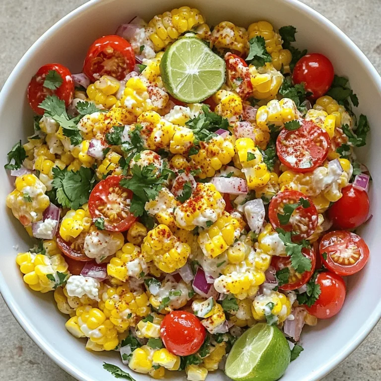 To make Mexican Street Corn Salad, gather these ingredients: - 4 ears of fresh corn, husked with kernels removed - 1 cup cherry tomatoes, halved - 1/2 cup red onion, finely chopped - 1/2 cup cotija cheese, crumbled (or feta cheese for a milder flavor) - 1/4 cup fresh cilantro, roughly chopped - 2 tablespoons mayonnaise - 1 tablespoon fresh lime juice (about half a lime) - 1 teaspoon chili powder (adjust to taste) - Salt and freshly ground black pepper to taste Fresh corn is the heart of this dish. I prefer using sweet, summer corn for its juicy flavor. You can grill the corn for a smoky taste, or you can boil it if you prefer. Make sure to husk it well and remove all the silk. After cooking, let the corn cool before cutting off the kernels. This gives the salad a nice crunch and a burst of sweetness. Besides corn, other ingredients add layers of flavor and texture. Cherry tomatoes add bright color and juicy bites. Red onion gives a sharp taste, while cotija cheese offers a salty, creamy element. Fresh cilantro brings a herbaceous note, and the dressing ties it all together. The mayonnaise, lime juice, and chili powder add creaminess and a zesty kick. Salt and pepper balance the flavors perfectly. Together, these ingredients create a refreshing and flavorful salad. First, I grill the corn. I start by preheating my grill to medium heat. Then, I husk the corn and place the ears directly on the grill. I cook the corn for about ten minutes. I turn it often until the kernels are lightly charred. When done, I take it off the grill and let it cool for a few minutes. This gives the corn a nice smoky flavor. After it cools, I use a sharp knife to slice down the length of the ears. I carefully cut to let the kernels fall into a large bowl. It’s important not to cut too deep into the cob. This step makes sure I get all the sweet kernels for my salad. Next, I mix the salad. In the bowl with the fresh corn, I add one cup of halved cherry tomatoes. I also toss in half a cup of finely chopped red onion. Then, I add half a cup of crumbled cotija cheese. If you want a milder taste, you can use feta cheese instead. Lastly, I sprinkle in a quarter cup of roughly chopped cilantro. I gently stir everything together. This helps evenly distribute all the flavors. Now, it’s time to make the dressing. In a small bowl, I whisk together two tablespoons of mayonnaise, one tablespoon of fresh lime juice, and one teaspoon of chili powder. I add a pinch of salt and pepper, too. I mix until it’s smooth. I pour the dressing over the corn and vegetable mixture. Using a spatula, I gently fold everything together. I want to make sure the salad is evenly coated. After that, I taste it. If I need more lime juice or salt, I add it. To let the flavors blend, I cover the salad with plastic wrap. I chill it in the fridge for at least twenty minutes. This makes the salad even tastier. To grill corn just right, start with fresh ears. Preheat your grill to medium heat. Place the corn directly on the grill. Cook for about 10 minutes. Turn the corn every few minutes. You want those kernels to char lightly. This adds great flavor. Once done, let the corn cool down. It’s easier to handle when it’s cooler. Taste is key in this dish. If you like it spicier, add more chili powder. A little kick makes a difference. Adding more lime juice brightens the flavors. You can also sprinkle in more salt. Always taste as you go. Adjust until you find your perfect balance. For a great look, use a large serving bowl. After mixing, sprinkle extra cotija cheese on top. This adds a nice touch. A few cilantro sprigs can also brighten the dish. Serve it chilled or at room temperature. The way you present the salad enhances the overall meal experience. {{image_4}} You can make this salad heartier by adding proteins. Grilled chicken or shrimp works great. You can also use black beans for a plant-based option. Just mix them in with the corn and veggies. They add flavor and make the dish more filling. To keep it vegetarian, simply use feta cheese instead of cotija. For a vegan twist, replace the mayonnaise with avocado or a vegan mayo. You can also add more veggies, like bell peppers or zucchini. This keeps the salad fresh and colorful. While the classic dressing is tasty, you can switch it up. Try a lime vinaigrette made with olive oil, lime juice, and garlic. For a spicy kick, add sriracha or chipotle sauce to the dressing. Each option gives the salad a unique flavor profile. Explore what you like best! To keep your Mexican street corn salad fresh, store it in the fridge. Use an airtight container for best results. This helps to keep the flavors intact and the ingredients crisp. Make sure to cover it well to avoid any unwanted odors from other foods. This salad tastes best cold, so I don't recommend reheating it. If you must warm it up, do so gently in a skillet over low heat. Stir it often to ensure even heating. However, this may change the texture and flavor. When stored correctly, the salad lasts about 3 to 5 days in the fridge. After that, the corn may lose its crunch, and the flavors may fade. Always check for any off smells or changes in texture before eating. For the freshest taste, enjoy it within the first few days. Yes, you can make Mexican Street Corn Salad ahead of time. The flavors blend nicely when it sits. I recommend making it a few hours before serving. You can chill it in the fridge. Just cover it with plastic wrap to keep it fresh. If you can't find cotija cheese, feta cheese works well. Feta has a mild flavor and similar texture. You can also use queso fresco for a lighter touch. Both options taste great in this salad. Yes, this salad is gluten-free. All the ingredients, like corn and fresh veggies, are naturally gluten-free. So, you can enjoy it without worry. Just ensure any added dressings are gluten-free too. This blog post covered everything you need for a tasty Mexican Street Corn Salad. We explored key ingredients like fresh corn and other essentials. The step-by-step guide makes prep easy and fun. Tips for grilling and adjusting flavors enhance every bite. You can even try vegetarian options or different dressings. Remember to store and reheat properly for the best taste. With these insights, you're ready to impress with this vibrant dish. Enjoy making it your own!