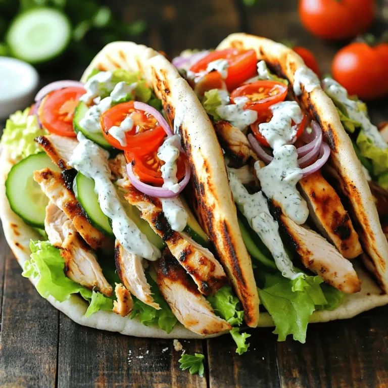 - 1 lb boneless, skinless chicken thighs - 3 tablespoons olive oil - 1 tablespoon Greek yogurt - Juice of 1 lemon - 3 cloves garlic, minced The main ingredients create the heart of your gyros. Chicken thighs are perfect because they stay juicy and tender. Olive oil adds richness. Greek yogurt gives a creamy touch and helps the marinade stick. Lemon juice brightens up the flavors, and garlic adds a nice kick. - 1 teaspoon dried oregano - 1 teaspoon paprika - Salt and pepper to taste These seasonings enhance the chicken's flavor. Oregano brings a classic Greek taste. Paprika adds warmth and color. Salt and pepper balance everything. Adjust these to fit your taste. - 4 pita breads - 1 cup shredded lettuce - 1 medium tomato, diced - ½ cucumber, thinly sliced - ½ red onion, thinly sliced - ½ cup tzatziki sauce Toppings make your gyros fresh and crunchy. Pita bread holds everything together. Lettuce adds a crisp texture. Tomatoes and cucumbers bring juiciness. Red onion gives a sharp bite. Tzatziki sauce is cool and creamy, tying all the flavors together. For the full recipe, check out the details above! - Combine olive oil, Greek yogurt, lemon juice, garlic, oregano, paprika, salt, and pepper in a bowl. - Mix well until all ingredients blend together. - Add chicken thighs, making sure they are well coated in the marinade. - Cover the bowl with plastic wrap. - Refrigerate for at least 1 hour. For best results, marinate overnight. Marinating the chicken is key. It adds flavor and makes the meat tender. I love letting it sit overnight for rich taste. - Preheat your grill or grill pan to medium-high heat. - Remove the chicken from the marinade and discard the leftover mix. - Grill the chicken for about 6-7 minutes on each side. - Check that the chicken's internal temperature reaches 165°F (75°C). - Once done, transfer the chicken to a plate and let it rest for 5 minutes. Grilling gives the chicken a nice char. This adds texture and extra flavor to your gyros. - Warm pita breads on the grill or in a skillet for about 1-2 minutes. - Start with a layer of shredded lettuce on the warm pita. - Add diced tomatoes, cucumber slices, and thinly sliced red onion. - Place the sliced grilled chicken on top. - Drizzle with tzatziki sauce and wrap tightly. Assembling the gyros is fun. Each bite is a mix of flavors and textures. You can customize it with your favorite toppings. For the full recipe, check out the link. Marinating chicken overnight makes it taste better. The longer it sits, the more flavor it absorbs. If you want, you can swap chicken for other meats. Try using lamb or beef for a tasty twist. Grilling chicken gives it a nice char and smoky flavor. Ensure your grill is hot before adding the chicken. If you’re cooking indoors, use a skillet on medium heat. You can also bake the chicken in the oven. Use a baking dish and cook at 375°F for about 25-30 minutes. Make your gyros look great with fresh herbs or lemon wedges. Serve them on a colorful platter for a nice touch. Pair your gyros with a simple salad or crispy fries. These sides balance the flavors and add crunch. For the full recipe, check out the details above. {{image_4}} You can switch up the protein in your gyros. If you want beef gyros, use ground beef. Lamb is another great choice. It adds a rich flavor. For a vegetarian option, try grilled mushrooms or eggplant. You can also use tempeh or tofu for a vegan alternative. These options keep the meal tasty and filling. Spice blends can change the taste of your gyros. Try adding cumin or coriander for a different touch. You can also use a mix of spices like za'atar or harissa for more zest. Don’t forget about toppings! Feta cheese adds a salty kick. Sliced olives give extra flavor. Pickled red onions can add a tangy crunch. Use whatever toppings you love to make it your own. While tzatziki is classic, feel free to mix it up. Try a spicy harissa sauce for a kick. A yogurt-based garlic sauce works great too. For a fresh twist, make a simple lemon and herb sauce. Just mix yogurt with lemon juice and fresh herbs. These sauces enhance the flavors and make your gyros pop. You can find the full recipe for the gyros above. To keep your gyros fresh, store leftovers in an airtight container. This helps maintain their flavor and texture. You can refrigerate them for up to three days. If you have leftover tzatziki sauce, store it separately in the fridge. It can last about five days. When reheating chicken, I recommend using a skillet. Heat it on medium until the chicken is warm. This method keeps the chicken juicy. For pitas, wrap them in a damp paper towel and microwave for 15-20 seconds. This warms them without making them dry. You can freeze cooked chicken and veggies if you need to store them longer. Place them in freezer-safe bags, removing as much air as possible. They can last up to three months in the freezer. To use, thaw in the fridge overnight. Reheat using the skillet method for best results. To make tzatziki sauce, you need just a few simple ingredients. Here’s a quick recipe: - 1 cup Greek yogurt - 1 small cucumber, grated and drained - 2 cloves garlic, minced - 1 tablespoon olive oil - 1 tablespoon lemon juice - Salt to taste 1. In a bowl, mix the Greek yogurt, grated cucumber, and minced garlic. 2. Add olive oil and lemon juice to the mixture. 3. Stir well and season with salt. 4. Chill in the fridge for at least 30 minutes. This sauce is creamy and fresh. It pairs perfectly with gyros! Yes, you can use boneless chicken breasts instead of thighs. Here are some pros and cons: Pros: - Chicken breasts are leaner, which reduces calories. - They cook quickly and are easy to find. Cons: - Breasts can dry out faster than thighs. - They may lack the rich flavor of thighs. Using thighs gives you juicier gyros. However, breasts work well if you prefer them. Greek Chicken Gyros are tasty and balanced. Here’s a quick overview of the nutrition facts: - Calories: About 400 per serving - Protein: 30 grams - Carbohydrates: 40 grams - Fat: 15 grams These figures can vary based on your toppings and sauces. Enjoy your gyros while keeping nutrition in mind! For the full recipe, check out the earlier section. In this blog post, I shared how to make delicious Greek Chicken Gyros. We covered the key ingredients, like chicken thighs and fresh veggies. I explained the steps from marinating to grilling and gave tips for better flavor. You can also explore variations and storage methods. Making gyros is simple and fun. Try different proteins and sauces for your own twist. Enjoy your tasty creation with family and friends!