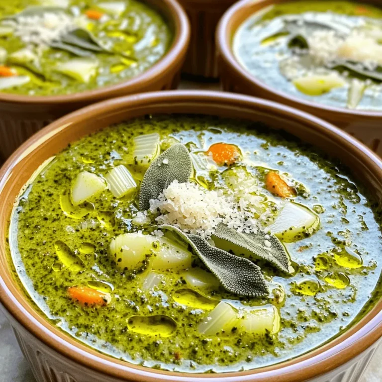 - Garlic: Roasting garlic brings out its sweet, nutty flavor. This makes the soup rich and warm. - Fresh herbs: Basil and sage add a bright, earthy taste. They balance the garlic's sweetness well. - Vegetables: Onion, carrots, celery, and spinach form the soup base. They provide texture and nutrition. - Vegetable broth: This adds depth and flavor to the soup. Choose a good quality broth for the best taste. - Parmesan cheese: This cheese adds creaminess and a salty kick. It enhances the overall flavor profile. - Walnuts: Toasted walnuts give a nice crunch. They also add healthy fats and protein. - Olive oil: Use high-quality olive oil for sautéing and drizzling. It adds richness and healthy fats. - Lemon juice: A splash of lemon juice brightens the flavors. It adds a refreshing twist to the soup. - Salt and pepper: These are essential for seasoning. Adjust to your taste for the best results. For the complete recipe, check out the Full Recipe. Enjoy making this healthy comfort dish! To start, we need to roast the garlic head. Preheat your oven to 400°F (200°C). Carefully slice off the top of the garlic head. This exposes the cloves inside. Drizzle with one tablespoon of olive oil. Wrap it in aluminum foil and place it on a baking sheet. Roast for 30 to 35 minutes. The cloves should be soft and golden brown. Once done, set it aside to cool slightly. After cooling, squeeze the roasted cloves out of their skins. They should pop out easily. Next, we cook the vegetables. In a large pot, heat two tablespoons of olive oil over medium heat. Add the chopped onion, diced carrots, and diced celery to the pot. Sauté these veggies for about 5 to 7 minutes. They should soften and the onion will turn translucent. Stir occasionally to keep them from sticking. Once they are tender, pour in the vegetable broth. Increase the heat slightly and bring it to a gentle simmer. Now, it’s time to make the pesto. In a food processor, combine the roasted garlic cloves, fresh spinach, basil, sage, grated Parmesan cheese, and toasted walnuts. Blend all the ingredients until the mixture is smooth and creamy. If it looks too thick, add a splash of vegetable broth or water. This will help you reach your desired consistency. After making the pesto, stir it into the simmering vegetable broth. Let the soup cook for an additional 5 to 10 minutes. Stir occasionally to blend the flavors. Once it is heated through, add the freshly squeezed lemon juice. Season with salt and pepper to taste. Make sure everything is evenly seasoned before removing the pot from the heat. For a creamier soup, you can blend it further. Use an immersion blender to puree the soup right in the pot until it’s smooth. If you don’t have one, carefully blend the soup in batches using a standard blender. Just be sure to let the steam escape while blending. When ready to serve, ladle the soup into bowls. For an extra touch, drizzle a little olive oil on top. You can also sprinkle with more grated Parmesan cheese if you like. To make it look nice, garnish each bowl with fresh sage leaves or chopped walnuts. This adds a lovely visual and textural contrast. Enjoy your vibrant and flavorful Roasted Garlic Sage Pesto Soup! For the complete details, check the Full Recipe. - How to avoid burning garlic: Roasting garlic can be tricky. To prevent it from burning, wrap it tightly in foil. Keep an eye on it as it roasts. You want it soft and golden, not dark and crunchy. - Steps for perfect seasoning: Start with a small amount of salt. You can always add more. Taste as you go. The lemon juice adds brightness, but don't skip the salt. It helps bring out all the flavors. - Best bread pairings: Serve your soup with crusty bread, like a baguette or sourdough. These breads soak up the soup nicely and add a nice texture. - Salad recommendations: A simple green salad is a great side. Try mixed greens with a light vinaigrette. It refreshes the palate and balances the richness of the soup. - Preparing in advance: You can make this soup a day ahead. Just let it cool completely before storing it in the fridge. The flavors develop beautifully overnight. - Reheating tips: When reheating, do it slowly on medium heat. Stir often to avoid sticking. If it thickens up, add a splash of broth or water. This soup should be creamy, not too thick. {{image_4}} You can switch up the nuts in the pesto. Instead of walnuts, try pine nuts or almonds. Both add a nice crunch and flavor. If you want a nut-free version, use seeds like pumpkin or sunflower seeds instead. They work great too! For a dairy-free option, replace Parmesan cheese with nutritional yeast. It gives a cheesy taste without the dairy. You can also use a dairy-free cheese alternative. Look for options made from nuts or soy. To spice things up, add chili flakes to your soup. This will give it a nice kick. You can start with a pinch and add more if you like it hot. Using different herbs can change the soup's taste too. Try adding parsley or cilantro for a fresh twist. Even a bit of thyme can give it a warm, earthy flavor. Incorporate seasonal vegetables to enhance your soup. In spring, add peas or asparagus for a pop of color. In fall, try adding sweet potatoes for a hearty feel. You can also adapt the soup for warmer or colder months. For summer, serve it chilled with fresh tomatoes. In winter, keep it hot and comforting by adding root vegetables like turnips or parsnips. Explore these variations to make this soup your own! For the full recipe, check out the instructions above. To keep your Roasted Garlic Sage Pesto Soup fresh, use airtight containers. Glass jars or plastic containers work well. Store in the fridge for up to four days. After that, the soup may lose its nice taste and texture. You can freeze this soup for later meals. Pour the cooled soup into freezer-safe containers or bags. Leave some space at the top for expansion. It stays good in the freezer for up to three months. When you're ready to eat, take it out and thaw overnight in the fridge. For reheating, use the stove or microwave. On the stove, heat over low to medium heat. Stir often to keep it smooth. In the microwave, heat in short bursts. Stop to stir between each round. This way, you avoid texture changes. If the soup seems thick, add a splash of broth or water. Enjoy your warm and tasty soup! Roasted Garlic Sage Pesto Soup is a creamy, hearty dish great for any time. It has rich garlic flavors, fresh herbs, and a smooth texture. The main ingredients include: - 1 head of garlic - Fresh basil and sage - Onion, carrots, and celery - Vegetable broth - Spinach - Parmesan cheese - Walnuts The garlic gets roasted first, adding depth to the flavor. You blend it with fresh herbs and nuts to create a vibrant pesto. This soup warms you up and is perfect for chilly days. Yes, you can easily make this soup vegan. For a dairy-free version, replace Parmesan cheese with nutritional yeast or a vegan cheese. You can also skip the cheese altogether and still enjoy a great taste. To keep the flavor strong without dairy, add a bit more roasted garlic or a squeeze of lemon juice. These will give your soup a bright taste and keep it creamy. The soup lasts about 4-5 days in the fridge. To store it, use airtight containers. Make sure to let it cool down before sealing. Signs of spoilage include an off smell, mold, or a change in color. If you see any of these, it’s best to toss the soup. Yes, adding protein is a great idea! Cooked chicken or white beans work well. They add heartiness and make the soup more filling. If you use cooked chicken, add it during the last few minutes of cooking. If you use beans, stir them in when you add the pesto. This keeps cooking times short and flavors fresh. Yes, Roasted Garlic Sage Pesto Soup can be gluten-free. Always check ingredient labels to ensure that your vegetable broth and any other added products are gluten-free. If you want to thicken the soup, use a cornstarch slurry or pureed beans instead of flour. These options keep the soup gluten-free while adding great texture. This blog post guided you through making delicious Roasted Garlic Sage Pesto Soup. You learned about key ingredients like garlic, fresh herbs, and vegetables. We discussed preparing and blending the soup and shared tips for serving and storage. Final thoughts: This soup is versatile and easy. You can adjust flavors or substitute ingredients as needed. It's perfect for any season, and you'll enjoy experimenting with it. Happy cooking!