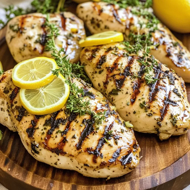 - 4 boneless, skinless chicken breasts - 1/4 cup extra virgin olive oil - 2 tablespoons freshly squeezed lemon juice - Zest of 1 large lemon - 3 cloves garlic, finely minced - 1 tablespoon fresh rosemary, finely chopped - 1 tablespoon fresh thyme, finely chopped - 1 tablespoon fresh parsley, finely chopped - Salt and freshly ground black pepper to taste - Thin lemon slices for garnish - Sprigs of extra fresh herbs When I prepare Lemon Herb Grilled Chicken, I focus on using fresh and high-quality ingredients. Fresh chicken breasts are key for the best flavor and texture. I love the bright taste from the lemon juice and zest. They really lift the dish up. The extra virgin olive oil adds richness. It helps keep the chicken moist while grilling. Fresh herbs like rosemary, thyme, and parsley bring a garden-like aroma to the dish. They pair perfectly with the lemon. I also use garlic for a subtle kick. It adds depth while not overpowering the other flavors. Feel free to get creative with garnishes. Thin lemon slices look lovely on the plate. Fresh herbs add a touch of nature and make the dish pop. For the full recipe, refer to the complete guide. It makes the cooking process easy and enjoyable. - Combine all marinade ingredients in a bowl. - Whisk until blended together. To make the marinade, I start by gathering my ingredients. I measure out the olive oil, lemon juice, and zest. Then, I add the minced garlic, chopped rosemary, thyme, and parsley. I sprinkle in salt and black pepper. I mix everything until smooth. This marinade is key to a tasty grilled chicken. - Add chicken breasts to marinade, cover, and refrigerate. - Recommended marinating time for best flavor. Next, I place the chicken breasts into the bowl. I ensure each piece is well coated in the marinade. I cover the bowl with plastic wrap and put it in the fridge. I let it marinate for at least one hour. For the best flavor, I recommend marinating for up to four hours. - Preheat grill to medium-high heat. - Grill chicken for 6-7 minutes per side. - Check internal temperature (165°F/75°C). When I’m ready to grill, I preheat the grill to medium-high heat. I carefully take the chicken out of the marinade. I let any excess drip off. I discard the leftover marinade to stay safe. Once the grill is hot, I place the chicken on it. I let it grill for six to seven minutes without moving it. This helps to get nice grill marks. Then, I flip the chicken and grill for another six to seven minutes. I check the internal temperature with a meat thermometer. The chicken should reach 165°F (75°C). Cooking it right makes it juicy and tasty! I follow this process from the Full Recipe for a perfect meal. To make your lemon herb grilled chicken shine, marinate it well. I suggest letting it soak for at least an hour. If you can wait longer, aim for four hours. This marinating time helps the flavors seep into the meat. Also, always use freshly squeezed lemon juice. Bottled juice can lack the bright taste you want. Preheat your grill to a medium-high heat. This step is key for a good sear. If the grill is not hot enough, the chicken may cook unevenly. Once you place the chicken on the grill, don’t flip it too soon. Wait about 6-7 minutes before turning it over. This wait gives you those beautiful grill marks. Once the chicken is cooked, let it rest for about five minutes. This resting time allows the juices to settle, making the chicken juicy and tasty. For a pretty presentation, slice the chicken and place it on a wooden board. Scatter some fresh herbs around it. Add lemon slices on top to make it pop. You can find the full recipe for more details on preparation. {{image_4}} You can change the flavor of your Lemon Herb Grilled Chicken by switching up the marinade. Here are some ideas: - Add spices such as paprika or cumin for a smoky touch. - Swap herbs like basil or cilantro for a unique taste. Experiment with different herbs and spices. Each option brings a new twist to this classic dish. If you don't have a grill, you can still enjoy this delicious chicken. Here are two great methods: - Oven-baking: Preheat your oven to 400°F (200°C). Place marinated chicken on a baking sheet. Bake for 20-25 minutes, or until the internal temperature reaches 165°F (75°C). - Stovetop: Heat a skillet over medium heat. Add a bit of oil, then cook the chicken for about 6-7 minutes on each side. Use a meat thermometer to check doneness. These methods keep the chicken juicy and tasty. Serving suggestions can enhance your meal experience. Here are a few ideas: - Serve your grilled chicken with fresh salads or grain sides like quinoa or rice for a balanced meal. - Pair it with different sauces or dressings, such as tzatziki or chimichurri, to add more flavor. These combinations make your meal versatile and fun. For the full recipe, check the earlier section. To store leftover grilled chicken, let it cool first. Then, place it in an airtight container. This helps keep the chicken fresh. You can also wrap it tightly in plastic wrap or foil. I suggest using glass containers for easy heating. Make sure to eat the leftover chicken within three to four days. If you want to freeze marinated chicken, do this before grilling. Place the chicken and marinade in a zip-top bag. Remove as much air as possible to prevent freezer burn. This can last up to three months in the freezer. When you're ready to cook, take it out and thaw it in the fridge overnight. For best results, cook it right after thawing. To reheat grilled chicken, use the oven or stovetop. For the oven, preheat it to 350°F (175°C). Place the chicken in a baking dish with a splash of water or broth to keep it moist. Cover it with foil for about 15-20 minutes. If using a stovetop, heat a skillet over medium-low heat. Add a bit of oil or water, and gently warm the chicken. This helps keep its flavor and moisture. You should marinate chicken for at least 1 hour. For the best flavor, aim for 4 hours. This gives the chicken time to soak up all the yummy herbs and lemon. Yes, you can use bone-in chicken. Just remember it will take longer to cook. Bone-in pieces can add flavor, but be careful not to overcook them. Pair your chicken with fresh salads or grilled veggies. Rice or quinoa also works well. Consider garlic bread for a fun twist. These sides balance the bright flavors of the chicken. Use a meat thermometer to check the chicken. It should reach 165°F (75°C) in the thickest part. If you don’t have a thermometer, cut into the chicken. The juices should run clear, not pink. In this blog post, I detailed how to make Lemon Herb Grilled Chicken. You learned about the main ingredients, key marinade steps, and grilling tips. Using fresh herbs and lemon gives the chicken vibrant flavor. Remember to let it rest after cooking for juiciness. Feel free to explore variations and serving ideas, too. Enjoy your cooking and impress your guests with this tasty dish!