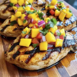 - 4 boneless, skinless chicken breasts - 1 ripe mango, peeled and diced - 1 small red onion, finely chopped - 1 red bell pepper, diced - 3 tablespoons freshly squeezed lime juice - 2 tablespoons extra virgin olive oil - 1 tablespoon pure honey - 1 teaspoon ground cumin - Sea salt and freshly cracked black pepper to taste - Fresh cilantro, chopped, for garnish The main ingredients make this dish fresh and vibrant. The chicken breasts provide a juicy base. The ripe mango adds sweetness and tropical flair. Red onion and bell pepper give crunch and color. Lime juice brightens the flavors, while olive oil and honey tenderize the meat. Ground cumin adds warmth and depth. Salt and pepper enhance all the tastes. - Jalapeño for heat - Additional herbs and spices For a spicy kick, add jalapeño to the salsa. It gives the dish a nice heat that balances the sweetness of the mango. You can also try herbs like mint or basil for extra flavor. Spices like chili powder or paprika can add a smoky note. Feel free to play with these to suit your taste. - Serve with rice or quinoa - Pair with fresh salad or grilled veggies I love serving Mango Salsa Chicken with fluffy rice or quinoa. They soak up the juice and make a filling meal. A fresh salad adds crunch and freshness. Grilled veggies like zucchini or corn are perfect side dishes too. They complement the flavors and make the meal colorful. For a beautiful presentation, serve the chicken on a wooden platter with extra salsa on the side. You can find the full recipe [here](#). 1. Preheating the grill Start by turning on your grill to a medium-high heat. This is key for getting nice grill marks. Let it warm up while you prepare everything else. 2. Preparing the mango salsa In a large bowl, combine these ingredients: - 1 ripe mango, peeled and diced - 1 small red onion, finely chopped - 1 red bell pepper, diced - 1 jalapeño pepper, minced (optional for heat) - 3 tablespoons freshly squeezed lime juice - Sea salt and freshly cracked black pepper to taste Gently mix them together. This salsa will add a fresh burst of flavor to your chicken. 1. How to mix marinade and coat chicken breasts In another bowl, whisk together: - 2 tablespoons extra virgin olive oil - 1 tablespoon pure honey - 1 teaspoon ground cumin - Sea salt and freshly cracked black pepper to taste Coat each chicken breast with the marinade. Make sure to cover every part. Let the chicken sit for at least 15 minutes. If you can, marinate for an hour for extra flavor. 1. Cooking times and temperature guidelines Place the marinated chicken on the preheated grill. Cook each side for about 6-7 minutes. You want the chicken to reach an internal temperature of 165°F (75°C). This ensures it is safe to eat. 2. Resting period before slicing After cooking, take the chicken off the grill. Let it rest for 5 minutes. This step helps keep the chicken juicy. After resting, slice the chicken into thick strips. Top it with your fresh mango salsa for a colorful and tasty dish. For the full recipe, check out the complete instructions and tips for this delightful dish! For the best taste, marinate your chicken for at least 15 minutes. If you have time, let it sit for up to an hour. This extra time helps the flavors soak in. You can also try adding spices like smoked paprika or chili powder for extra warmth. Fresh herbs like basil or mint can brighten the dish, too. You can grill the chicken, but baking or pan-searing also works well. If you grill, preheat your grill to medium-high heat. This step is key for those perfect grill marks. Flip the chicken only once during cooking. This helps you get nice sear lines and keeps the meat juicy. Serve your Mango Salsa Chicken on a large wooden platter. This gives a rustic, inviting look. Place extra salsa in a small bowl on the side. Add lime wedges for a pop of color. For garnishing, sprinkle freshly chopped cilantro over the top. It adds a fresh touch and looks great! If you want more ideas, check out the Full Recipe for more details on creating this dish. {{image_4}} You can change up your mango salsa for fun. - Try adding other fruits like pineapple or kiwi. - Use veggies like corn or cucumber for more crunch. These swaps keep your dish exciting and fresh. The sweetness of pineapple pairs well with mango. Kiwi adds a zesty kick that brightens the salsa. Corn gives a nice bite and color. Cucumber adds a cool crunch. Chicken is great, but you can switch it up. - Use pork or shrimp for different flavors. - Tofu is a perfect choice for a meat-free meal. Pork works well with the sweet salsa. Shrimp cooks fast and tastes fantastic on the grill. For a vegetarian option, firm tofu absorbs flavors well. Just marinate it like chicken for the best taste. You can make the salsa your own by adjusting flavors. - Want it spicier? Add more jalapeño or a dash of hot sauce. - Fresh herbs like mint or basil can change the taste nicely. Adjusting spice levels lets you control heat. More jalapeño means more kick. Herbs bring a fresh taste that brightens the dish. Try mixing in cilantro with your mango salsa for an added layer of flavor. To store leftovers, let the chicken cool down first. Place it in an airtight container. This keeps it fresh and tasty. For the mango salsa, use a separate container. You can store both in the fridge. Make sure to eat within three to four days for best flavor. You can freeze mango salsa chicken if you want to save it for later. Wrap the chicken tightly in plastic wrap. Then, put it in a freezer bag. This helps prevent freezer burn. For the mango salsa, freeze it in a container without extra air. Thaw chicken in the fridge overnight before reheating. To reheat, warm it in a skillet or oven. In the fridge, mango salsa chicken lasts three to four days. If frozen, it can stay good for up to three months. Always check for signs of spoilage. If it smells off or looks strange, throw it away. Enjoy your meal safely! To grill chicken perfectly, start with a clean grill. Preheat it to medium-high heat. This helps the chicken cook evenly. Use a meat thermometer to check the temperature. The chicken should reach 165°F (75°C). To keep the chicken juicy, marinate it well. Let it rest for five minutes after grilling. This step helps lock in the juices. Yes, you can make the salsa ahead of time. It tastes better when the flavors mix. Store it in the fridge in a sealed container. The salsa will stay fresh for up to three days. Just remember to give it a stir before serving. This will help combine the flavors again. Yes, you can serve Mango Salsa Chicken cold. It makes a great option for leftovers. Just slice the chicken and top it with salsa. You can enjoy it in a salad or a wrap. Cold chicken with mango salsa is refreshing and tasty. It's perfect for warm days or picnics. This post covered the key ingredients for mango salsa chicken, its preparation steps, and serving tips. I shared optional add-ins to boost flavor and variations for different tastes. I also offered storage guidelines to help keep leftovers fresh. In conclusion, this dish is versatile and simple. With creativity, you can make it your own. Enjoy your cooking adventure with mango salsa chicken!