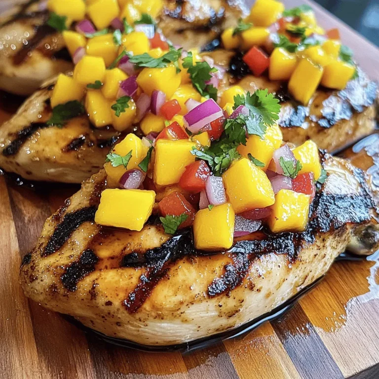 - 4 boneless, skinless chicken breasts - 1 ripe mango, peeled and diced - 1 small red onion, finely chopped - 1 red bell pepper, diced - 3 tablespoons freshly squeezed lime juice - 2 tablespoons extra virgin olive oil - 1 tablespoon pure honey - 1 teaspoon ground cumin - Sea salt and freshly cracked black pepper to taste - Fresh cilantro, chopped, for garnish The main ingredients make this dish fresh and vibrant. The chicken breasts provide a juicy base. The ripe mango adds sweetness and tropical flair. Red onion and bell pepper give crunch and color. Lime juice brightens the flavors, while olive oil and honey tenderize the meat. Ground cumin adds warmth and depth. Salt and pepper enhance all the tastes. - Jalapeño for heat - Additional herbs and spices For a spicy kick, add jalapeño to the salsa. It gives the dish a nice heat that balances the sweetness of the mango. You can also try herbs like mint or basil for extra flavor. Spices like chili powder or paprika can add a smoky note. Feel free to play with these to suit your taste. - Serve with rice or quinoa - Pair with fresh salad or grilled veggies I love serving Mango Salsa Chicken with fluffy rice or quinoa. They soak up the juice and make a filling meal. A fresh salad adds crunch and freshness. Grilled veggies like zucchini or corn are perfect side dishes too. They complement the flavors and make the meal colorful. For a beautiful presentation, serve the chicken on a wooden platter with extra salsa on the side. You can find the full recipe [here](#). 1. Preheating the grill Start by turning on your grill to a medium-high heat. This is key for getting nice grill marks. Let it warm up while you prepare everything else. 2. Preparing the mango salsa In a large bowl, combine these ingredients: - 1 ripe mango, peeled and diced - 1 small red onion, finely chopped - 1 red bell pepper, diced - 1 jalapeño pepper, minced (optional for heat) - 3 tablespoons freshly squeezed lime juice - Sea salt and freshly cracked black pepper to taste Gently mix them together. This salsa will add a fresh burst of flavor to your chicken. 1. How to mix marinade and coat chicken breasts In another bowl, whisk together: - 2 tablespoons extra virgin olive oil - 1 tablespoon pure honey - 1 teaspoon ground cumin - Sea salt and freshly cracked black pepper to taste Coat each chicken breast with the marinade. Make sure to cover every part. Let the chicken sit for at least 15 minutes. If you can, marinate for an hour for extra flavor. 1. Cooking times and temperature guidelines Place the marinated chicken on the preheated grill. Cook each side for about 6-7 minutes. You want the chicken to reach an internal temperature of 165°F (75°C). This ensures it is safe to eat. 2. Resting period before slicing After cooking, take the chicken off the grill. Let it rest for 5 minutes. This step helps keep the chicken juicy. After resting, slice the chicken into thick strips. Top it with your fresh mango salsa for a colorful and tasty dish. For the full recipe, check out the complete instructions and tips for this delightful dish! For the best taste, marinate your chicken for at least 15 minutes. If you have time, let it sit for up to an hour. This extra time helps the flavors soak in. You can also try adding spices like smoked paprika or chili powder for extra warmth. Fresh herbs like basil or mint can brighten the dish, too. You can grill the chicken, but baking or pan-searing also works well. If you grill, preheat your grill to medium-high heat. This step is key for those perfect grill marks. Flip the chicken only once during cooking. This helps you get nice sear lines and keeps the meat juicy. Serve your Mango Salsa Chicken on a large wooden platter. This gives a rustic, inviting look. Place extra salsa in a small bowl on the side. Add lime wedges for a pop of color. For garnishing, sprinkle freshly chopped cilantro over the top. It adds a fresh touch and looks great! If you want more ideas, check out the Full Recipe for more details on creating this dish. {{image_4}} You can change up your mango salsa for fun. - Try adding other fruits like pineapple or kiwi. - Use veggies like corn or cucumber for more crunch. These swaps keep your dish exciting and fresh. The sweetness of pineapple pairs well with mango. Kiwi adds a zesty kick that brightens the salsa. Corn gives a nice bite and color. Cucumber adds a cool crunch. Chicken is great, but you can switch it up. - Use pork or shrimp for different flavors. - Tofu is a perfect choice for a meat-free meal. Pork works well with the sweet salsa. Shrimp cooks fast and tastes fantastic on the grill. For a vegetarian option, firm tofu absorbs flavors well. Just marinate it like chicken for the best taste. You can make the salsa your own by adjusting flavors. - Want it spicier? Add more jalapeño or a dash of hot sauce. - Fresh herbs like mint or basil can change the taste nicely. Adjusting spice levels lets you control heat. More jalapeño means more kick. Herbs bring a fresh taste that brightens the dish. Try mixing in cilantro with your mango salsa for an added layer of flavor. To store leftovers, let the chicken cool down first. Place it in an airtight container. This keeps it fresh and tasty. For the mango salsa, use a separate container. You can store both in the fridge. Make sure to eat within three to four days for best flavor. You can freeze mango salsa chicken if you want to save it for later. Wrap the chicken tightly in plastic wrap. Then, put it in a freezer bag. This helps prevent freezer burn. For the mango salsa, freeze it in a container without extra air. Thaw chicken in the fridge overnight before reheating. To reheat, warm it in a skillet or oven. In the fridge, mango salsa chicken lasts three to four days. If frozen, it can stay good for up to three months. Always check for signs of spoilage. If it smells off or looks strange, throw it away. Enjoy your meal safely! To grill chicken perfectly, start with a clean grill. Preheat it to medium-high heat. This helps the chicken cook evenly. Use a meat thermometer to check the temperature. The chicken should reach 165°F (75°C). To keep the chicken juicy, marinate it well. Let it rest for five minutes after grilling. This step helps lock in the juices. Yes, you can make the salsa ahead of time. It tastes better when the flavors mix. Store it in the fridge in a sealed container. The salsa will stay fresh for up to three days. Just remember to give it a stir before serving. This will help combine the flavors again. Yes, you can serve Mango Salsa Chicken cold. It makes a great option for leftovers. Just slice the chicken and top it with salsa. You can enjoy it in a salad or a wrap. Cold chicken with mango salsa is refreshing and tasty. It's perfect for warm days or picnics. This post covered the key ingredients for mango salsa chicken, its preparation steps, and serving tips. I shared optional add-ins to boost flavor and variations for different tastes. I also offered storage guidelines to help keep leftovers fresh. In conclusion, this dish is versatile and simple. With creativity, you can make it your own. Enjoy your cooking adventure with mango salsa chicken!