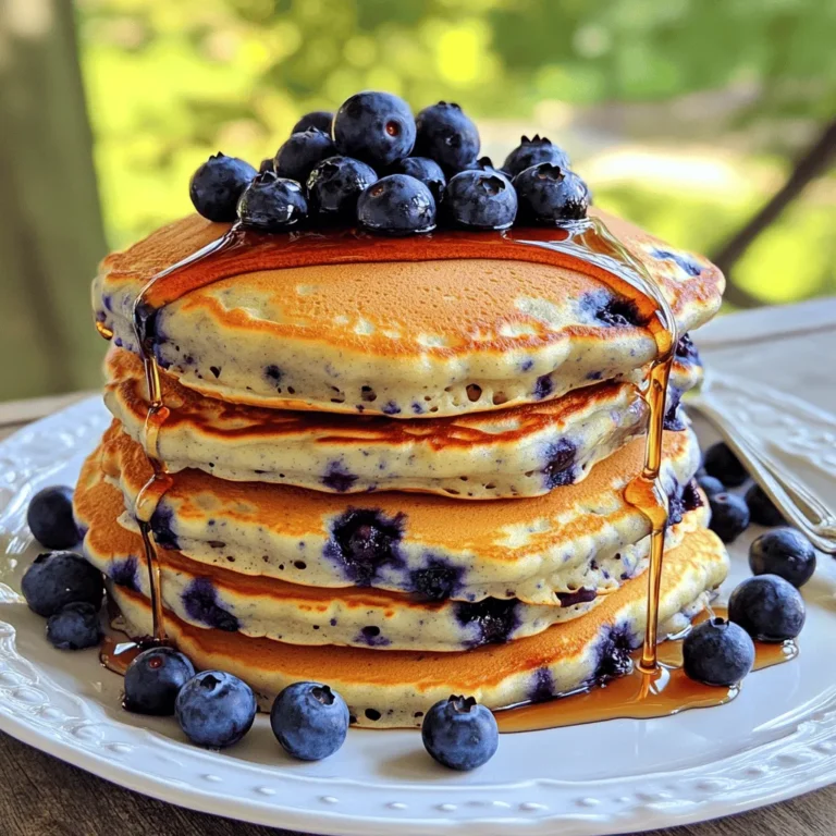 Here’s what you need to make fluffy pancakes with blueberries: - 1 cup all-purpose flour - 2 tablespoons granulated sugar - 1 tablespoon baking powder - 1/2 teaspoon salt - 1 cup whole milk (or almond milk) - 1 large egg - 2 tablespoons unsalted butter - 1 cup fresh blueberries - 1 teaspoon pure vanilla extract - Maple syrup for serving These ingredients come together to create a tasty breakfast treat. The flour gives the pancakes structure. Sugar adds a hint of sweetness. Baking powder makes them rise and stay fluffy. The milk helps keep the batter moist. The egg binds everything together. Butter adds richness. Blueberries provide juicy bursts of flavor. Finally, the vanilla brings warmth to every bite. You can use almond milk if you prefer a dairy-free option. The key is to have fresh blueberries for the best taste. Make sure you have all these ingredients ready before you start cooking. For more details, check the Full Recipe. Sifting flour, sugar, baking powder, and salt is key. It removes lumps and adds air. This makes your pancakes light and fluffy. Use a fine sieve or sifter. Combine everything in a large mixing bowl. Make sure to mix well until all ingredients are uniform. Next, whisk the wet ingredients. In a separate bowl, combine milk, egg, melted butter, and vanilla. Mix until it looks smooth and creamy. This step brings rich flavor to the pancakes. Room temperature ingredients work best. They blend easily and help create the fluffiest texture. Now, mix the wet and dry ingredients. Pour the wet mix into the dry bowl. Use a wooden spoon or spatula to stir. Be gentle and don’t overmix. Some lumps are okay; they help keep pancakes fluffy. After mixing, fold in the blueberries. This adds a burst of flavor in every bite. For cooking, preheat a non-stick skillet over medium heat. Lightly grease it with butter or cooking spray. Pour about 1/4 cup of batter for each pancake. Cook for 2-3 minutes. Watch for bubbles and set edges. Then, flip gently with a spatula. Cook for another 1-2 minutes until golden brown. Remove the pancakes and keep them warm if needed. Serve them hot, topped with extra blueberries and maple syrup. This makes for a delightful breakfast treat. For the detailed process, refer to the Full Recipe. To make fluffy pancakes, you must avoid overmixing the batter. Overmixing makes the pancakes dense. Mix just until the dry and wet ingredients are combined. Lumps in the batter are okay. They help keep the pancakes light and airy. Using room temperature ingredients also matters. Cold milk or eggs can slow down the chemical reactions needed for fluffiness. So, take your milk and egg out ahead of time. This simple step makes a big difference in texture. The temperature of your pan is key. Preheat your skillet on medium heat. A hot pan helps the pancakes rise and brown nicely. If it’s too hot, the outside will burn before the inside cooks. To know when to flip your pancakes, watch for bubbles. When bubbles form on the surface and the edges look set, it’s time to flip. This ensures they cook evenly and stay fluffy. For a beautiful pancake stack, try to stack them high on a warm plate. Sprinkle extra blueberries on top for color and flavor. A light dusting of powdered sugar adds elegance. Serve with a small bowl of maple syrup on the side. This allows guests to dip their pancakes, making it a fun experience. The Full Recipe gives you all you need to create this perfect breakfast treat! {{image_4}} You can easily adjust this fluffy pancake recipe to fit dietary needs. For a dairy-free option, swap whole milk for almond milk. Almond milk gives a nice flavor and keeps the pancakes soft. If you need gluten-free pancakes, use a gluten-free flour blend instead of all-purpose flour. This makes them safe for those with gluten sensitivities while still tasting great. Want to change up the flavors? You can add lemon zest to the batter. This gives the pancakes a fresh, citrus twist that brightens every bite. You can also try adding different fruits like strawberries or bananas. Spices like cinnamon or nutmeg can add warmth and depth to the flavor. Just mix in your choices and enjoy a new breakfast treat! You can store leftover pancakes easily. First, let them cool down to room temperature. Then, stack the pancakes with parchment paper in between each one. This step keeps them from sticking together. Place the stack in an airtight container or a resealable plastic bag. You can refrigerate them for up to three days. If you want to keep them longer, freeze the pancakes. For freezing, wrap each pancake in plastic wrap, then place them in a freezer bag. They can last for up to two months in the freezer. To reheat pancakes, you want to keep them fluffy. The best method is using a microwave. Place a pancake on a microwave-safe plate. Cover it with a damp paper towel. Heat for about 20-30 seconds. Check if it’s warm enough. If not, add a few more seconds. Another good option is using a skillet. Preheat the skillet on low heat and add a little butter. Place the pancake in the skillet for about 1-2 minutes on each side. This method makes them crispy on the outside and warm inside. Enjoy your pancakes again as if they were just made! You can find the Full Recipe to make these delightful pancakes fresh anytime. Yes, you can use frozen blueberries. They will work well in this recipe. Frozen berries may soften more than fresh ones. This can add extra juice to your pancakes. To prevent too much juice, add the frozen blueberries straight to the batter without thawing them. This way, they keep their shape better. If you like a burst of flavor, frozen blueberries can be a great choice. To make pancakes fluffy, follow these simple tips: - Use fresh baking powder. Old powder may not rise well. - Do not overmix the batter. A few lumps are okay. - Use room temperature ingredients. They mix better and create air bubbles. - Let the batter rest for about five minutes. This helps the gluten relax. - Cook on medium heat. Too high heat can burn the pancakes before they rise. If you want a vegan option, try these substitutes: - 1/4 cup applesauce can replace one egg. - 1/4 cup mashed banana works well too. - 1 tablespoon ground flaxseed mixed with 2.5 tablespoons water is another choice. These options keep the pancakes moist but may change the taste slightly. You can keep leftover pancakes in the fridge for about 3 days. Store them in an airtight container. For longer storage, freeze them. They can last up to 2 months in the freezer. To reheat, place them in the toaster or microwave. Enjoy your pancakes warm! For the full recipe, check out the main article. You now have a complete guide to making fluffy pancakes with blueberries. I shared the key ingredients, step-by-step instructions, and tips to get those pancakes just right. You can enjoy delicious variations and know how to store or reheat leftovers effectively. With this knowledge, your pancake game is strong. Get ready to wow your family and friends with tasty, fluffy pancakes. Happy cooking!