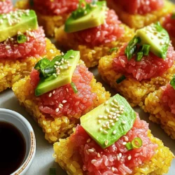 - 2 cups sushi rice - 2 ½ cups water - ½ teaspoon salt - 1 pound sushi-grade tuna, diced into small cubes - 1 ripe avocado, sliced into thin wedges - 1 tablespoon rice vinegar - 2 tablespoons mayonnaise (Kewpie is recommended for authenticity) - 1 tablespoon sriracha (adjust to your preferred spice level) - 1 teaspoon sesame oil - 1 tablespoon sesame seeds (for garnish) - 2 green onions, finely chopped (for garnish) - Soy sauce (for serving) Rinse the sushi rice in cold water until it runs clear. This step removes extra starch. It helps make your rice less sticky. Next, combine the rinsed rice, water, and salt in a medium saucepan. Bring it to a boil on medium-high heat. Once boiling, lower the heat, cover it, and let it simmer. Cook for 18-20 minutes until the water's gone. After that, let it sit covered for 10 more minutes to steam. In a bowl, mix the diced sushi-grade tuna, mayonnaise, sriracha, and sesame oil. Stir until the tuna is well-coated. You can taste it now. If you want more heat, add more sriracha to fit your spice level. This mix adds a creamy, spicy flavor that pairs perfectly with the rice. Now, it’s time to shape your rice. Wet your hands to avoid sticking. Take about 2 tablespoons of cooled rice. Shape it into a compact rectangle about one inch thick. Repeat this with the rest of the rice until you have 10-12 bites. Heat a thin layer of oil in a non-stick skillet over medium heat. Place your rice pieces in a single layer in the skillet. Fry them for 2-3 minutes on each side until golden brown and crispy. After frying, move them to a paper towel to drain excess oil. Now, let’s assemble! Top each crispy rice piece with a spoonful of spicy tuna. Add a slice of avocado on top for extra creaminess. Lastly, sprinkle sesame seeds and green onions over the bites. These toppings add color and crunch. Serve with soy sauce for dipping. Enjoy your crispy rice and spicy tuna bites! To achieve the perfect crispy texture, oil temperature matters. Heat your oil to about 350°F. If the oil is too cool, the rice will soak it up and become soggy. If it’s too hot, the outside burns before the inside cooks. Cooling the rice is also key. After cooking, let the rice cool completely. Warm rice can be sticky and hard to shape. Once cooled, it holds its form better when frying. You can boost flavor with toppings. Try adding a drizzle of soy sauce or a dash of spicy mayo on top. Chopped herbs like cilantro or mint can also add freshness. If you want something different, switch up the sauces. For substitutes, if you can't find sushi-grade tuna, try salmon or cooked shrimp. You can even use canned tuna in a pinch. Just make sure it’s packed in water or oil for the best taste. To enjoy Crispy Rice and Spicy Tuna Bites at their best, prep the rice and tuna separately. Cook your sushi rice and let it cool. You can make the spicy tuna mix while the rice cools. This way, each part stays fresh. Assemble the bites right before serving. This keeps the rice crispy and the tuna tasty. If you have leftover rice bites, store them in an airtight container. Place parchment paper between layers to avoid sticking. Keep them in the fridge for up to two days. When it’s time to eat, reheat them in a skillet over medium heat. This gives them back their crunch. Avoid the microwave, as it can make them soggy. Start by rinsing sushi rice until the water is clear. Cook it with water and salt. After it’s done, mix in rice vinegar. For the tuna, combine it with mayonnaise, sriracha, and sesame oil. Shape the rice into bites and fry them until golden. Top each bite with spicy tuna and avocado. Yes, but use only fresh, firm rice. Leftover rice may be too soft and mushy. It’s best to chill it in the fridge before using it. This helps keep the bites crispy when fried. Look for sushi-grade tuna at local fish markets or reputable grocery stores. Ask your fishmonger for recommendations. Ensure the tuna is bright red and firm. Always check for freshness. These bites come from Japanese cuisine. They are popular in sushi bars and fusion restaurants. The dish combines crunchy rice with spicy tuna flavors, creating a unique taste that many enjoy. {{image_4}} - Prep Time: 30 minutes - Cook Time: 30 minutes - Total Time: 1 hour - Servings: 4 Ingredients: - 2 cups sushi rice - 2 ½ cups water - ½ teaspoon salt - 1 tablespoon rice vinegar - 1 pound sushi-grade tuna, diced into small cubes - 2 tablespoons mayonnaise (Kewpie is recommended for authenticity) - 1 tablespoon sriracha (adjust to your preferred spice level) - 1 teaspoon sesame oil - 1 ripe avocado, sliced into thin wedges - 1 tablespoon sesame seeds (for garnish) - 2 green onions, finely chopped (for garnish) - Soy sauce (for serving) Key Steps: 1. Rinse sushi rice and cook it with water and salt. 2. Mix rice vinegar with salt, then fold it into cooled rice. 3. Combine tuna, mayonnaise, sriracha, and sesame oil in a bowl. 4. Shape the cooled rice into bites and fry until golden. 5. Top crispy rice bites with spicy tuna and avocado. 6. Garnish with sesame seeds and green onions; serve with soy sauce. To make your dish pop, plate the crispy rice bites on a colorful platter. You can create a fun display by arranging the bites in a circle or a line. Add some sliced limes or lemons on the side for a zesty touch. A drizzle of soy sauce over the bites adds flavor and looks great. Enjoy these bites warm, as the contrast between the hot rice and cool tuna is delightful! For an extra kick, consider serving with pickled ginger or more sriracha on the side. These ideas make your meal not just tasty but visually appealing too! You can now create your own Crispy Rice and Spicy Tuna Bites. We covered key ingredients, like sushi rice and fresh tuna, and shared step-by-step instructions. Perfecting the crispy texture and adding your favorite toppings can enhance the flavor. Whether you choose seafood or plant-based options, these bites are versatile. Don’t forget to store any leftovers properly. Enjoy your cooking journey, and share your creations with friends! Your kitchen adventures can lead to delicious meals everyone will love.