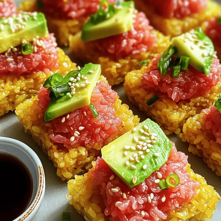 - 2 cups sushi rice - 2 ½ cups water - ½ teaspoon salt - 1 pound sushi-grade tuna, diced into small cubes - 1 ripe avocado, sliced into thin wedges - 1 tablespoon rice vinegar - 2 tablespoons mayonnaise (Kewpie is recommended for authenticity) - 1 tablespoon sriracha (adjust to your preferred spice level) - 1 teaspoon sesame oil - 1 tablespoon sesame seeds (for garnish) - 2 green onions, finely chopped (for garnish) - Soy sauce (for serving) Rinse the sushi rice in cold water until it runs clear. This step removes extra starch. It helps make your rice less sticky. Next, combine the rinsed rice, water, and salt in a medium saucepan. Bring it to a boil on medium-high heat. Once boiling, lower the heat, cover it, and let it simmer. Cook for 18-20 minutes until the water's gone. After that, let it sit covered for 10 more minutes to steam. In a bowl, mix the diced sushi-grade tuna, mayonnaise, sriracha, and sesame oil. Stir until the tuna is well-coated. You can taste it now. If you want more heat, add more sriracha to fit your spice level. This mix adds a creamy, spicy flavor that pairs perfectly with the rice. Now, it’s time to shape your rice. Wet your hands to avoid sticking. Take about 2 tablespoons of cooled rice. Shape it into a compact rectangle about one inch thick. Repeat this with the rest of the rice until you have 10-12 bites. Heat a thin layer of oil in a non-stick skillet over medium heat. Place your rice pieces in a single layer in the skillet. Fry them for 2-3 minutes on each side until golden brown and crispy. After frying, move them to a paper towel to drain excess oil. Now, let’s assemble! Top each crispy rice piece with a spoonful of spicy tuna. Add a slice of avocado on top for extra creaminess. Lastly, sprinkle sesame seeds and green onions over the bites. These toppings add color and crunch. Serve with soy sauce for dipping. Enjoy your crispy rice and spicy tuna bites! To achieve the perfect crispy texture, oil temperature matters. Heat your oil to about 350°F. If the oil is too cool, the rice will soak it up and become soggy. If it’s too hot, the outside burns before the inside cooks. Cooling the rice is also key. After cooking, let the rice cool completely. Warm rice can be sticky and hard to shape. Once cooled, it holds its form better when frying. You can boost flavor with toppings. Try adding a drizzle of soy sauce or a dash of spicy mayo on top. Chopped herbs like cilantro or mint can also add freshness. If you want something different, switch up the sauces. For substitutes, if you can't find sushi-grade tuna, try salmon or cooked shrimp. You can even use canned tuna in a pinch. Just make sure it’s packed in water or oil for the best taste. To enjoy Crispy Rice and Spicy Tuna Bites at their best, prep the rice and tuna separately. Cook your sushi rice and let it cool. You can make the spicy tuna mix while the rice cools. This way, each part stays fresh. Assemble the bites right before serving. This keeps the rice crispy and the tuna tasty. If you have leftover rice bites, store them in an airtight container. Place parchment paper between layers to avoid sticking. Keep them in the fridge for up to two days. When it’s time to eat, reheat them in a skillet over medium heat. This gives them back their crunch. Avoid the microwave, as it can make them soggy. Start by rinsing sushi rice until the water is clear. Cook it with water and salt. After it’s done, mix in rice vinegar. For the tuna, combine it with mayonnaise, sriracha, and sesame oil. Shape the rice into bites and fry them until golden. Top each bite with spicy tuna and avocado. Yes, but use only fresh, firm rice. Leftover rice may be too soft and mushy. It’s best to chill it in the fridge before using it. This helps keep the bites crispy when fried. Look for sushi-grade tuna at local fish markets or reputable grocery stores. Ask your fishmonger for recommendations. Ensure the tuna is bright red and firm. Always check for freshness. These bites come from Japanese cuisine. They are popular in sushi bars and fusion restaurants. The dish combines crunchy rice with spicy tuna flavors, creating a unique taste that many enjoy. {{image_4}} - Prep Time: 30 minutes - Cook Time: 30 minutes - Total Time: 1 hour - Servings: 4 Ingredients: - 2 cups sushi rice - 2 ½ cups water - ½ teaspoon salt - 1 tablespoon rice vinegar - 1 pound sushi-grade tuna, diced into small cubes - 2 tablespoons mayonnaise (Kewpie is recommended for authenticity) - 1 tablespoon sriracha (adjust to your preferred spice level) - 1 teaspoon sesame oil - 1 ripe avocado, sliced into thin wedges - 1 tablespoon sesame seeds (for garnish) - 2 green onions, finely chopped (for garnish) - Soy sauce (for serving) Key Steps: 1. Rinse sushi rice and cook it with water and salt. 2. Mix rice vinegar with salt, then fold it into cooled rice. 3. Combine tuna, mayonnaise, sriracha, and sesame oil in a bowl. 4. Shape the cooled rice into bites and fry until golden. 5. Top crispy rice bites with spicy tuna and avocado. 6. Garnish with sesame seeds and green onions; serve with soy sauce. To make your dish pop, plate the crispy rice bites on a colorful platter. You can create a fun display by arranging the bites in a circle or a line. Add some sliced limes or lemons on the side for a zesty touch. A drizzle of soy sauce over the bites adds flavor and looks great. Enjoy these bites warm, as the contrast between the hot rice and cool tuna is delightful! For an extra kick, consider serving with pickled ginger or more sriracha on the side. These ideas make your meal not just tasty but visually appealing too! You can now create your own Crispy Rice and Spicy Tuna Bites. We covered key ingredients, like sushi rice and fresh tuna, and shared step-by-step instructions. Perfecting the crispy texture and adding your favorite toppings can enhance the flavor. Whether you choose seafood or plant-based options, these bites are versatile. Don’t forget to store any leftovers properly. Enjoy your cooking journey, and share your creations with friends! Your kitchen adventures can lead to delicious meals everyone will love.