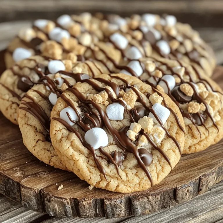Baking these Brown Butter S'mores Cookies is fun and simple. Here’s what you will need: - 1 cup unsalted butter (2 sticks) - 1 cup tightly packed brown sugar - 1/2 cup granulated sugar - 1 large egg - 1 tablespoon pure vanilla extract - 2 cups all-purpose flour - 1/2 teaspoon baking soda - 1/4 teaspoon fine sea salt - 1 cup graham cracker crumbs - 1 cup semi-sweet chocolate chips - 1 cup mini marshmallows Using quality ingredients is key for great flavor. The brown butter adds a nutty taste that really shines. The graham cracker crumbs bring that classic s'mores flavor. The chocolate chips and mini marshmallows add sweetness and gooeyness. For the best results, measure your ingredients carefully. This step ensures your cookies turn out just right. Also, remember to use fresh ingredients for the best taste. For the full recipe, check out the detailed instructions that follow. - Melt the unsalted butter in a medium saucepan. - Cook until it turns golden brown and smells nutty. Brown butter adds a deep flavor to these cookies. When you melt the unsalted butter, keep a close eye on it. Stir occasionally to help it brown evenly. It will bubble and foam as it cooks. This process takes about 5-7 minutes. Once you see that lovely golden color, remove it from the heat. Let it cool slightly before mixing with the sugars. - Combine the sugars with the brown butter in a large bowl. - Add the egg and vanilla extract. In a big mixing bowl, combine the warm brown butter with the brown sugar and granulated sugar. Use a whisk or mixer to blend until smooth. Add in the egg and pure vanilla extract. Stir until everything is well mixed. This mix will be creamy and sweet, forming the base of your cookie dough. - Mix the dry ingredients in a separate bowl. - Combine the wet and dry ingredients until just mixed. - Fold in the chocolate chips and mini marshmallows. In another bowl, whisk together the all-purpose flour, baking soda, fine sea salt, and graham cracker crumbs. Make sure there are no lumps. Gradually mix this dry blend into the wet mixture. Stir gently until combined; it should be a sticky dough. Now, fold in the chocolate chips and mini marshmallows. This step gives the cookies that classic s'mores vibe. - Chill the cookie dough in the refrigerator for at least 30 minutes. - Preheat your oven to 350°F (175°C). - Scoop and shape the cookies on lined baking sheets. Cover the cookie dough with plastic wrap or place it in a container. Let it chill in the fridge for at least 30 minutes. This helps the cookies hold their shape while baking. While the dough chills, preheat your oven to 350°F (175°C) and line your baking sheets with parchment paper. Scoop out the dough and shape it into balls. Space them about 2 inches apart on the baking sheets. - Bake for 10-12 minutes, until the edges are light golden brown. The centers may look a bit underbaked, but that’s okay! This gives them a chewy texture. Let the cookies cool on the sheet for about 5 minutes before moving them to a wire rack. Enjoy the gooey goodness of your Brown Butter S'mores Cookies! For the complete guide, check the Full Recipe. When you brown butter, watch for key signs. First, the butter will start to foam. Then, the color will shift to a warm golden shade. You will smell a nutty fragrance. This process takes about 5-7 minutes. After browning, let the butter cool a bit. Cooling helps prevent the dough from becoming too warm when mixed. Chilling your cookie dough makes a big difference. It allows the flavors to meld and firms up the dough. This way, the cookies bake evenly. For a chewy center, bake until the edges are lightly golden. The centers should look a bit underbaked, which gives that perfect texture. To achieve crispy edges, space the cookies well on the baking sheet. To serve your cookies, use a rustic wooden platter. For a fun twist, drizzle melted chocolate over the top. Sprinkle crushed graham crackers for added crunch. These cookies go great with a glass of cold milk or a scoop of vanilla ice cream. The cold treats balance the warm, gooey cookies perfectly. Enjoy the deliciousness! {{image_4}} You can change the flavors in your Brown Butter S'mores Cookies easily. Try adding nuts like walnuts or pecans for crunch. You can also swap in dark chocolate chips for a richer taste. For those needing gluten-free options, use gluten-free flour and gluten-free graham crackers. This way, everyone can enjoy these cookies. Mixing in different chips or extracts can make your cookies unique. You might use peanut butter chips or mint extract for a fun twist. You can also try different types of marshmallows. Mini s'mores marshmallows add a fun touch, while flavored marshmallows can surprise your taste buds. If you want cookie bars instead of cookies, simply spread the dough in a baking pan. Use a 9x13 inch pan for best results. Bake the bars for about 20-25 minutes. Check for a golden top. Let them cool before cutting into squares. This makes for easy sharing and great for parties. To keep your Brown Butter S'mores Cookies fresh, store them in an airtight container. This helps keep the cookies soft and chewy. Line the container with parchment paper. Place a layer of cookies, then add another layer of parchment. This method prevents sticking. You can also use a cookie jar with a tight lid. Keep the cookies at room temperature for the best taste. Freezing cookie dough is easy and smart. Make your dough as usual, but do not bake it. Scoop the dough onto a baking sheet. Freeze the scoops for about an hour. Once frozen, transfer them to a freezer bag. This way, you can bake fresh cookies anytime. When ready to bake, preheat your oven. Place the frozen dough on a baking sheet. Add a few extra minutes to the baking time. Baked cookies last about one week at room temperature. They may last longer if stored properly. Check for signs that they are stale. If the cookies feel hard or dry, they are past their prime. Look for any off smells or changes in color. If you see these signs, it's best to toss them. Enjoy your cookies while they are fresh! For the full recipe, visit the main article. To check if your cookies are done, look at the edges. They should be light golden brown. The center may still look soft but will firm up as they cool. You can also gently touch the edge. If it feels set, your cookies are ready. Avoid baking them too long to keep that chewy texture. Yes, you can substitute some ingredients. For example, if you need a gluten-free option, use gluten-free flour. If you have a dairy allergy, try coconut oil instead of butter. You can also swap mini marshmallows for larger ones. Just chop them up to fit in the dough. If your dough feels too sticky, add a bit more flour. Start with a tablespoon at a time until it feels right. You can also chill the dough longer. This helps it firm up, making it easier to scoop and shape. You can use salted butter, but it changes the flavor. The cookies may taste a bit saltier. If you do use salted butter, reduce or skip the added salt in the recipe. This helps keep the right balance of flavors. In this blog post, we explored a delicious cookie recipe. We covered the key ingredients, steps to make the dough, and tips for baking. I shared ways to add flavors and variations, and how to store your cookies. Remember, browning the butter gives a rich taste, and chilling the dough helps with texture. Enjoy these cookies fresh or frozen. Now you have the tools to create tasty treats that everyone will love.