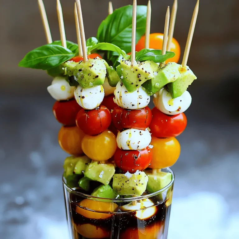 To create these tasty skewers, you need: - 1 pint of fresh cherry tomatoes - 8 oz of creamy fresh mozzarella balls (bocconcini) - 1 ripe avocado, diced into bite-sized pieces - Handful of fresh basil leaves - 1 tablespoon balsamic glaze - 2 tablespoons extra virgin olive oil - Salt and freshly cracked pepper to taste - Skewers (8-10 inches long) These ingredients work together to give you that classic Caprese taste with a fun twist. You can mix it up a bit with these extras: - Sliced black olives for a salty kick - Prosciutto for a savory touch - Cherry bomb peppers for some heat - A sprinkle of crushed red pepper flakes for spice Adding any of these ingredients can make your skewers even more delightful. You will need some simple tools to make this dish: - A sharp knife for cutting - A cutting board for prep - Small bowls for holding ingredients - Serving platter to display your skewers Having the right tools makes the process smooth and fun. Follow the Full Recipe for complete steps to make these delicious skewers! Start by washing your cherry tomatoes and basil leaves in cold water. This gets rid of dirt. Drain the mozzarella balls well to avoid extra moisture. Next, cut the avocado in half and remove the pit. Slice the avocado into small cubes. Lightly sprinkle salt and pepper on the avocado. This adds flavor and stops it from browning. Grab a skewer and thread a cherry tomato onto it first. Then, add a fresh basil leaf. Next, slide on a mozzarella ball, followed by a piece of diced avocado. Keep layering until the skewer is filled. Leave about one inch at the end for easy handling. Aim for 3-4 pieces of each ingredient on each skewer. This makes your skewers colorful and fun! Once you finish assembling all the skewers, place them on a nice platter. Drizzle extra virgin olive oil and balsamic glaze over them for extra flavor. Sprinkle a bit of salt and fresh cracked pepper on top to taste. For a great display, stand the skewers up in a tall glass or jar. Surround them with fresh basil leaves to add color and a lovely smell. Don't forget to check out the Full Recipe for more details! To make perfect skewers, use fresh ingredients. Choose ripe cherry tomatoes. They should be bright and firm. Look for mozzarella balls that are creamy and smooth. For added texture, include ripe avocado cubes. Layer your ingredients on the skewer in this order: tomato, basil, mozzarella, and avocado. This pattern creates balance and taste. Aim for 3-4 pieces of each ingredient. This builds a colorful skewer. Balsamic glaze adds a rich sweetness. Choose a high-quality glaze for the best flavor. Drizzle it over the skewers just before serving. This adds a shiny finish and depth of taste. You can also dip each skewer in the glaze. This lets guests control their flavor. Remember to keep it light; a little goes a long way. Make your skewers look great on the table. Stand them upright in a tall glass or jar. This displays them nicely and makes them easy to grab. Surround the base with fresh basil leaves. It adds color and a nice scent. You can also use a wooden board for a rustic feel. Arrange them in a circle for a fun look. The key is to make them inviting and fun to eat. {{image_4}} The classic Caprese skewer is a simple delight. It features fresh tomatoes, mozzarella, and basil. The freshness of these ingredients shines through. But let’s add a twist! The avocado twist gives you creamy goodness. It makes the skewers richer and more filling. The ripe avocado pairs well with the tangy balsamic glaze. You get a taste explosion that will impress your guests. You can play with your ingredients. Want a kick? Add slices of spicy salami or prosciutto. For a crunchy texture, try adding cucumber slices. You can also swap in different cheeses. Feta or goat cheese give unique flavors. Experiment with colorful bell peppers or marinated artichokes too. Each change makes your skewer special and fun. Making these skewers vegan is easy! Just skip the mozzarella and add more veggies. Try using marinated tofu or a nut-based cheese. These options keep the flavor while being dairy-free. You can also use a balsamic reduction made from just vinegar and a sweetener. It adds depth without any animal products. Enjoy the same great taste while catering to dietary needs. For the full recipe, see the details above. Store any leftover skewers in an airtight container. This keeps them fresh and tasty. You can also wrap them tightly in plastic wrap. Keep them in the fridge for the best results. Avoid stacking them too high to prevent squishing. When prepping for a gathering, make your skewers a few hours ahead. This saves time and keeps things easy. If you want to prep a day in advance, store the ingredients separately. Assemble them just before serving for the best flavor. Leftover skewers stay fresh for about two days in the fridge. After that, the mozzarella may become soggy, and the avocado might brown. It's best to enjoy them within this time to keep the flavors bright. If you notice any changes, it's time to toss them. For maximum quality, aim to make them fresh when you can. For the complete process, check the Full Recipe. Yes, you can prepare Caprese Salad Skewers ahead of time. Make them a few hours before your event. Just keep them in the fridge. This helps the flavors blend nicely. You can also drizzle the balsamic glaze just before serving. This keeps the skewers looking fresh and tasty. You can add many fun ingredients to your skewers. Try adding olives for a salty bite. You can also use different cheeses, like feta or goat cheese. Cherry peppers can bring a nice kick. For a sweet twist, add some diced fruit like strawberries or peaches. The key is to mix flavors that you enjoy. To stop avocado from browning, use a light sprinkle of salt and pepper. This adds flavor and slows oxidation. You can also squeeze some lemon juice on the avocado pieces. The acid helps keep them green and fresh. If you prepare them in advance, cover them tightly with plastic wrap. This limits air exposure and keeps them looking great. Caprese salad skewers offer a fresh, tasty snack or meal. We covered the key ingredients like tomatoes and mozzarella, plus optional flavors to make them special. I gave step-by-step instructions for quick prep and assembly. You learned tips for perfect skewers and fun variations, like the avocado twist. Finally, I shared how to store leftovers and keep them fresh. These easy skewers fit any occasion. Enjoy making them your own!