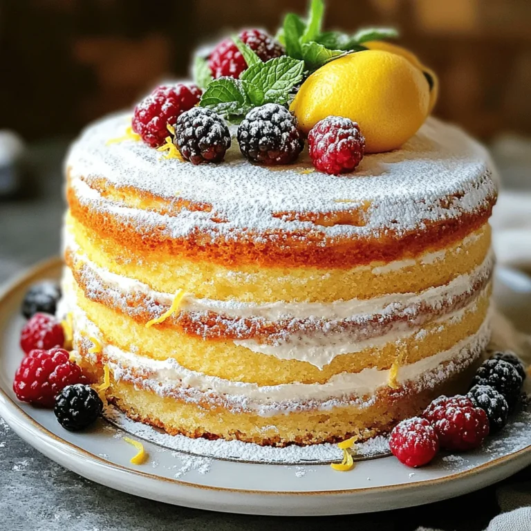To make this lemon cake, gather these ingredients: - 1 ½ cups all-purpose flour - 1 cup granulated sugar - ½ cup unsalted butter, softened - 2 large eggs - ½ cup buttermilk - 2 tablespoons freshly grated lemon zest - ¼ cup freshly squeezed lemon juice - 1 teaspoon baking powder - ½ teaspoon baking soda - ½ teaspoon fine sea salt - 1 teaspoon pure vanilla extract - Powdered sugar for dusting (optional) - Fresh berries and mint leaves for garnish (optional) Each ingredient plays a key role in the cake's flavor and texture. The all-purpose flour gives structure, while sugar adds sweetness. Unsalted butter provides richness, and eggs help bind the batter. Buttermilk adds moisture and a slight tang. Fresh lemon zest and juice create that bright, zesty flavor we love. When selecting lemons, look for ones that feel heavy for their size. This means they are juicy. Fresh ingredients yield the best taste. If you need to make changes, don't worry. Here are some alternatives: - For buttermilk, mix ½ cup milk with 1 tablespoon white vinegar or lemon juice. Let it sit for 5 minutes. - If you want a dairy-free option, use a plant-based butter and almond milk. - You can swap granulated sugar with coconut sugar for a different sweetness level. - For a gluten-free version, use a 1:1 gluten-free flour blend. These options help you customize the cake while still keeping it delicious! For the full recipe, check out the detailed instructions. First, set your oven to 350°F (175°C). This warm heat will help bake the cake perfectly. Next, grab an 8-inch round cake pan. Grease it with butter or cooking spray. Then, dust it with flour to prevent sticking. This step ensures your cake comes out easily after baking. In a medium bowl, mix the dry ingredients. Whisk together 1 ½ cups of flour, 1 teaspoon of baking powder, ½ teaspoon of baking soda, and ½ teaspoon of fine sea salt. Set this aside for later. In a large bowl, cream ½ cup of softened butter and 1 cup of sugar. Use an electric mixer on medium speed. Beat for about 3-4 minutes until fluffy and pale. Add 2 large eggs, one at a time. Mix well after each one. Then, stir in 1 teaspoon of pure vanilla extract. Now, combine the wet and dry ingredients. Start with a third of the flour mixture. Then, add half of ½ cup of buttermilk. Alternate adding the remaining flour and buttermilk. Mix gently to keep the cake light. Finally, fold in 2 tablespoons of freshly grated lemon zest and ¼ cup of lemon juice. This adds that zesty flavor we love! Pour the batter into the prepared cake pan. Use a spatula to smooth the top. This helps the cake rise evenly. Place the pan in the oven. Bake for 25-30 minutes. Check the cake by inserting a toothpick into the center. If it comes out clean or with a few moist crumbs, it’s ready. Once baked, take the cake out of the oven. Let it cool in the pan for about 10 minutes. Then, transfer the cake to a wire rack to cool completely. This cooling step helps keep your cake moist and fluffy. For a lovely finish, dust the top with powdered sugar. Serve with fresh berries and mint leaves for a beautiful touch. If you want the full recipe, check it out here: [Full Recipe]. To achieve a fluffy and light lemon cake, you must avoid overmixing. Mix only until the ingredients blend. If you overmix, the cake can turn dense. Also, use room temperature ingredients. This helps the batter mix well and rise perfectly. For a stronger lemon taste, add more lemon zest. The zest holds essential oils that boost flavor. You can also use lemon extract for extra zing. Just a teaspoon will do. Fresh lemon juice is key; it brightens the cake and makes it shine. One common mistake is skipping the oven preheating. Always preheat the oven before baking. Another error is not greasing the cake pan well. If the pan sticks, you may lose part of your cake. Lastly, check the cake with a toothpick. If it comes out wet, give it more time in the oven. For a full recipe, check out the complete Lemon Cake to Die For recipe. {{image_4}} You can make your lemon cake even better with fun add-ins. Here are some ideas: - Blueberries: Fresh or frozen blueberries add a burst of flavor. They pair well with lemon and add a nice color. - Poppy Seeds: Sprinkle in some poppy seeds for a nice crunch. They give a unique texture and look great. - Coconut: Shredded coconut can add a tropical twist. It makes the cake moist and adds flavor depth. - Chocolate: For a bold choice, mix in some white chocolate chips. They create a lovely contrast with the lemon. The right frosting can take your lemon cake to the next level. Here are some tasty options: - Lemon Buttercream: This classic choice is sweet and tangy. Use lemon zest and juice for a fresh kick. - Cream Cheese Frosting: This frosting is rich and creamy. It balances the cake’s lemon flavor well. - Whipped Cream: Light and airy, whipped cream adds a soft touch. You can flavor it with lemon zest for extra zing. - Glaze: A simple lemon glaze is easy to make. Just mix lemon juice and powdered sugar until smooth. You can easily adapt this lemon cake for different diets. Here’s how: - Gluten-Free: Use a gluten-free flour blend. Make sure it includes xanthan gum for better texture. - Vegan: Replace eggs with flax eggs or chia seeds. Use a vegan butter alternative and non-dairy milk. - Sugar-Free: Consider a sugar substitute like erythritol. This option keeps the sweetness while cutting calories. Each variation can help you create a lemon cake that fits your tastes and needs. For more details on making this cake, check out the Full Recipe. To keep your lemon cake fresh, store it in an airtight container. This method helps prevent it from drying out or absorbing other smells. You can keep the cake at room temperature for up to two days. If you have leftover slices, I suggest wrapping them in plastic wrap or aluminum foil. If you want to keep it longer, refrigerate it. Just remember to allow it to come to room temperature before serving again. Freezing your lemon cake is a fantastic way to enjoy it later. First, let the cake cool completely. Next, wrap it tightly in plastic wrap. After that, place the wrapped cake in a freezer-safe bag or container. It can stay frozen for up to three months. When you’re ready to enjoy it, thaw the cake in the fridge overnight. This helps it retain moisture and flavor. If you stored your lemon cake in the fridge or freezer, reheating can bring back its delightful taste. Preheat your oven to 350°F (175°C). Place the cake on a baking sheet and cover it loosely with foil. Heat it for about 10-15 minutes. This method warms the cake without making it dry. For extra flavor, you can drizzle a little lemon juice on top before reheating. Enjoy your slice and savor every bite! For the full recipe, check out the details above. To keep your lemon cake moist, use buttermilk. Buttermilk adds richness and helps create a soft crumb. Also, do not overmix your batter. Overmixing can make the cake dense. Finally, check the oven temperature. If it’s too hot, the cake may dry out. To boost the lemon flavor, add more lemon zest. You can use the zest from an extra lemon. Fresh lemon juice also helps. Try increasing the juice by one tablespoon. This will give your cake a brighter taste. Yes, you can make this lemon cake ahead of time. Bake the cake and let it cool completely. Wrap it in plastic wrap and store it in the fridge. It will stay fresh for about three days. You can also freeze it for up to three months. Just thaw it in the fridge when you're ready to enjoy it. For the full recipe, check the detailed instructions provided above. You now have a complete guide to making a delicious lemon cake. We reviewed the key ingredients and their substitutes, ensuring you can customize your cake. The step-by-step instructions make the baking process simple. Tips for texture and flavor boost your cake to new heights. Variations let you explore different tastes and dietary needs. Remember, the right storage will keep your cake fresh. Review the FAQs for quick answers to common questions. Enjoy your baking journey and the tasty results!
