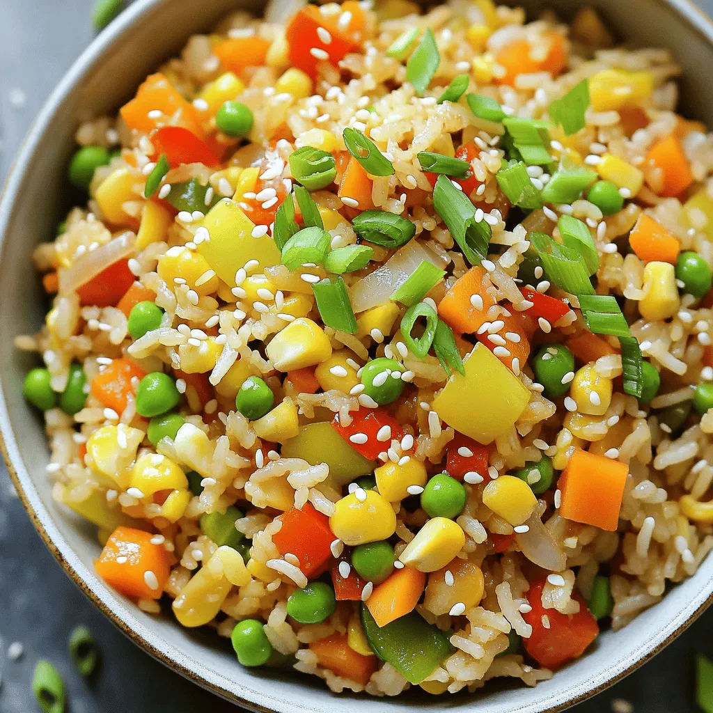 To create a delicious Vegetable Fried Rice, you need fresh and vibrant ingredients. Here’s what you will need: - 2 cups cooked rice (preferably day-old for the perfect texture) - 1 cup mixed vegetables (a colorful mix of diced carrots, green peas, bell peppers, and corn) - 1 small onion, finely diced - 2 cloves garlic, minced - 1-inch piece of fresh ginger, grated - 2 tablespoons soy sauce (or tamari for a gluten-free option) - 1 tablespoon sesame oil - 1 teaspoon olive oil - 2 green onions, thinly sliced - Salt and pepper to taste - Sesame seeds for garnish (optional) Having these ingredients ready makes cooking easy. Using day-old rice is key. It helps the rice fry better and gives it a nice texture. Fresh vegetables add flavor and color. You can mix and match your favorite veggies, too! When you gather these items, you set yourself up for success. The soy sauce and sesame oil provide great umami flavors. The garlic and ginger add a fragrant kick. Don't forget to taste and adjust salt and pepper as you go along. You can find the full recipe for this vibrant dish in the earlier sections. Enjoy your cooking! 1. Heat olive oil and sauté onions Start by heating 1 teaspoon of olive oil in a large skillet or wok over medium-high heat. Once the oil shimmers, add 1 small, finely diced onion. Sauté the onion for 2 to 3 minutes until it becomes soft and translucent. 2. Add garlic and ginger Next, incorporate 2 cloves of minced garlic and 1-inch piece of grated fresh ginger. Stir these into the pan and cook for about 1 minute. This step fills your kitchen with a wonderful aroma. 3. Incorporate mixed vegetables Now, add 1 cup of mixed vegetables. This can be a colorful mix of diced carrots, green peas, bell peppers, and corn. Stir-fry the vegetables for 4 to 5 minutes. You want them to be bright and tender-crisp. 4. Cook and combine with rice Push the cooked veggies to one side of the skillet, creating space. Add 2 cups of cooked rice to this empty area. Pour 2 tablespoons of soy sauce and 1 tablespoon of sesame oil over the rice. Mix everything together and stir-fry for about 5 minutes. Ensure the rice is heated and well-coated with flavor. You can find the Full Recipe for all details on this vibrant dish. Enjoy the process and watch your Vegetable Fried Rice come to life! - Using day-old rice: Day-old rice is best. It dries out a bit, making it easier to fry. Fresh rice is often too moist. It clumps and does not fry well. - Seasoning adjustments: Adjust your seasonings to fit your taste. More soy sauce adds saltiness. Add a pinch of sugar for balance. A splash of vinegar can give a nice kick. - Cooking on high heat for better texture: High heat is key. It helps the rice and veggies get crispy. Keep stirring to avoid burning while achieving that great texture. - Overcrowding the pan: Do not crowd the pan. This traps steam and makes everything soggy. Cook in batches if you have a lot of rice or veggies. - Undercooking vegetables: Make sure to cook your veggies fully. They should be tender but still bright. This keeps them tasty and colorful. - Not reheating rice properly: Reheat rice the right way. If rice is cold, it can stick together. Use a splash of water when reheating to create steam. This helps separate the grains. {{image_4}} You can swap vegetables based on what you have at home. Try using: - Broccoli - Zucchini - Peas - Spinach These add great color and flavor. You can also change the rice. For a healthy twist, use: - Quinoa - Cauliflower rice Both options give a new texture. If you want more flavor, try different sauces. You can add: - Sriracha for heat - Hoisin for sweetness These sauces can make your fried rice unique and tasty. Making this dish fit your diet is easy. For vegan options, stick to vegetables and rice. Use soy sauce or tamari for flavor. If you need gluten-free choices, choose tamari instead of soy sauce. Most vegetables are naturally gluten-free. This way, everyone can enjoy a delicious meal. For the full recipe, check out the [Full Recipe]. To keep your vegetable fried rice fresh, store it in an airtight container. This method helps prevent moisture loss and keeps out odors from your fridge. Let the rice cool to room temperature before sealing it up. You can store it in the fridge for about 3 to 5 days. Labeling the container with the date can help you track freshness. You can reheat your fried rice using a microwave or stovetop. For the microwave, place the rice in a bowl and cover it with a damp paper towel. Heat it in short bursts, stirring in between, until hot. If you choose the stovetop, add a splash of water or oil to a skillet. Heat over medium until warm, stirring to avoid sticking. To keep the rice from becoming soggy, don’t add too much liquid. Stir frequently to ensure even heating. This way, you’ll enjoy a tasty meal that feels just made! For the complete recipe, see the Full Recipe section. To enhance the taste of your vegetable fried rice, focus on seasoning. Start with high-quality soy sauce for a savory depth. You can also add oyster sauce or fish sauce for more umami. Fresh herbs like cilantro or basil elevate the dish too. A dash of sesame oil adds a nutty flavor. Spice it up with chili flakes or fresh chili for a kick. Try adding proteins like tofu or eggs for extra richness. Yes, you can use frozen vegetables! They are a great time-saver. Just make sure to thaw them first. Pat them dry with a towel to remove excess moisture. This keeps your fried rice from getting soggy. Frozen veggies are often picked at peak freshness, so you’ll still get great flavor. The best rice for fried rice is day-old rice. It has a drier texture, which helps it fry better. Freshly cooked rice can be too sticky. If you don’t have day-old rice, you can cool freshly cooked rice by spreading it on a tray. This helps it dry out a bit. Jasmine or basmati rice works well too, but avoid short-grain rice. To store leftover fried rice, place it in an airtight container. Keep it in the fridge for up to three days. When you’re ready to reheat, use a microwave or stovetop. For the microwave, add a splash of water and cover. Heat in short bursts, stirring in between. On the stovetop, add a little oil to a pan. Heat over medium until warmed through. This prevents it from getting dry. You now know the key ingredients for making tasty vegetable fried rice. We covered preparation steps, tips to avoid mistakes, and ways to make it your own. Remember to use day-old rice for the best texture and don’t overcrowd your pan. Feel free to experiment with different veggies or sauces. Whether you’re a beginner or a pro, this dish is easy to master. Enjoy your meal and share it with others. Happy cooking!