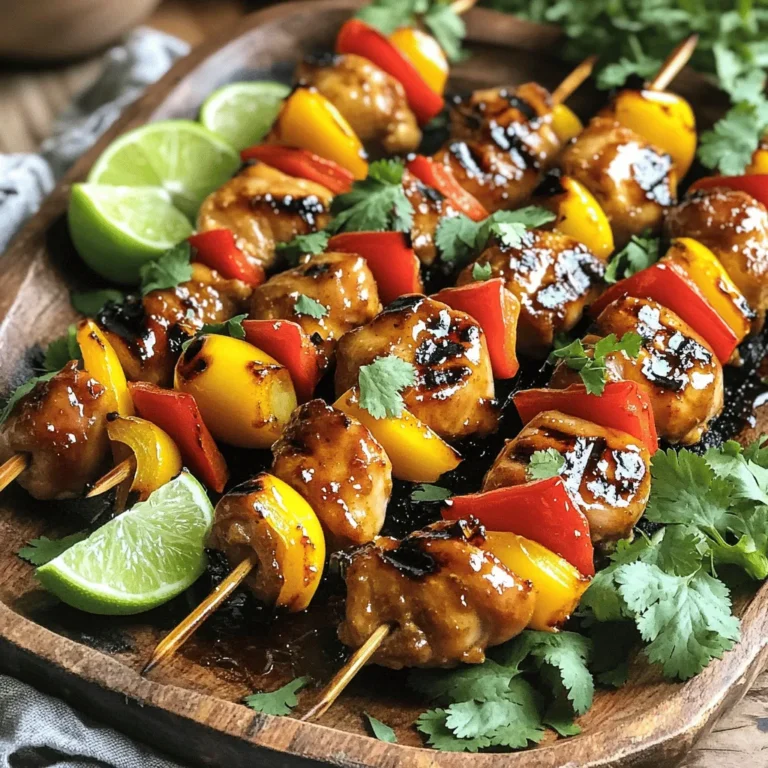 - 1 lb (450 g) boneless chicken thighs, cut into bite-sized pieces - 2 tablespoons soy sauce - 2 tablespoons honey - 1 tablespoon fish sauce - 2 cloves garlic, minced - 1 tablespoon fresh ginger, grated - 1 tablespoon red curry paste - 1 tablespoon lime juice - 1 teaspoon brown sugar - 1 red bell pepper, cut into 1-inch chunks - 1 yellow bell pepper, cut into 1-inch chunks - Fresh cilantro, chopped, for garnish For this dish, I love using boneless chicken thighs. They stay juicy and tender when cooked. The marinade is key. It has soy sauce for saltiness, honey for sweetness, and fish sauce for depth. Garlic and ginger add a lovely aroma. The red and yellow bell peppers not only bring color but also crunch. Fresh cilantro gives a bright finish. - Skewers (wooden or metal) - Mixing bowl - Grill or grill pan Using the right tools makes cooking easier. I recommend wooden skewers, but metal ones work too. A good mixing bowl helps combine the marinade well. A grill or grill pan gets the chicken that perfect char. For the best results, soak wooden skewers in water first. This keeps them from burning. You can find the [Full Recipe] online for complete instructions and tips as you make these skewers. To make the marinade, start by mixing soy sauce, honey, and fish sauce in a bowl. These ingredients create a perfect blend of salty and sweet. Next, add minced garlic and grated ginger for a burst of flavor. These aromatics will enhance every bite. Finally, stir in red curry paste and lime juice for extra zest. This marinade packs a punch that makes the chicken shine. Now, coat your chicken pieces in the marinade. Make sure every piece gets a good cover. For the best results, let the chicken marinate for at least 30 minutes. If you have extra time, two hours brings out even more flavor. This step ensures your chicken becomes tender and tasty. First, prepare your grill or grill pan. Heat it to medium-high for great searing. If using wooden skewers, soak them in water for 30 minutes. This step stops them from burning. Once marinated, thread the chicken and colorful bell peppers onto the skewers. Alternate between chicken and peppers for a vibrant look. Next, grill the skewers for about 10-12 minutes. Turn them often to cook evenly. Watch for nice grill marks and check that the chicken reaches 165°F (75°C). After grilling, let the skewers rest for a few minutes. This helps keep them juicy. Finally, sprinkle fresh cilantro on top for a lovely finish. For the full recipe, check out the details above. To keep your chicken juicy, marinating is key. The marinade adds flavor and moisture. I recommend marinating the chicken for at least 30 minutes. For the best taste, aim for two hours. This allows the flavors to soak in. When cooking, make sure to check the temperature. The chicken should reach 165°F (75°C) to be safe and delicious. When serving, arrange skewers on a bright platter. This makes the dish eye-catching. You can also garnish with lime wedges. Sprinkle sesame seeds on top for extra texture. Drizzle any leftover marinade over the skewers. Make sure to boil it first for safety. This not only adds flavor but also enhances the visual appeal. If you use wooden skewers, soak them in water for 30 minutes. This helps prevent burning on the grill. Always handle raw chicken with care. Wash your hands and surfaces after touching it. Use separate plates for raw and cooked chicken. Keeping these tips in mind ensures a safe and tasty meal. For the complete recipe, check the [Full Recipe]. {{image_4}} You can switch out chicken for other proteins. Tofu works well for a vegan option. Shrimp also adds a nice touch with its sweet flavor. For vegetables, try zucchini or mushrooms. Both will add a different taste and texture to your skewers. Mixing and matching proteins and veggies can keep things fresh and fun. Want to tweak the taste? You can adjust the sweetness by adding more honey or sugar. If you prefer more heat, add extra red curry paste or some chili flakes. Fresh herbs like basil or mint can enhance the dish’s flavor. Try adding lemongrass for a unique twist. Each change will make your skewers special and delightful. Experimenting is part of the fun! For the full recipe, check out the Sweet and Spicy Thai Chicken Skewers. To keep your sweet and spicy Thai chicken skewers fresh, store them properly. Place leftover skewers in an airtight container. This will prevent them from drying out. You can also wrap them in plastic wrap for added protection. Store them in the fridge. They will stay good for about three days. It’s best to eat them sooner for the best taste. When it's time to enjoy your leftover skewers, reheating them right is key. You can use a microwave or an oven. If using a microwave, place them on a microwave-safe plate. Heat them for about 1-2 minutes. If you want a crispy texture, the oven is a better choice. Preheat the oven to 350°F (175°C) and bake them for about 10-15 minutes. To keep the flavor and texture, cover them with foil while reheating. This way, they won’t dry out. Enjoy your delicious skewers again! For the full recipe, check out the details. For the best flavor, marinate chicken for at least 30 minutes. If you have time, let it sit for up to 2 hours. This longer marinade allows the chicken to soak up all the tasty flavors. Yes, you can cook these skewers in the oven. Preheat your oven to 400°F (200°C). Place the skewers on a baking sheet lined with foil. Bake for about 15-20 minutes, turning halfway, until the chicken is done. These skewers pair well with: - Jasmine rice - Coconut rice - A fresh salad - Grilled veggies - Peanut sauce for dipping The chicken is done when it reaches an internal temperature of 165°F (75°C). You can also check for doneness by looking for a golden color on the outside. The juices should run clear when you cut into the chicken. The Sweet and Spicy Thai Chicken Skewers recipe combines tasty ingredients like chicken thighs, soy sauce, garlic, and colorful bell peppers. You learned how to marinate the chicken for great flavor, grill it perfectly, and present it nicely. Remember to try different proteins and veggies for fun twists. Follow safety tips to enjoy your skewers worry-free. This dish is not only easy to make but also full of flavor. Make it a meal everyone will love and share your creations!