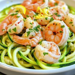 - 1 pound large shrimp, peeled and deveined - 4 medium zucchinis, spiralized into noodles - 3 tablespoons olive oil - 4 cloves garlic, finely minced - 1 teaspoon red pepper flakes - 1 lemon, juiced and zested - 1/4 cup low-sodium chicken broth - Salt and freshly ground black pepper to taste - Fresh parsley, chopped, for garnish - Grated Parmesan cheese (optional) When making Skinny Shrimp Scampi with Zucchini Noodles, use fresh, high-quality ingredients. Fresh shrimp adds flavor and texture. Look for large shrimp that are firm and pink. Peel and devein them yourself for the best taste. Zucchini noodles are a great base. Spiralizing zucchini gives a fun twist to this dish. They cook quickly and hold flavor well. You can use a spiralizer or a julienne peeler. The key is to make even, thin noodles for a great bite. The olive oil is essential for sautéing. It gives richness and depth to the dish. Garlic adds a strong aroma and flavor. Use fresh garlic; it’s much better than pre-minced. Red pepper flakes bring a nice kick. Adjust the amount based on your spice preference. Lemon juice and zest brighten the dish. They cut through the richness of the shrimp and oil. Chicken broth adds moisture and enhances flavor. Use low-sodium broth to control salt levels. Lastly, garnish with fresh parsley. It adds color and freshness. You can sprinkle grated Parmesan on top for extra richness. For the complete recipe, refer to the Full Recipe. This dish is simple yet elegant, perfect for any occasion. - Heat 2 tablespoons of olive oil in a large skillet over medium heat. Allow the oil to warm for about 1 minute. - Once hot, add minced garlic and red pepper flakes. Sauté for around 30 seconds until the garlic is fragrant but not browned. - Increase the heat to medium-high. Add the shrimp to the skillet. Season with salt and black pepper. Cook the shrimp for 2-3 minutes, stirring occasionally, until they turn pink and opaque. - In the same skillet, pour in the last tablespoon of olive oil and chicken broth. Bring to a gentle simmer. - Add the spiralized zucchini noodles to the skillet. Toss them gently in the broth. Cook for 2-4 minutes, stirring often, until the noodles are tender yet still al dente. - Return the cooked shrimp to the skillet. Add freshly squeezed lemon juice and lemon zest. Toss everything together gently to combine and heat through for about 1 more minute. - Remove the skillet from the heat. Sprinkle chopped parsley over the top for freshness. - Serve the dish right away on warm plates. Offer grated Parmesan cheese on the side for those who want it. For the complete details and measurements, check the Full Recipe. To make great zucchini noodles, start by choosing firm zucchinis. Look for ones that are not too big. Bigger zucchinis can be watery. To avoid watery zucchini noodles, salt them lightly before cooking. This helps draw out excess moisture. After salting, let them sit for about 10 minutes, then pat them dry with a paper towel. For spiralizing, use a good quality spiralizer. Hold the zucchini with one hand and twist it. This will give you long, even noodles. You can also use a vegetable peeler for wider ribbons if you prefer. To prepare this dish in advance, cook the shrimp and store them in the fridge. You can spiralize the zucchini a day ahead too. Just keep them in an airtight container. When storing, keep the shrimp separate from the noodles. This helps to keep the noodles from getting soggy. For freshness, consume within two days. Reheat the shrimp, then toss in the noodles just before serving. Add more herbs for extra flavor. Fresh basil or thyme pairs well with shrimp. You can also try adding a pinch of smoked paprika for a smoky touch. For more texture, consider adding cherry tomatoes or bell peppers. They cook quickly and brighten the dish. Another option is to swap out chicken broth for vegetable broth. This keeps it light but adds depth to the flavor. If you want a richer taste, sprinkle in some grated Parmesan cheese before serving. It melts beautifully and adds creaminess. For the full recipe, check the [Full Recipe] section to get started on your culinary adventure! {{image_4}} For a tasty twist, you can swap out zucchini noodles. Consider using these options: - Spaghetti squash - Shirataki noodles - Carrot noodles These alternatives keep your dish low in carbs. They also add unique flavors and textures. If you want to change the chicken broth, try vegetable broth. This swap adds a different taste without losing the low-sodium benefit. You can also use homemade broth for even more flavor. You can boost your dish with extra vegetables. Here are some great choices: - Cherry tomatoes - Spinach - Bell peppers These add color and make your meal more nutritious. You can sauté them with the garlic or mix them in at the end. Want more protein? You can switch shrimp for: - Scallops - Chicken breast - Firm tofu Each choice brings its own flavor. This way, you can keep your meals exciting and varied. If you need gluten-free options, this dish is already safe. Just make sure your broth is gluten-free. For a dairy-free version, skip the Parmesan cheese. You can use nutritional yeast for a cheesy flavor without dairy. This keeps your dish creamy and satisfying. By making these small changes, you can enjoy a personalized Skinny Shrimp Scampi with Zucchini Noodles. For the full recipe, check out the earlier section. After you enjoy your Skinny Shrimp Scampi, store any leftovers in a safe way. Let the dish cool down for about 30 minutes. This helps prevent condensation in the container. Use airtight containers to keep the shrimp and zucchini fresh. Glass or plastic containers work well. You can store the leftovers in the fridge for up to three days. When you’re ready to eat again, reheating is key. The best way to reheat shrimp scampi is on the stove. Use a skillet over low heat. Add a splash of chicken broth to keep it moist. Stir gently until it’s warm. If you want to refresh the flavors, squeeze some fresh lemon juice over it. If you want to save it for later, you can freeze the dish. Start by letting it cool completely. Then, place it in a freezer-safe container. Make sure to remove as much air as possible to prevent freezer burn. It can stay in the freezer for up to three months. When you're ready to eat, thaw it overnight in the fridge. Reheat as mentioned above for the best taste. For the complete recipe, check out the [Full Recipe]. It takes about 20 minutes to make Skinny Shrimp Scampi. You need around 10 minutes for prep. Cooking takes about 10 minutes. This quick time makes it great for busy nights. Yes, you can use frozen shrimp. First, thaw them in cold water. It takes about 15-20 minutes. Once thawed, drain them well. Cook them just like fresh shrimp for the best taste. You can serve this dish with a green salad or garlic bread. Steamed vegetables also pair well. For a light meal, try a side of mixed greens. Wine lovers might enjoy a crisp white wine with it. In this blog post, we explored how to make a delicious Skinny Shrimp Scampi. You learned about the main ingredients, crucial seasonings, and step-by-step cooking instructions. I shared tips for perfect zucchini noodles and how to prep meals ahead of time. We also discussed variations and dietary options to suit your needs. As you try this recipe, remember that customization is key. Enjoy your healthy meal packed with flavor and nutrients!