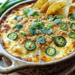 - 1 cup cream cheese, softened - 1 cup sour cream - 1 cup sharp cheddar cheese, shredded - 1/2 cup jalapeños, diced - 1/2 cup breadcrumbs - 1/2 cup mozzarella cheese, shredded - 1 teaspoon garlic powder - 1 teaspoon onion powder - 1/2 teaspoon smoked paprika - Salt and black pepper, to taste - Optional garnishes: fresh cilantro or sliced green onions Jalapeño Popper Dip is a creamy, spicy treat. The mix of cheeses makes it rich. You need cream cheese for smoothness and sour cream for extra creaminess. Sharp cheddar adds a bold flavor that shines through. The jalapeños bring heat. You can choose fresh ones for crunch or pickled for tang. I prefer fresh jalapeños for their crispness. Breadcrumbs give a nice crunch on top. Mozzarella adds gooeyness to the dip, making it melt in your mouth. Garlic powder and onion powder boost the flavor. Smoked paprika adds a hint of smokiness that complements the cheese. Don’t forget salt and pepper for seasoning; they tie all the flavors together. You can garnish the dip with fresh cilantro or sliced green onions. They add color and a fresh taste. This dip is perfect for parties or game days. For the full recipe, visit the section titled "Full Recipe." Enjoy this cheesy delight! 1. Preheat your oven to 350°F (175°C). This helps the dip bake evenly. 2. In a large bowl, mix 1 cup of softened cream cheese and 1 cup of sour cream. Use a mixer or spatula to blend until smooth. 3. Next, add 1 cup of shredded sharp cheddar cheese, 1/2 cup of diced jalapeños, 1 teaspoon of garlic powder, 1 teaspoon of onion powder, and 1/2 teaspoon of smoked paprika. Sprinkle in some salt and black pepper. Stir until everything is well mixed. 1. Transfer the creamy mixture to a greased baking dish. Spread it evenly to ensure even cooking. 2. In another bowl, mix 1/2 cup of breadcrumbs with 1/2 cup of shredded mozzarella cheese. This will make a crunchy topping. 3. Sprinkle the breadcrumb mixture over the dip. Make sure to cover the top well. 4. Bake in the oven for 20 to 25 minutes. Look for it to bubble and turn golden brown. 1. Let the dip cool for a few minutes after baking. This helps set the flavors. 2. For a nice touch, garnish the dip with fresh cilantro or sliced green onions. This adds color and flavor. You can find the Full Recipe for making this tasty dip. Enjoy every cheesy, spicy bite! To get the best creamy texture, ensure your cream cheese is at room temperature. Cold cream cheese will not mix well. You want it smooth and easy to blend. I usually take it out of the fridge an hour before I start. Adjust the amount of jalapeños based on your spice level. If you love heat, add more jalapeños. If you prefer a milder dip, use less. You can even remove the seeds for less kick. This way, you control the flavor to match your taste. For dipping, use tortilla chips, sliced bell peppers, or crunchy veggie sticks. These options add fun textures and flavors. You can also serve it warm right from the baking dish for a rustic look. For a colorful touch, add fresh cilantro or green onions on top. To store leftovers, let the dip cool and place it in an airtight container. It will keep well in the fridge for up to three days. When you're ready to enjoy it again, reheat in the oven or microwave. For best texture, warm it gently, just until hot. Avoid overheating, as it can dry out the dip. For the full recipe, you can check out the Jalapeño Popper Dip Extravaganza! {{image_4}} You can change up your Jalapeño Popper Dip by using different cheese types. Instead of sharp cheddar, try pepper jack for extra heat. Creamy goat cheese adds a tangy twist. Mix and match your favorites to find the perfect blend. You can also incorporate additional spices or herbs. For a fresh taste, add chopped cilantro or oregano. A pinch of cayenne pepper can give your dip a nice kick. Don't be afraid to experiment! Making this dip gluten-free is easy. Just replace regular breadcrumbs with gluten-free ones. You can also use crushed corn chips or nuts for crunch. For a dairy-free version, swap the cream cheese and sour cream with vegan options. Use cashew cream or coconut yogurt to keep that creamy texture. Nutritional yeast can add a cheesy flavor without the dairy. Adding bacon or sausage takes this dip to another level. Cook and crumble bacon before mixing it in. For sausage, use spicy Italian or breakfast sausage for added flavor. You can also try creative toppings beyond breadcrumbs. Consider using crushed tortilla chips or crispy onions for added crunch. Fresh herbs or diced tomatoes on top can add color and freshness. Enjoy this dip with your favorite dippers and get ready for a flavor explosion! To get the full experience, check out the Full Recipe for all the details! Jalapeño Popper Dip is a creamy, cheesy dish. It has a spicy kick from jalapeños. This dip is perfect for parties and gatherings. Serve it warm with chips or veggies for a tasty treat. I love making it for game day or family get-togethers. Everyone enjoys its savory flavor and creamy texture. It’s a fun twist on the classic jalapeño popper. Yes, you can prepare Jalapeño Popper Dip in advance. Mix all the ingredients and transfer them to a baking dish. Cover it and store it in the fridge. You can bake it later when you are ready to serve. This makes it easy to enjoy without stress. Just remember to bake it for a little longer if it’s cold from the fridge. To adjust the heat, you can change the jalapeños. Use more jalapeños for a spicier dip. If you prefer it milder, use fewer jalapeños or remove the seeds. You can also use pickled jalapeños for a tangy flavor without too much heat. Another way to tone down the spice is by adding more cream cheese or sour cream. This will balance the flavors and make it creamy. Jalapeño Popper Dip Extravaganza This dip is a blend of creamy and cheesy flavors. You will love the smooth cream cheese and sour cream base. Sharp cheddar cheese adds a bold taste, while jalapeños bring the heat. You can choose fresh jalapeños for a crisp bite or pickled for tangy fun. The added spices, like garlic powder and smoked paprika, enhance the flavor. Key preparation and cooking notes: - Preheat your oven to 350°F (175°C). This ensures a nice, even bake. - Mix the cream cheese and sour cream until smooth. This step is crucial for a creamy texture. - Stir in the cheeses and spices carefully. Make sure everything blends well. - Transfer the mix to a greased baking dish. This helps with easy serving later. - Bake for 20 to 25 minutes. Look for the top to be golden brown and bubbly. Each serving of this dip has about 200 calories. It includes protein from the cheese and some fats from the cream. The jalapeños add a small boost of vitamins and a bit of spice to your meal. Serve it with veggies for extra nutrients. This recipe serves 6 to 8 people, making it great for parties or gatherings. Pair it with tortilla chips, sliced bell peppers, or crunchy veggie sticks. For a fun touch, serve it hot right from the baking dish. It’s a crowd-pleaser that everyone will enjoy! Jalapeño Popper Dip is a fun and tasty treat. You can mix cream cheese, sour cream, and cheese for a creamy delight. Bake it all together until golden and bubbly. Remember, you can adjust the spice level to fit your taste. The dip can be made ahead and served with fresh veggies or chips. Explore variations and storage tips to keep it fresh. Enjoy sharing this crowd-pleaser at your next gathering!