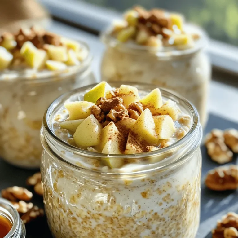 To make Apple Cinnamon Overnight Oats, gather these simple ingredients: - 1 cup rolled oats - 1 cup unsweetened almond milk (or any milk of your choice) - 1 medium apple, diced (Granny Smith or Honeycrisp recommended for tartness) - 1 tablespoon chia seeds - 1 teaspoon ground cinnamon - 1 tablespoon pure maple syrup (or honey for sweetness) - 1/4 cup Greek yogurt (optional, for luxurious creaminess) - A pinch of sea salt - Chopped nuts (walnuts or pecans) for topping Each ingredient in this recipe brings unique benefits: - Rolled oats: These are a great source of fiber. They help keep you full and satisfied. - Almond milk: This low-calorie milk option is often rich in vitamins. It’s a good choice for those who avoid dairy. - Apples: They add natural sweetness and fiber. Apples also give a nice crunch. - Chia seeds: These tiny seeds are packed with omega-3 fatty acids and protein. They help thicken the oats too. - Cinnamon: This spice adds flavor and may help regulate blood sugar levels. - Maple syrup: This natural sweetener is full of antioxidants. It gives your oats a lovely sweetness. - Greek yogurt: If you choose to add it, yogurt gives creaminess and protein. This makes the dish more filling. - Sea salt: Just a pinch enhances all the flavors in your dish. - Chopped nuts: They add healthy fats and a satisfying crunch. When shopping for your ingredients, keep these tips in mind: - Oats: Look for certified gluten-free oats if you need them. Check the package for freshness. - Almond milk: Choose unsweetened to keep the sugar low. Look for brands with minimal additives. - Apples: Select firm apples with no bruises. Granny Smith apples offer a tart taste, while Honeycrisp is sweeter. - Chia seeds: Buy whole seeds for the best quality. Store them in a cool, dry place. - Cinnamon: Fresh ground cinnamon has more flavor. Smell the spice to ensure it’s fragrant. - Maple syrup: Opt for pure maple syrup, not imitation. Check the label for quality. - Greek yogurt: If using, choose plain, full-fat yogurt for the best taste. - Nuts: Purchase raw or lightly roasted nuts. Avoid those with added salt or sugar for a healthier option. These tips will help you create a delicious and nutritious breakfast that you will love! For the complete recipe and instructions, refer to the Full Recipe section. To make Apple Cinnamon Overnight Oats, start by gathering your ingredients. You need rolled oats, almond milk, chia seeds, ground cinnamon, maple syrup, diced apple, Greek yogurt, sea salt, and chopped nuts. In a medium bowl, mix the rolled oats, almond milk, chia seeds, ground cinnamon, maple syrup, and sea salt. Stir well until everything blends smoothly. Next, gently fold in the diced apple, but keep a few pieces aside for later. If you want creaminess, add Greek yogurt and mix until it's smooth. Then, divide the mix into two jars or bowls. Seal them tightly. Place them in the fridge overnight or for at least six hours. This allows the oats to soak up the flavors and soften. Prep time is just ten minutes. After mixing, you’ll wait for at least six hours for the oats to soak. This is key for the best taste and texture. Feel free to set a reminder for yourself. The next morning, stir the oats. If they seem too thick, add a little more milk. This ensures a creamy and smooth texture. One common mistake is not stirring well enough when combining ingredients. This can lead to uneven flavors. Another mistake is skipping the chilling time. If you do not let the oats soak, they will not taste as good. Lastly, don’t forget to reserve some apple pieces for topping! This small step adds a lovely crunch and freshness to your dish. For the full recipe, you can refer back to the earlier sections. To make your apple cinnamon overnight oats extra creamy, add Greek yogurt. This gives a rich texture that feels indulgent. You can use a quarter cup for two servings. If you want a dairy-free option, try coconut yogurt. It will add a nice flavor too. Mixing the yogurt in with the oats helps everything blend well. Meal prep can save you time in the morning. Make multiple jars at once for the week. You can prepare these oats on Sunday and enjoy them all week. Store each jar in the fridge. Just grab one as you head out the door. Use jars with tight lids to keep them fresh. Spices can boost the flavor of your oats. Besides cinnamon, consider adding nutmeg or allspice. Just a pinch can make a big difference. You can also add a splash of vanilla extract for sweetness. If you like it spicy, try some ginger. These small changes can make your breakfast feel new and exciting. For the full recipe, follow the instructions to create a delicious and wholesome meal. {{image_4}} You can change the flavor of your Apple Cinnamon Overnight Oats by adding different fruits. Here are some ideas: - Bananas: They add creaminess and natural sweetness. - Berries: Blueberries, strawberries, or raspberries bring a tangy twist. - Peaches: Fresh or canned peaches add a juicy sweetness. - Pears: They provide a soft texture and mild flavor. Feel free to mix and match fruits. This way, you can enjoy a new taste each time you make it! Sweeteners can change the taste and health benefits of your oats. Here are some options: - Honey: This natural sweetener adds a rich flavor. - Agave syrup: It has a mild taste and works well in vegan diets. - Coconut sugar: It gives a caramel-like flavor and is less processed. - Stevia: A no-calorie option that is very sweet. Use it sparingly. Each sweetener affects your oats differently. Choose one based on your taste and dietary needs. Making your Apple Cinnamon Overnight Oats dairy-free or vegan is easy! Here are some simple swaps: - Milk: Use almond, oat, or coconut milk instead of dairy milk. - Yogurt: Try coconut yogurt or almond yogurt in place of Greek yogurt. - Sweeteners: Stick with maple syrup or agave syrup for a vegan-friendly option. These changes keep your oats creamy and delicious while fitting various diets. Enjoy experimenting with these variations to find your perfect bowl! For a full recipe, check out the Apple Cinnamon Overnight Oats recipe above. To keep your apple cinnamon overnight oats fresh, use airtight jars. After you prepare your oats, seal them tightly. Store your jars in the fridge. This keeps them cool and safe to eat. You can make a batch for up to two days. If you want to enjoy them later, follow the tips below. Your oats taste best within three days. The flavors blend well, and the oats stay soft. After three days, they might get mushy. If you see any strange colors or smells, it's time to toss them. To keep them fresh, always use clean utensils when scooping oats. This helps avoid any germs. If you want to make your oats last longer, freeze them! Divide the mixture into portions. Use freezer-safe containers or bags. Label them with the date. When you're ready to eat, thaw them in the fridge overnight. You can warm them up in the morning. Add a splash of milk to restore creaminess. For the full recipe, check the section above. Yes, you can use different types of oats. Quick oats cook faster but may turn mushy. Steel-cut oats take longer to soften and have a chewier texture. Rolled oats work best for overnight oats. They soak well in liquid and hold their shape. If you choose quick or steel-cut oats, adjust the liquid and soaking time. This ensures you get the right consistency. You can substitute almond milk with any milk you like. Options include cow's milk, soy milk, or oat milk. Coconut milk adds a rich flavor, while cashew milk is creamy. Choose unsweetened varieties for better control over sweetness. Each milk will change the taste and texture slightly, so pick one that fits your taste. To adjust for meal prep, make a larger batch at once. You can double or triple the recipe easily. Use bigger jars to store the oats. Keep the oats in the fridge for 3-5 days. Just add toppings like nuts or fresh fruit before serving. This makes your breakfast quick and ready to go. Check the Full Recipe for more details on making and storing. In this post, we explored how to make apple cinnamon overnight oats. We covered the key ingredients and their health benefits. I shared tips for selecting quality items and provided step-by-step instructions for making this dish. We also discussed ways to enhance flavor and offered different variations to try. Overall, overnight oats are easy to make and very versatile. With these tips, you can enjoy many tasty and healthy breakfasts. Happy cooking!