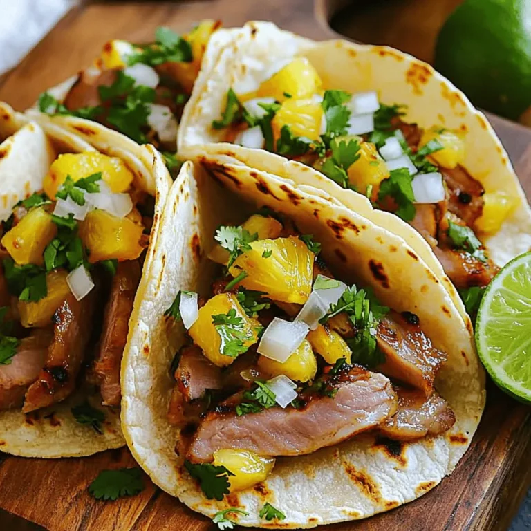 - 1 lb pork shoulder, thinly sliced - 1/2 cup pineapple juice - 12 small corn tortillas - 2 tablespoons apple cider vinegar - 2 tablespoons chipotle in adobo sauce - 2 cloves garlic, minced - 1 tablespoon ground cumin - 1 tablespoon dried oregano - 1/2 teaspoon smoked paprika - Salt and black pepper to taste - 1/2 cup finely diced onion - 1/2 cup freshly chopped cilantro - Lime wedges, for serving Tacos Al Pastor burst with flavor and joy. The main ingredients are simple but key to taste. You start with tender pork shoulder. It is rich and juicy. Pineapple juice adds a sweet twist. Corn tortillas hold it all together. They are soft and warm, perfect for tacos. Next comes the marinade. This is where magic happens. Mix apple cider vinegar with chipotle in adobo. Add minced garlic and spices like cumin and oregano. These flavors blend and create a punchy sauce. Salt and pepper help bring it all together. For toppings, keep it fresh! Diced onion adds crunch. Chopped cilantro brings brightness. Finally, lime wedges give a zesty kick. You can squeeze the lime over your tacos for extra flavor. This recipe truly shines with each bite. Check out the [Full Recipe] for detailed steps on making these tacos at home. To create the marinade, mix the following ingredients in a large bowl: - 1/2 cup pineapple juice - 2 tablespoons apple cider vinegar - 2 tablespoons chipotle in adobo sauce - 2 cloves garlic, minced - 1 tablespoon ground cumin - 1 tablespoon dried oregano - 1/2 teaspoon smoked paprika - Salt and black pepper to taste Whisk them together until well blended. This marinade packs a punch and gives your pork great flavor. Combining these ingredients is key. The pineapple juice adds sweetness while the chipotle gives it a nice kick. Once your marinade is ready, it’s time to marinate the pork. Take 1 lb of thinly sliced pork shoulder and place it in the bowl with the marinade. Make sure every piece is coated. Cover the bowl with plastic wrap or a lid. Place it in the fridge. For the best flavor, marinate for at least 2 hours, but overnight is even better. This allows the pork to soak up all that delicious flavor. When you’re ready to cook, preheat your grill or skillet over medium-high heat. Lay the marinated pork slices on the grill. Cook them for about 4-5 minutes on each side. You want the pork to be fully cooked and slightly charred. This adds a smoky flavor. While the pork cooks, grill the pineapple rings for about 2-3 minutes on each side. They should caramelize nicely. Once grilled, chop the pineapple into small pieces to add to your tacos. After cooking, transfer the pork to a cutting board. Let it rest for a few minutes. This helps keep it juicy. Then, slice the pork into bite-sized pieces. Warm your corn tortillas on the grill or in a dry skillet for about 30 seconds on each side. This makes them soft and easy to fold. Now it’s time to assemble your tacos! Place a generous spoonful of the chopped pork on each tortilla. Top with diced onions, fresh cilantro, and pieces of grilled pineapple. Serve them with lime wedges for a zesty squeeze over the top. Enjoy your mouthwatering tacos al pastor! For more details, check the Full Recipe. For mouthwatering tacos al pastor, the marinade is key. To help the pork soak up flavor, marinate it for at least two hours. For best results, try marinating overnight. This allows the spices to penetrate deeply. If you lack some ingredients, don’t fret! You can use lime juice instead of apple cider vinegar. You could also swap chipotle with regular chili powder for a milder taste. When grilling pork, pay attention to the temperature. Preheat your grill or skillet to medium-high heat. This helps achieve a nice char. Cook the pork for about 4-5 minutes on each side. Look for a golden-brown crust—that’s where the flavor hides! If you want to avoid drying out the pork, let it rest after cooking. This keeps it juicy and tender. How you plate your tacos can make them even more inviting. Use a colorful platter to showcase the tacos. Garnish with extra cilantro and lime wedges for a fresh look. Consider serving a side of salsa or guacamole for added flavor. A simple side of chips can also create a fun taco night! {{image_4}} You can switch up the meat in tacos al pastor. Chicken is a great choice if you want a lighter option. Use boneless, skinless chicken thighs for juicy results. For beef lovers, flank steak works well. Just marinate and cook it like pork. If you prefer a meat-free meal, try using jackfruit. It shreds nicely and soaks up flavor. Adding fresh fruit can take your tacos to another level. Mango or peach adds sweetness. You can even try adding grilled jalapeños for heat. Adjust the spice level by adding more or less chipotle in adobo. If you love heat, throw in some fresh chili peppers. You can also mix in lime juice for a bright zing. If you need gluten-free options, use corn tortillas. They are delicious and safe for those with gluten issues. For a low-carb alternative, lettuce wraps work great. Just fill crisp lettuce leaves with your pork and toppings. They give a nice crunch without the carbs. Enjoy your tacos with no worries about dietary needs! To keep your tacos fresh, place leftovers in an airtight container. This keeps them safe from air and moisture. Store them in the fridge for up to three days. After three days, the taste may fade and the texture may change. You can freeze leftover pork and tacos. Wrap the pork tightly in plastic wrap, then place it in a freezer bag. For tacos, store them in an airtight container. Use them within three months for the best flavor. For reheating, thaw the pork in the fridge overnight. Heat it in a skillet over medium heat until warm. If you freeze tortillas, warm them in a dry skillet before adding the pork. Enjoy your meal like it’s fresh! Tacos Al Pastor come from Mexico. They blend flavors from the Middle East and Mexico. The dish has roots in Lebanese cuisine, brought by immigrants in the 1920s. They used a cooking method called "trompo," which means "spinning top." The pork is marinated and cooked on a vertical spit, much like shawarma. This method gives the meat a unique taste and texture. Yes, you can make Tacos Al Pastor without a grill. You can use a stovetop skillet instead. Just heat a pan over medium-high heat. Add the marinated pork and cook until done. It will still taste great! For a nice char, you can use a broiler as well. To enhance flavor, consider adding more spices. You can try a dash of cinnamon or a pinch of allspice. Fresh lime juice adds brightness, too. Pair your tacos with fresh salsas or pickled onions. They add a nice crunch and tang. The best Tacos Al Pastor can often be found at local taquerias. Look for places that cook meat on a vertical spit. Ask locals for their favorite spots. Authentic tacos will have fresh ingredients and bold flavors. You now have the tools to make tasty Tacos Al Pastor. We covered key ingredients, marinade tips, and cooking steps. You learned ways to store leftovers and explore variations. Remember, the right marinade and cooking techniques make a big difference. Tacos can fit many diets, so get creative! With this guide, you'll impress everyone at your next meal. Enjoy tasty tacos and share your success!