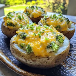 - 4 large russet potatoes - 2 cups fresh broccoli florets, chopped - 1 ½ cups shredded sharp cheddar cheese, plus more for topping - ½ cup sour cream - ¼ cup cream cheese, softened - 2 tablespoons unsalted butter, softened - 1 clove garlic, minced - Salt and freshly ground black pepper to taste - 1 teaspoon garlic powder - ½ teaspoon onion powder - Chopped green onions, for garnish (optional) To create the best broccoli cheddar stuffed potatoes, you need simple ingredients. The russet potatoes will give you a fluffy inside. Fresh broccoli adds color and nutrients. Cheddar cheese delivers that comforting, cheesy flavor we all crave. - Additional seasonings or spices - Different types of cheese - Low-fat substitutes for sour cream Feel free to mix and match! You can add spices like paprika or cayenne for a kick. Try different cheeses like mozzarella or gouda for a unique twist. If you're watching fat intake, low-fat sour cream works too. For the full recipe, you can check the instructions above. Enjoy your cooking! First, scrub the russet potatoes under cool water. This removes any dirt. Next, poke several holes in each potato with a fork. This step lets steam escape while baking. Now, place the potatoes on a baking sheet. Preheat your oven to 400°F (200°C). Bake the potatoes for 45 to 60 minutes. They are done when you can easily poke them with a fork. Once baked, take them out and let them cool for a few minutes. While the potatoes bake, it’s time to prepare the broccoli. Steam the chopped broccoli florets in a steaming basket over boiling water for about 3 to 4 minutes. You want them to be bright green and tender. Once cooked, drain the broccoli and set it aside. In a mixing bowl, combine the shredded sharp cheddar cheese, sour cream, cream cheese, softened butter, minced garlic, garlic powder, onion powder, and a pinch of salt and pepper. Mix until all ingredients blend into a creamy filling. When the baked potatoes cool enough to handle, slice each one in half lengthwise. Use a spoon to scoop out the insides. Place the potato flesh into the mixing bowl with the cheese mixture. Be sure to leave a little potato in the skins to hold their shape. Next, gently fold the steamed broccoli into the potato and cheese mixture. Make sure everything is well combined. Taste the filling and add more salt and pepper if needed. Now, generously spoon the creamy filling back into each potato skin. Pack it tightly for a hearty bite. If you'd like, sprinkle more shredded cheddar cheese on top. Place the stuffed potatoes back on the baking sheet. Return them to the oven and bake for an additional 15 to 20 minutes. You want the cheese to melt, and the tops should be golden and bubbly. This step makes the dish even more delicious! For the full recipe, check out the Cheesy Broccoli-Stuffed Baked Potatoes section. Choosing the right potato is key. I prefer large russet potatoes. Their starchy texture holds up well when baked. They become soft inside and crisp on the outside. This makes them ideal for stuffing. To balance flavors, season well. I add salt and pepper to the cheese mix. Garlic powder and onion powder add depth. Taste the filling before stuffing the potatoes. Adjust spices as needed. A little extra salt can elevate the whole dish. Prep ahead to save time. You can chop the broccoli and mix the filling in advance. Store them in the fridge until you’re ready to bake. This way, you cut down on cooking time. You can also use the microwave for cooking potatoes. Poke holes in them and microwave for about 10-12 minutes. This speeds up the process. Finish them in the oven for that crispy skin. Presentation matters. Serve the stuffed potatoes on a warm platter. This makes them more inviting. Garnish with chopped green onions for color. It adds a nice contrast to the cheesy filling. For an extra touch, sprinkle more cheese on top before baking. This creates a golden, bubbly crust. Pair these potatoes with a side salad to complete the meal. The fresh greens balance the richness nicely. For the full recipe, check out the details above. {{image_4}} You can switch up your ingredients for a new twist. Using sweet potatoes instead of russet potatoes adds a sweet flavor. Sweet potatoes are also packed with nutrients. They can make your dish colorful and fun! If you want a vegan version, there are many options. Use plant-based cheese and dairy-free cream. Cashew cream can also be a great substitute. These alternatives keep the dish creamy and rich without animal products. Want some heat? Try spicy broccoli cheddar stuffed potatoes. Add jalapeños or red pepper flakes to the cheese mixture. This gives a nice kick that many love! You can also mix in cooked meats or plant-based proteins. Adding chicken, bacon, or tofu can make the dish heartier. Each choice can change the taste and texture, making it unique to your liking. You can make this dish seasonal by adding fresh veggies. Think zucchini, asparagus, or bell peppers. These add a pop of color and flavor. They also bring in nutrients that fit the season. For holiday-themed versions, you might consider cranberries or nuts. Adding these can create a festive touch. It also makes the dish more special for gatherings. For the full recipe, check out the detailed instructions on how to make these tasty variations! To keep your broccoli cheddar stuffed potatoes fresh, place them in an airtight container. The fridge is best for storage. Make sure to let them cool before sealing. They will stay fresh for about 3 to 5 days in the fridge. If you want to save them longer, consider freezing. For the best taste, use an oven to reheat your stuffed potatoes. Preheat the oven to 350°F (175°C) and warm them for about 20 minutes. This way, the filling stays creamy, and the skin gets crispy. If you’re short on time, the microwave works too. Heat them in short bursts, about 1 to 2 minutes at a time. Check often to keep the texture nice. You can freeze stuffed potatoes! First, let them cool completely. Wrap each potato tightly in plastic wrap, then place them in a freezer bag. This keeps out air and prevents freezer burn. When you are ready to eat, thaw them in the fridge overnight. Reheat in the oven to enjoy their cheesy goodness again. What are the best potatoes for baking? The best potatoes for baking are russet potatoes. They have a fluffy texture and a thick skin. Their size makes them perfect for stuffing. Can I make this recipe ahead of time? Yes, you can prepare the filling a day before. Just store it in the fridge. Bake the potatoes fresh for the best taste. How do I ensure the filling doesn’t get soggy? To keep the filling firm, avoid overcooking the broccoli. Use just enough sour cream and cheese. This will help maintain a nice texture. Is it possible to make this dish gluten-free? Yes, this dish is naturally gluten-free. Just check your cheese and sour cream labels to ensure they are gluten-free. How many calories are in a serving? Each serving has about 400 calories. This can vary based on the amount of cheese and sour cream used. Nutritional breakdown (carbs, proteins, fats) - Carbohydrates: 55g - Protein: 12g - Fats: 18g What to serve with broccoli cheddar stuffed potatoes? These potatoes pair well with a fresh green salad. You can also serve them with grilled chicken or fish. Complementary side dishes and salads Try roasted vegetables or a creamy coleslaw. Both add nice flavors and textures. In this blog post, we explored the ingredients and steps to make delicious broccoli cheddar stuffed potatoes. You learned how to prepare, bake, and customize your dish with various flavors and options. Remember, you can adjust ingredients and techniques to fit your taste. By using fresh veggies and spices, you create a meal that’s both hearty and tasty. These stuffed potatoes are perfect for any occasion, team them with your favorite sides for an excellent meal. Enjoy creating and sharing this comforting dish with family and friends!