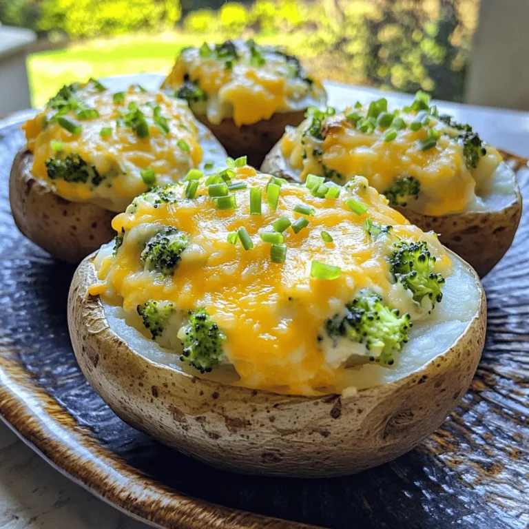 - 4 large russet potatoes - 2 cups fresh broccoli florets, chopped - 1 ½ cups shredded sharp cheddar cheese, plus more for topping - ½ cup sour cream - ¼ cup cream cheese, softened - 2 tablespoons unsalted butter, softened - 1 clove garlic, minced - Salt and freshly ground black pepper to taste - 1 teaspoon garlic powder - ½ teaspoon onion powder - Chopped green onions, for garnish (optional) To create the best broccoli cheddar stuffed potatoes, you need simple ingredients. The russet potatoes will give you a fluffy inside. Fresh broccoli adds color and nutrients. Cheddar cheese delivers that comforting, cheesy flavor we all crave. - Additional seasonings or spices - Different types of cheese - Low-fat substitutes for sour cream Feel free to mix and match! You can add spices like paprika or cayenne for a kick. Try different cheeses like mozzarella or gouda for a unique twist. If you're watching fat intake, low-fat sour cream works too. For the full recipe, you can check the instructions above. Enjoy your cooking! First, scrub the russet potatoes under cool water. This removes any dirt. Next, poke several holes in each potato with a fork. This step lets steam escape while baking. Now, place the potatoes on a baking sheet. Preheat your oven to 400°F (200°C). Bake the potatoes for 45 to 60 minutes. They are done when you can easily poke them with a fork. Once baked, take them out and let them cool for a few minutes. While the potatoes bake, it’s time to prepare the broccoli. Steam the chopped broccoli florets in a steaming basket over boiling water for about 3 to 4 minutes. You want them to be bright green and tender. Once cooked, drain the broccoli and set it aside. In a mixing bowl, combine the shredded sharp cheddar cheese, sour cream, cream cheese, softened butter, minced garlic, garlic powder, onion powder, and a pinch of salt and pepper. Mix until all ingredients blend into a creamy filling. When the baked potatoes cool enough to handle, slice each one in half lengthwise. Use a spoon to scoop out the insides. Place the potato flesh into the mixing bowl with the cheese mixture. Be sure to leave a little potato in the skins to hold their shape. Next, gently fold the steamed broccoli into the potato and cheese mixture. Make sure everything is well combined. Taste the filling and add more salt and pepper if needed. Now, generously spoon the creamy filling back into each potato skin. Pack it tightly for a hearty bite. If you'd like, sprinkle more shredded cheddar cheese on top. Place the stuffed potatoes back on the baking sheet. Return them to the oven and bake for an additional 15 to 20 minutes. You want the cheese to melt, and the tops should be golden and bubbly. This step makes the dish even more delicious! For the full recipe, check out the Cheesy Broccoli-Stuffed Baked Potatoes section. Choosing the right potato is key. I prefer large russet potatoes. Their starchy texture holds up well when baked. They become soft inside and crisp on the outside. This makes them ideal for stuffing. To balance flavors, season well. I add salt and pepper to the cheese mix. Garlic powder and onion powder add depth. Taste the filling before stuffing the potatoes. Adjust spices as needed. A little extra salt can elevate the whole dish. Prep ahead to save time. You can chop the broccoli and mix the filling in advance. Store them in the fridge until you’re ready to bake. This way, you cut down on cooking time. You can also use the microwave for cooking potatoes. Poke holes in them and microwave for about 10-12 minutes. This speeds up the process. Finish them in the oven for that crispy skin. Presentation matters. Serve the stuffed potatoes on a warm platter. This makes them more inviting. Garnish with chopped green onions for color. It adds a nice contrast to the cheesy filling. For an extra touch, sprinkle more cheese on top before baking. This creates a golden, bubbly crust. Pair these potatoes with a side salad to complete the meal. The fresh greens balance the richness nicely. For the full recipe, check out the details above. {{image_4}} You can switch up your ingredients for a new twist. Using sweet potatoes instead of russet potatoes adds a sweet flavor. Sweet potatoes are also packed with nutrients. They can make your dish colorful and fun! If you want a vegan version, there are many options. Use plant-based cheese and dairy-free cream. Cashew cream can also be a great substitute. These alternatives keep the dish creamy and rich without animal products. Want some heat? Try spicy broccoli cheddar stuffed potatoes. Add jalapeños or red pepper flakes to the cheese mixture. This gives a nice kick that many love! You can also mix in cooked meats or plant-based proteins. Adding chicken, bacon, or tofu can make the dish heartier. Each choice can change the taste and texture, making it unique to your liking. You can make this dish seasonal by adding fresh veggies. Think zucchini, asparagus, or bell peppers. These add a pop of color and flavor. They also bring in nutrients that fit the season. For holiday-themed versions, you might consider cranberries or nuts. Adding these can create a festive touch. It also makes the dish more special for gatherings. For the full recipe, check out the detailed instructions on how to make these tasty variations! To keep your broccoli cheddar stuffed potatoes fresh, place them in an airtight container. The fridge is best for storage. Make sure to let them cool before sealing. They will stay fresh for about 3 to 5 days in the fridge. If you want to save them longer, consider freezing. For the best taste, use an oven to reheat your stuffed potatoes. Preheat the oven to 350°F (175°C) and warm them for about 20 minutes. This way, the filling stays creamy, and the skin gets crispy. If you’re short on time, the microwave works too. Heat them in short bursts, about 1 to 2 minutes at a time. Check often to keep the texture nice. You can freeze stuffed potatoes! First, let them cool completely. Wrap each potato tightly in plastic wrap, then place them in a freezer bag. This keeps out air and prevents freezer burn. When you are ready to eat, thaw them in the fridge overnight. Reheat in the oven to enjoy their cheesy goodness again. What are the best potatoes for baking? The best potatoes for baking are russet potatoes. They have a fluffy texture and a thick skin. Their size makes them perfect for stuffing. Can I make this recipe ahead of time? Yes, you can prepare the filling a day before. Just store it in the fridge. Bake the potatoes fresh for the best taste. How do I ensure the filling doesn’t get soggy? To keep the filling firm, avoid overcooking the broccoli. Use just enough sour cream and cheese. This will help maintain a nice texture. Is it possible to make this dish gluten-free? Yes, this dish is naturally gluten-free. Just check your cheese and sour cream labels to ensure they are gluten-free. How many calories are in a serving? Each serving has about 400 calories. This can vary based on the amount of cheese and sour cream used. Nutritional breakdown (carbs, proteins, fats) - Carbohydrates: 55g - Protein: 12g - Fats: 18g What to serve with broccoli cheddar stuffed potatoes? These potatoes pair well with a fresh green salad. You can also serve them with grilled chicken or fish. Complementary side dishes and salads Try roasted vegetables or a creamy coleslaw. Both add nice flavors and textures. In this blog post, we explored the ingredients and steps to make delicious broccoli cheddar stuffed potatoes. You learned how to prepare, bake, and customize your dish with various flavors and options. Remember, you can adjust ingredients and techniques to fit your taste. By using fresh veggies and spices, you create a meal that’s both hearty and tasty. These stuffed potatoes are perfect for any occasion, team them with your favorite sides for an excellent meal. Enjoy creating and sharing this comforting dish with family and friends!