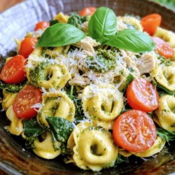 - 1 package (9 oz) cheese tortellini - 2 cups cooked chicken, shredded - 1 cup basil pesto (store-bought or homemade) - 1 cup cherry tomatoes, halved - 1 cup fresh spinach leaves, packed - 1/2 cup grated Parmesan cheese - 1 tablespoon olive oil - Salt and freshly ground pepper, to taste - Fresh basil leaves for garnish - Toasted pine nuts for crunch - A squeeze of fresh lemon juice for brightness - Crushed red pepper for heat - Large pot for boiling tortellini - Spacious skillet for mixing - Colander for draining tortellini - Wooden spoon for tossing ingredients Gather these items before you start. The right tools will make cooking easier and more fun. The main ingredients create a rich flavor, while the optional ones add extra depth. Enjoy the process and feel free to adjust based on what you have at home. For the full recipe, check the details above. First, boil water in a large pot. Add salt to the water for flavor. Once the water boils, add the cheese tortellini. Cook according to the package instructions until they are al dente. This should take about 3-4 minutes. Drain the tortellini in a colander and set them aside. Next, heat a spacious skillet over medium heat and add olive oil. Once the oil is warm, add the shredded chicken to the skillet. Season the chicken well with salt and freshly ground pepper. Sauté the chicken for about 2-3 minutes. Stir it occasionally until it is hot and fragrant. Now, it’s time to bring everything together. Add the cooked tortellini into the skillet with the chicken. Then, mix in the basil pesto, halved cherry tomatoes, and fresh spinach leaves. Gently toss all the ingredients together. Cook for another 2-3 minutes. This will help the spinach wilt and heat everything evenly. Sprinkle the grated Parmesan cheese on top and stir to mix well. This will make the dish creamy. Taste your creation and add more salt or pepper if needed. Once everything is well combined and hot, serve it warm. Don't forget to garnish with fresh basil leaves for extra flavor! For the full recipe, check out the detailed instructions above. To make this dish shine, follow these tips. Use fresh ingredients when possible. Fresh basil adds a bright taste. For the best pesto, blend basil, garlic, nuts, cheese, and olive oil. If you can, try making your own pesto. It’s easy and fun! Cook the tortellini in salted water. This adds flavor. Don’t overcook it; al dente is key. Once done, drain it and set it aside. This keeps your tortellini firm and tasty. When heating the chicken, add salt and pepper. This simple step boosts flavor. Heat the chicken until warm but not dry. Juicy chicken makes your dish more enjoyable. You can elevate the taste with herbs. Consider adding oregano or thyme. Just a pinch can change everything! Fresh herbs always work best, but dried herbs are fine too. For a little heat, add red pepper flakes. This adds a nice kick without overpowering the dish. Remember to taste as you go. Adjust seasoning to your liking. For a lovely presentation, use wide bowls. Plate the tortellini and top with extra pesto. Scatter halved cherry tomatoes on top for color. Fresh basil leaves make it look even better. You can serve this dish with a side salad. A light green salad pairs well. A crisp white wine complements the flavors too. If you want to impress, try this Full Recipe. It’s simple and delicious! {{image_4}} You can make this dish vegetarian easily. Simply swap the chicken for mushrooms or zucchini. Both add great flavor and texture. Use a veggie-based pesto if you want to keep it meat-free. You can also add more veggies like bell peppers or broccoli for color and crunch. If you need a gluten-free option, use gluten-free tortellini. Many stores sell gluten-free pasta that tastes great. Be sure to check the brand’s cooking time, as it can vary. You can also use spiralized veggies, like zucchini or carrots, for a fun twist. Want to boost the protein? Try adding cooked shrimp or diced tofu. Both mix well with the other ingredients. For more veggies, consider adding peas or asparagus. These not only add nutrition but also make the dish even more colorful. You can find the full recipe above for these variations. To keep your pesto chicken tortellini fresh, store leftovers in an airtight container. Let the dish cool down before sealing it. This will prevent moisture buildup, keeping the tortellini tasty. You can store it in the fridge for up to three days. If you want to enjoy it later, consider freezing it. When you're ready to eat your leftovers, reheating is simple. You can use a microwave or stovetop. For the microwave, place your serving in a bowl and cover it. Heat for 1-2 minutes, stirring halfway through. On the stovetop, add a splash of water to a pan. Heat the tortellini over medium heat, stirring until warm. This keeps the pasta from drying out. If you want to freeze your pesto chicken tortellini, follow these steps. First, let it cool completely. Then, portion it into freezer-safe bags or containers. Remove as much air as possible before sealing. Label the bags with the date. You can freeze it for up to three months. When you're ready to eat, thaw in the fridge overnight before reheating. Enjoy your delicious meal anytime! For the complete recipe, check out the Full Recipe link. To make homemade pesto, you need fresh basil, garlic, nuts, olive oil, and cheese. Start by adding 2 cups of basil leaves, 2 cloves of garlic, and 1/4 cup of nuts like pine nuts or walnuts into a food processor. Pulse it until finely chopped. Then, slowly add 1/2 cup of olive oil while blending. Finally, mix in 1/2 cup of grated Parmesan cheese and a pinch of salt. Taste it, and adjust the seasoning if needed. This fresh pesto adds great flavor to your Pesto Chicken Tortellini. Yes, you can use other pasta types! Options like penne, farfalle, or fusilli work well. Just make sure to adjust the cooking time based on the pasta you choose. Follow the package instructions for cooking. The key is to cook it until al dente for the best texture. Each pasta shape will give a different taste and feel to your dish, so feel free to experiment. Pesto Chicken Tortellini pairs well with many side dishes. Here are some options: - A simple green salad with lemon vinaigrette - Garlic bread for a crunchy bite - Roasted vegetables like zucchini or bell peppers - A light soup, such as tomato or minestrone These sides bring balance and add color to your meal. Enjoy mixing and matching! This blog post covered how to make delicious pesto chicken tortellini. You learned about the key ingredients, step-by-step cooking instructions, and helpful tips for great flavor. We also explored variations to fit your diet and how to store leftovers for future meals. Pesto chicken tortellini offers taste and ease, making it a perfect choice for busy days. Try different options and enjoy your cooking adventure!