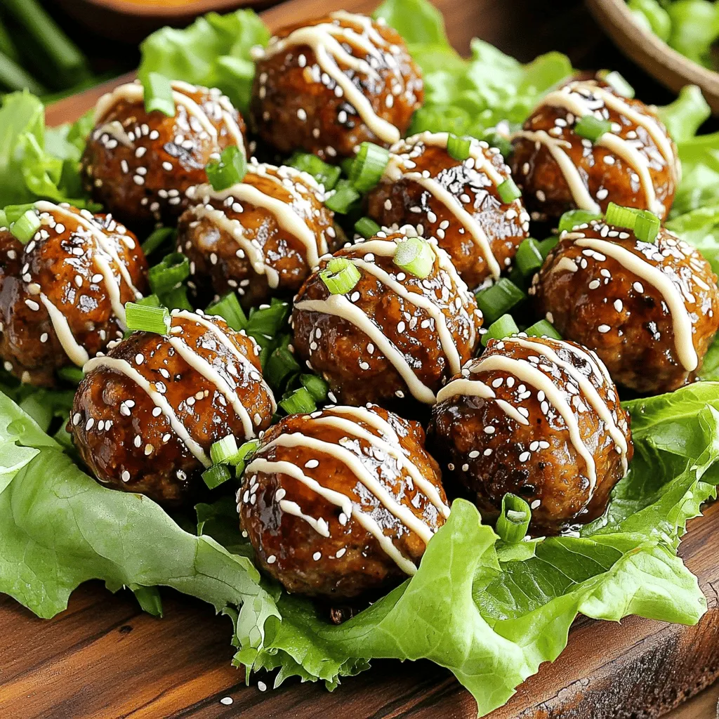 - 1 lb ground beef (or ground turkey for a lighter option) - 2 green onions, finely chopped - 2 cloves garlic, minced - 1 tablespoon fresh ginger, minced - 1/4 cup plain breadcrumbs - 1/4 cup low-sodium soy sauce - 2 tablespoons packed brown sugar - 1 tablespoon sesame oil - 1 teaspoon gochujang (Korean chili paste) - 1/2 teaspoon freshly ground black pepper For the Korean BBQ meatballs, you need a mix of fresh ingredients. Ground beef or turkey is the base. It gives a juicy texture and flavor. Green onions and garlic add a fresh kick. Ginger brings warmth and depth. Breadcrumbs help bind everything together. Soy sauce adds saltiness and umami. Brown sugar balances the flavors with sweetness. Sesame oil gives a nutty taste. Gochujang adds heat and spice. Finally, black pepper enhances the overall flavor. - 1/4 cup mayonnaise - 1 tablespoon sriracha (adjust to your spice preference) - 1 teaspoon fresh lime juice To make the spicy mayo, you use just three simple ingredients. Mayonnaise serves as the creamy base. Sriracha adds a spicy kick. Lime juice brightens the flavor and adds tang. Mixing these together makes a zesty sauce that pairs perfectly with the meatballs. - 1 tablespoon sesame seeds - Chopped green onions For a finishing touch, you can add sesame seeds. They give a nice crunch and look great. Chopped green onions also add freshness and color. These garnishes make your dish pop and elevate its presentation. You can find the full recipe [here](#). To start, you need to preheat your oven to 400°F (200°C). This temperature is key. It helps the meatballs cook evenly and get that nice brown color. While the oven heats, line a baking sheet with parchment paper. This step makes cleanup easy and stops the meatballs from sticking. Next, let’s prepare the meatball mixture. In a large bowl, combine the ground beef or turkey, chopped green onions, minced garlic, and ginger. Add breadcrumbs, soy sauce, brown sugar, sesame oil, gochujang, and black pepper. Mix everything well using your hands or a spatula. Aim for a sticky texture. This stickiness helps the meatballs hold together when you bake them. Now it's time to form the meatballs. Moisten your hands lightly to prevent sticking. Take a small portion of the mixture and roll it into a ball about 1 inch in size. Place each meatball on the lined baking sheet, keeping space between them. Bake the meatballs in the preheated oven for 18 to 20 minutes. They are done when they turn slightly brown and are cooked through. Enjoy the lovely aroma that fills your kitchen as they bake! For the complete recipe, check out the Full Recipe. To make sure your meatballs are just right, aim for an internal temperature of 160°F. You can check this with a meat thermometer. This ensures they are safe to eat and juicy. Overcooking can lead to dry meatballs. To avoid this, keep an eye on the time. Baking for 18-20 minutes usually works well. Want to kick up the flavor? You can adjust the spices. Add more gochujang for heat or extra garlic for a stronger taste. If you prefer some sweetness, mix in more brown sugar. A little honey can also add a nice touch. Balancing the heat and sweetness gives the meatballs depth. Serve your meatballs on a large platter. This makes them look inviting and fun to eat. Garnish with sesame seeds and chopped green onions for color. For dipping, you can pair them with more spicy mayo or soy sauce. If you want to get creative, serve them on skewers or in lettuce wraps. This adds a fun twist and makes them easy to grab! For the full recipe, check the link provided. {{image_4}} You can switch up the meat in Korean BBQ meatballs. Ground chicken or pork works great. Both have a mild taste, letting the spices shine. If you want a lighter option, try ground turkey. It pairs well with the flavors too. For a vegetarian or vegan twist, consider using lentils or chickpeas. You can mash them to form a meatball-like texture. Another option is using store-bought plant-based meat. These options let everyone enjoy the delicious flavors. Want to change the taste? You can add extra ingredients. Try incorporating chopped bell peppers or mushrooms for added texture. You could also mix in some grated carrot for a hint of sweetness. For an international twist, think about using different spices. Thai red curry paste adds a unique kick. Or, try Italian herbs for a fusion flavor. Each addition opens up exciting new possibilities. How you serve these meatballs can change the experience. You can place them on skewers for easy eating. This makes them a fun finger food for parties. Alternatively, serve the meatballs in crisp lettuce wraps. This gives a fresh crunch and is perfect for a lighter meal. You can also choose to serve them as an appetizer or a main dish. Pair them with rice or noodles for a full meal. For the full recipe, check out the complete instructions to make these delightful meatballs. To keep your Korean BBQ meatballs fresh, use airtight containers. Glass or plastic containers work well. You can also use heavy-duty freezer bags. Store the meatballs in the fridge for up to three days. After that, they may lose their flavor. When reheating, keep the meatballs moist. Use a microwave or oven for even heating. If using a microwave, cover the meatballs with a damp paper towel. This helps trap steam. For the oven, preheat it to 350°F (175°C). Heat for about 10 minutes until warmed through. To freeze meatballs, let them cool completely first. Then, place them in a single layer on a baking sheet. Freeze for about an hour. After that, transfer them to a freezer bag. Remove as much air as possible. When ready to eat, thaw them overnight in the fridge. You can also use the microwave for quick thawing. To make Korean BBQ meatballs gluten-free, swap out the soy sauce. Use gluten-free soy sauce or tamari instead. Substituting Ingredients You can also replace plain breadcrumbs with gluten-free breadcrumbs. This keeps the meatballs tasty and safe for those with gluten allergies. Recommended Brands I recommend brands like San-J for gluten-free soy sauce. Their products taste great and work well in recipes. Yes, you can make spicy mayo ahead of time. This will save you time on busy days. Storage Tips Store the spicy mayo in an airtight container in the fridge. It stays fresh for up to a week. Flavor Development Over Time Making it in advance allows the flavors to blend. This can make the mayo taste even better when you use it. You have many options for sides and drinks to enjoy with Korean BBQ meatballs. Side Dish Suggestions Serve these meatballs with rice, steamed vegetables, or a fresh salad. You could also add kimchi for a traditional touch. Beverage Pairings Pair them with a cold beer, sweet iced tea, or even a light red wine. These drinks enhance the flavors of the dish. For the complete details on making Korean BBQ meatballs with spicy mayo, check out the [Full Recipe](#). This blog post covered all you need to make tasty Korean BBQ meatballs. We explored the main ingredients, steps to prepare, and helpful tips for perfect results. You learned about spicy mayo, variations, and smart storage techniques. Enjoy making this dish your own with different meats and flavors. Remember, cooking is about fun and creativity! Happy cooking, and savor those delicious bites!