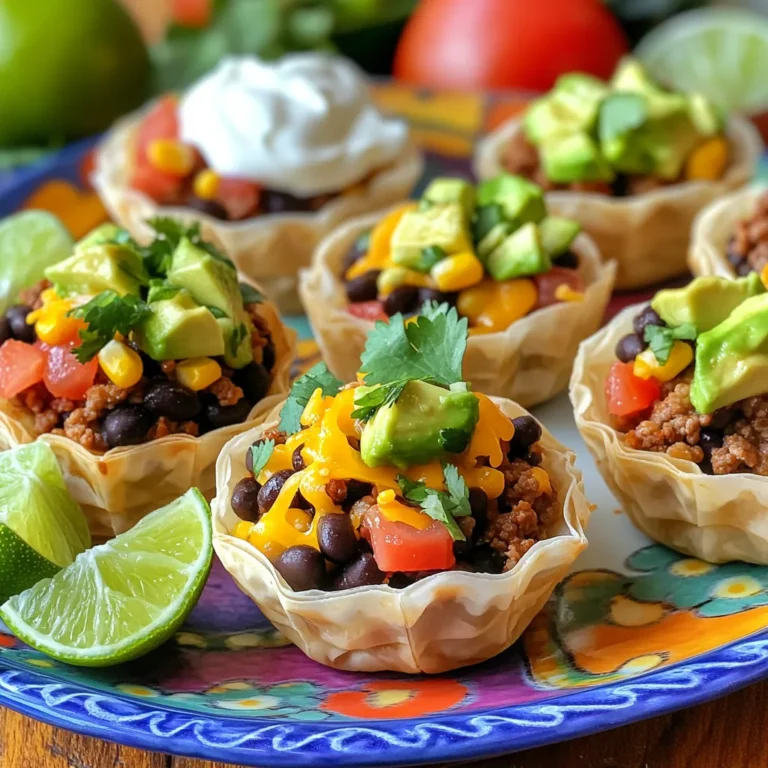To make delicious Oven-Baked Taco Bites, gather these key ingredients: - 1 lb ground beef or turkey - 1 packet of taco seasoning - 1 cup black beans, rinsed and drained - 1 cup corn kernels (fresh or frozen) - 1 cup diced tomatoes (canned or fresh) - 1 cup shredded cheese (cheddar or taco blend) - 1 package of mini phyllo pastry cups or tortilla cups - 1 ripe avocado, diced (for topping) - Fresh cilantro, chopped (for garnish) - Sour cream or Greek yogurt (for serving) - Lime wedges (for serving) These ingredients create a tasty, crunchy treat that everyone will love. You can swap out some ingredients for a healthier twist. Here are a few ideas: - Use ground chicken or lean turkey instead of beef for less fat. - Choose low-sodium taco seasoning to cut down on salt. - Opt for fresh veggies like zucchini or bell peppers instead of canned tomatoes. - Try using a whole grain tortilla cup for added fiber. These changes keep the flavor high while making your meal lighter. Toppings make everything better! Here are some fun ideas: - Fresh salsa for an extra kick. - Jalapeños for heat. - Shredded lettuce for crunch. - Chopped green onions for brightness. - A sprinkle of cheese for extra richness. Feel free to mix and match to find your favorite combination. Enjoy your flavorful Oven-Baked Taco Bites! If you want the complete recipe, check out the Full Recipe section. Start by heating a large skillet over medium heat. Add one pound of ground beef or turkey. Cook the meat until it turns brown. Use a spatula to break it up while it cooks. If you see too much fat, drain it carefully. Next, stir in one packet of taco seasoning. Follow the package instructions, which usually take about two to three minutes. This adds great flavor to the meat. Now, add one cup of rinsed black beans, one cup of corn kernels, and one cup of diced tomatoes. Mix everything well. Cook for five to seven minutes until it all heats up. This step makes the filling tasty and colorful. Finally, remove the skillet from the heat. Stir in half of the shredded cheese until it melts nicely into the mixture. This creates a creamy texture that enhances the flavor of your taco filling. Grab a baking sheet and lay out the mini phyllo pastry cups or tortilla cups. It helps to arrange them evenly for baking. Carefully fill each cup with the taco mixture. Press down gently to pack the filling well. This keeps the filling from spilling out while baking. After filling all the cups, sprinkle the remaining cheese over the top. This will create a delightful, cheesy crust when baked. Now it’s time to bake! Place the baking sheet in your preheated oven at 375°F (190°C). Bake for 10 to 12 minutes. Keep an eye on them until the cheese is melted and bubbly. When they look golden and delicious, take them out. Let the taco bites cool for a few minutes. This makes them easier to handle. Top each taco bite with diced avocado and a sprinkle of fresh cilantro. This adds color and flavor. Serve warm with a bowl of sour cream or Greek yogurt, along with lime wedges for a zesty kick. For the full recipe, check out the complete instructions above. Enjoy your flavorful crunchy treats! To make your taco filling burst with flavor, start with good meat. Ground beef or turkey works great. Cook it until browned. This adds a rich taste. Next, use taco seasoning. Follow the packet directions for the best results. Mix in black beans, corn, and tomatoes. They add texture and freshness. For extra flavor, consider adding chopped onions or bell peppers. These ingredients boost taste and nutrition. Filling phyllo pastry cups can be tricky, but I have tips. First, make sure the filling is not too wet. This keeps the cups from getting soggy. Use a small spoon to fill each cup. Press down gently to pack the filling. This ensures each bite is full of flavor. Don't overfill; leave a little space for cheese on top. This will melt perfectly and add a nice touch. Presentation matters, especially for taco bites. Use a bright platter to make them pop. Arrange the bites in a circle or a fun pattern. This makes them look inviting. Add lime wedges and extra cilantro around the platter. This adds color and a fresh smell. You can also use small bowls for sour cream or Greek yogurt. This way, guests can serve themselves easily. For an extra touch, use colorful napkins that match your theme. For more details, check out the [Full Recipe]. {{image_4}} For a tasty vegetarian twist, swap the meat for plant-based options. Use lentils or black beans as the base. These ingredients pack flavor and protein. You can mix in diced bell peppers or zucchini for extra texture. Also, try adding some sautéed mushrooms. They add a rich, earthy taste that complements the spices well. You can easily change the flavor of your taco bites. Use different spices to create unique tastes. For example, add cumin or paprika for a smoky kick. If you like heat, try using chili powder or cayenne pepper. You can also mix in fresh herbs like cilantro or parsley for freshness. Experiment with different flavor combos to find your favorite. If you want a quicker option, try using an air fryer. It cooks the taco bites fast and gives them a nice crunch. Preheat the air fryer to 375°F (190°C). Place the filled cups in the basket, making sure they don’t touch. Cook for about 8-10 minutes until golden and crispy. You can also bake them in the oven as per the full recipe if you prefer. To keep your leftover taco bites fresh, place them in an airtight container. Make sure they cool down first. Store the container in the fridge. They can last for about three days. If you want to keep them longer, consider freezing them. When you're ready to enjoy your taco bites again, reheating is key. Preheat your oven to 350°F (175°C). Place the taco bites on a baking sheet. Bake them for about 10-15 minutes. This helps the cheese melt again and keeps the crust crispy. You can also use the microwave if you're in a hurry. Heat them for 30 seconds to 1 minute, but this may make them a bit soggy. If you want to save some for later, freezing is a great option. First, let the taco bites cool completely. Then, place them in a single layer on a baking sheet. Freeze them for about 1-2 hours. Once frozen, transfer them to a freezer-safe bag or container. Be sure to label it with the date. You can freeze them for up to three months. When you're ready to eat, just bake them straight from the freezer. Adjust your baking time to about 15-20 minutes. This way, you can enjoy these tasty treats anytime! Yes, you can make Oven-Baked Taco Bites ahead of time. Prepare the filling and let it cool. Store it in the fridge for up to two days. When ready to bake, fill the cups and bake as directed. You can also bake them fully, then reheat them later. Just be sure to cover them to keep them moist. You can use several options instead of ground meat. A great choice is plant-based meat. You can also use lentils or mushrooms for a hearty texture. If you want a lighter option, try shredded chicken or tofu. These substitutes can give you great flavor without meat. Yes, there are gluten-free options. Use gluten-free taco seasoning and check your ingredients for gluten-free labels. Replace the mini phyllo pastry cups with gluten-free tortilla cups. This way, everyone can enjoy the Oven-Baked Taco Bites without worry. You learned how to make delicious and healthy Oven-Baked Taco Bites. We covered all the ingredients, from healthy swaps to fun toppings. The step-by-step guide helped you fill and bake the bites perfectly. You now have tips to boost flavor and ideas to present them well. With variations and storage tips, you can enjoy taco bites in many ways. Try them out, share with friends, and have fun in your kitchen. These taco bites are sure to be a hit!
