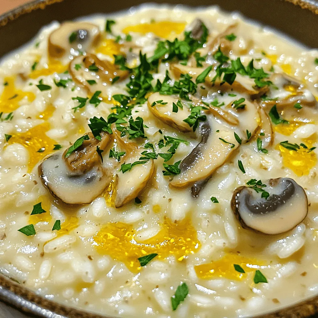 - Arborio rice: This rice is key to making risotto creamy. It has a high starch content. This starch helps create the desired texture. You want the rice to be tender but still firm. - Mushrooms: You can use shiitake, cremini, or button mushrooms. Each type adds a unique flavor. I like to mix different types for depth. Choosing fresh mushrooms makes a big difference. - Vegetable broth: This broth adds flavor and moisture. The broth should be warm when you add it to the rice. Keeping it warm helps the rice cook evenly. - Olive oil versus butter: Olive oil gives a light flavor, while butter adds richness. I often use both for balance. This mix enhances the taste of the dish. - Truffle oil and Parmesan cheese: Truffle oil adds a luxurious taste. Parmesan cheese brings a salty, nutty flavor. These two ingredients are essential for a gourmet touch. - Garlic and onion: These aromatics boost the flavor. Sautéing them until soft brings out their sweetness. They form the base of the risotto. - Herbs: Fresh parsley is my go-to for garnish. It adds color and a fresh taste. You can also use thyme or rosemary to enhance the dish. Keeping the broth warm is key for risotto. A hot broth helps the rice cook evenly. If the broth is cold, it slows down the cooking process. To make a tasty vegetable broth, start with fresh veggies. You can use carrots, celery, and onions. Add herbs like bay leaves and thyme for extra flavor. Simmer these in water for at least 30 minutes. Strain it, and your broth is ready! Start by heating olive oil in a large skillet. Once hot, add butter. This mix gives a rich flavor. Next, add finely chopped onions. Stir them for about 3-4 minutes. You want them soft and see-through. Once the onions are ready, add minced garlic. Cook it for just a minute. Garlic cooks fast, so keep an eye on it. Now it's time for the mushrooms. Add sliced mushrooms to the pan. Stir them for about 5-6 minutes. You want them golden brown and tender. Season with salt and pepper to bring out their taste. After the mushrooms, add Arborio rice. Stir it well to coat each grain in the oil. Toast the rice for about 2 minutes. This step adds depth to the flavor. Begin adding warm broth one ladle at a time. Stir constantly while the rice absorbs the liquid. This stirring helps create a creamy texture. Wait until the rice has almost no broth before adding more. This process takes about 18-20 minutes. The rice should be tender but still firm when done. Once your risotto is creamy, it's time to add the final ingredients. Stir in the last tablespoon of butter and grated Parmesan cheese. This makes the dish rich and smooth. Drizzle some truffle oil for a gourmet touch. Finally, taste and adjust the seasoning. Add more salt or pepper if needed. For the full recipe, check the detailed instructions provided above. To get that perfect creamy texture in your risotto, you must stir well. Stirring helps break down the rice, releasing starch. Use a wooden spoon for the best results. This technique adds the creaminess you want. Adjusting the broth is also key. Use warm broth for better absorption. If it's too thick, add a bit more broth. For a creamier risotto, you can add a splash of extra truffle oil or a bit more Parmesan cheese. Keep track of your cooking time. Risotto typically takes about 18 to 20 minutes to cook. Stir every few minutes to avoid sticking. The rice should be al dente, soft but with a slight bite. Serve the risotto as soon as it’s done. Letting it sit too long can make it dry. It’s best enjoyed fresh and hot from the pan. A good wine can elevate your Mushroom Risotto. A light white wine like Sauvignon Blanc works great. It complements the earthy flavors of the mushrooms. For side dishes, consider a simple green salad. A salad with lemon vinaigrette adds brightness. You could also serve roasted vegetables alongside your risotto for a balanced meal. If you want to try something special, check out the Full Recipe for more ideas! {{image_4}} For a vegan mushroom risotto, swap the dairy with plant-based options. Use nut-based cheese or nutritional yeast instead of Parmesan. These choices offer a cheesy flavor without dairy. Instead of butter, use vegan butter or more olive oil for richness. You can also add a splash of coconut milk for creaminess. To enhance flavors in your vegan risotto, try adding fresh herbs like thyme or rosemary. A squeeze of lemon juice brightens the dish. You might also include roasted garlic for a deeper flavor. You can personalize your risotto by adding protein sources. Chicken or shrimp makes a great addition. Cook them first, then add during the rice cooking phase. For a vegetarian twist, consider adding chickpeas or tofu for protein. Experiment with different herbs and spices. Basil, sage, or even a pinch of nutmeg can change the flavor profile. You can also try adding sun-dried tomatoes or spinach for color and taste. To make a gluten-free mushroom risotto, ensure your broth is certified gluten-free. Some brands may contain gluten. You can also replace Arborio rice with quinoa or millet. These grains have different textures but still create a tasty dish. When using alternative grains, adjust your cooking time. Quinoa cooks faster than Arborio rice. Keep an eye on the texture to ensure it stays creamy. To store leftover mushroom risotto, follow these steps: - Allow the risotto to cool down to room temperature. - Use airtight containers to keep it fresh. - Store it in the fridge for best results. Keep your risotto at a temperature below 40°F. This helps prevent bacteria growth. If you plan to eat it later, consider freezing it. Use freezer-safe containers to avoid freezer burn. When reheating risotto, I recommend these methods: - Use a saucepan over low heat with a little broth or water. Stir often. - A microwave works, too. Add a splash of broth and cover the dish. These methods help keep the risotto creamy. For an extra touch, stir in a bit of butter or cheese before serving. This will refresh the flavors and texture. In the fridge, mushroom risotto lasts about 3-5 days. Always check for signs of spoilage: - Look for an off smell or change in texture. - If it looks dry or hard, toss it out. If you see mold, it’s time to say goodbye. Keeping track of storage time helps ensure a safe and tasty meal. For more on making this dish, check the Full Recipe. To make a creamy mushroom risotto, use Arborio rice. This rice has a high starch content. Stirring often releases more starch, which thickens the dish. Keep your broth warm while cooking. Gradually add it to the rice, allowing each ladle to absorb fully before adding more. This method creates a rich, smooth texture. You can also finish with butter and Parmesan cheese for added creaminess. Arborio rice is the best choice for risotto. It has a unique texture that gives creaminess. Other types, like jasmine or basmati, won't work as well. They lack the same starch levels, leading to a less creamy result. If you want to experiment, you can try Carnaroli or Vialone Nano rice. Both are great alternatives with similar qualities. To prepare mushroom risotto in advance, cook it almost fully but leave it slightly underdone. Cool it quickly and store it in the fridge. When you're ready to serve, reheat it gently, adding a bit of warm broth. Stir well to restore creaminess. This approach helps save time while keeping flavors fresh. White wines work best with mushroom risotto. A crisp Sauvignon Blanc enhances the dish's earthiness. Alternatively, a light Pinot Grigio adds a nice touch. If you prefer red, go for a light-bodied Pinot Noir. The wine's acidity can balance the rich flavors in the risotto. If you need a substitute for truffle oil, try using olive oil with a touch of garlic. This combination gives a nice flavor without overpowering the dish. You can also use mushroom oil for a deeper taste. If you want a similar aroma, consider adding a small amount of porcini mushroom powder. Both options work well for adding flavor to your risotto. For the full recipe of creamy truffle mushroom risotto, check out the detailed instructions above. Mushroom risotto is a rich and creamy dish made with simple, quality ingredients. We explored key components like Arborio rice, flavorful mushrooms, and warm vegetable broth. The right fats, seasonings, and garnishes elevate the dish further. Follow the step-by-step instructions for perfect texture and taste. Remember tips for creaminess and time management for the best results. Lastly, don’t shy away from personalizing your risotto with variations or any dietary needs. Mushroom risotto can be a delightful meal for anyone, satisfying both flavor and comfort.