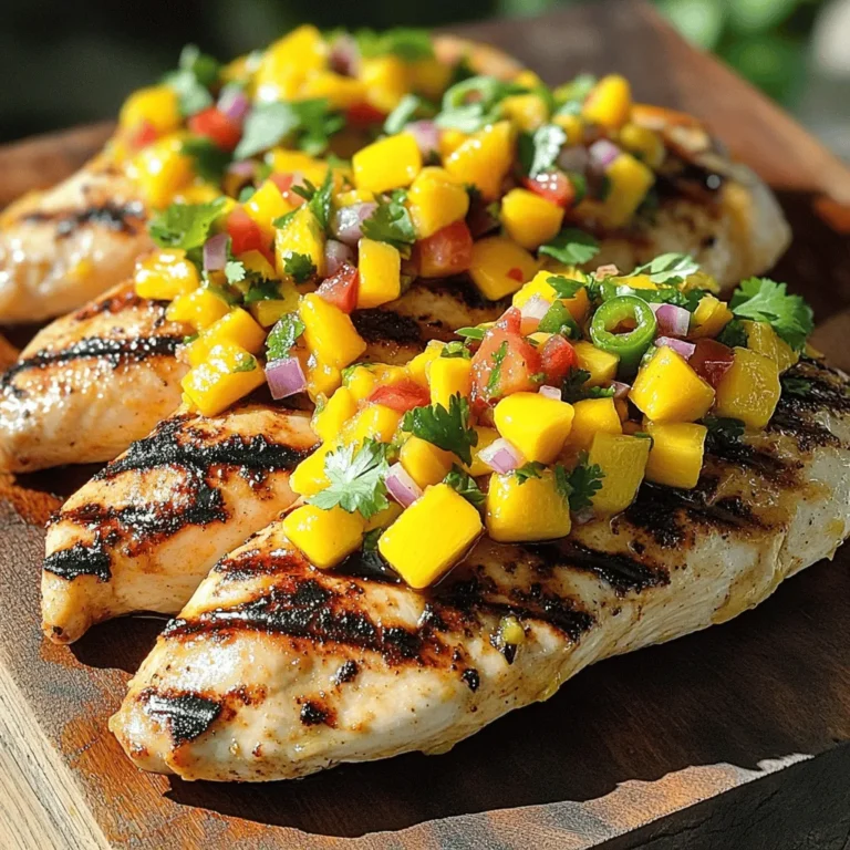 For this mango salsa chicken, you will need a few key items: - 4 boneless, skinless chicken breasts - 1 ripe mango, diced into small cubes - 1/2 medium-sized red onion, finely chopped - 1 red bell pepper, diced into small pieces - 1 jalapeño pepper, minced (seeds removed for milder flavor) - 2 tablespoons fresh cilantro, finely chopped - Juice of 1 freshly squeezed lime - 2 tablespoons extra virgin olive oil - 1 teaspoon ground cumin - Salt and freshly cracked black pepper to taste Each ingredient adds flavor and texture. The chicken is lean and juicy. The mango brings sweetness, while the jalapeño adds a zesty kick. Fresh herbs like cilantro make the dish vibrant. The lime juice brightens everything up. Using fresh ingredients makes a big difference. They enhance the taste and make your dish look great. Enjoy the full recipe for detailed steps to make this delightful meal. To start, you need to dice the ripe mango. Cut it into small cubes. This brings out its sweetness. Next, chop the red onion and red bell pepper. Keep these pieces small to mix well. For some heat, mince the jalapeño pepper. Remove the seeds if you want a milder taste. Add all these fresh ingredients into a mixing bowl. Toss in the chopped cilantro and squeeze some lime juice. Mixing brings all the flavors together. A pinch of salt enhances the taste, too. Set the salsa aside to let the flavors meld. Now, let’s move to the chicken. Coat the boneless, skinless chicken breasts with extra virgin olive oil. This helps the spices stick. In a bowl, mix ground cumin and a good amount of salt and black pepper. Rub this spice mix on each chicken breast. Make sure each piece is evenly coated. This is key to getting a great flavor in every bite. Preheat your grill to medium heat. This step is crucial for even cooking. Place the seasoned chicken on the hot grill. Cook each breast for 6-7 minutes on one side. Flip it over and grill for another 6-7 minutes. Check the internal temperature. It should reach 165°F (75°C) for safety. Look for nice char marks; they add flavor. After cooking, let the chicken rest for 5 minutes. This keeps it juicy and tender. Enjoy your grilled chicken topped with the vibrant mango salsa you made earlier. For the full recipe, check below! What if you don’t have mango? You can use other fruits like peach or pineapple. Both add a nice sweet touch to your chicken. You can also try using apple or papaya for a different twist. To balance the salsa flavors, mix sweet, salty, and spicy. You can add a pinch of sugar if the salsa is too sour. If it’s too sweet, a dash of lime juice can help. Always taste as you mix! To get perfect grill marks, make sure your grill is hot. Place the chicken on the grill and don’t move it for a few minutes. This helps create those nice lines we all love. To avoid dry chicken, use a meat thermometer. Cook the chicken until it reaches 165°F. Also, let the chicken rest for five minutes after grilling. This keeps the juices inside, making it tender and juicy. For the complete cooking process, check the Full Recipe. {{image_4}} You can get creative with your mango salsa chicken. Adding zucchini or corn can give it a fun twist. These veggies add texture and flavor. Just chop them up and mix them in with the salsa. They enhance the dish without overpowering the mango. You can also use different types of chicken. While boneless, skinless chicken breasts are great, try chicken thighs for a richer taste. Thighs are juicier and can add depth to the dish. You can even use grilled shrimp or tofu for a tasty twist. Pairing your mango salsa chicken with sides makes it a complete meal. Rice or beans work well to soak up the salsa's juices. A fluffy jasmine rice or black beans adds protein and fiber. It's a great way to balance flavors on your plate. You can create a mango salsa chicken salad for a fresh take. Just chop the chicken into bite-sized pieces. Toss it with greens, avocado, and extra salsa. This salad is colorful and bursting with flavor. It’s a perfect dish for warm days. For the full recipe, check out the details above! After you enjoy your mango salsa chicken, store the leftovers right away. Place the chicken and salsa in airtight containers. This keeps out air and moisture, helping to maintain freshness. You can keep it in the fridge for up to three days. If you want to reheat, warm it gently in a pan. This helps keep the chicken juicy. The salsa can stay fresh for about two days. Always check for any off smells before eating. To freeze your mango salsa chicken, start by letting it cool completely. Once cool, place the chicken and salsa in separate freezer-safe bags. Remove as much air as possible. This prevents freezer burn. You can freeze them for up to three months. When you want to eat it, take the chicken out and place it in the fridge overnight. For the salsa, you can thaw it in the fridge or at room temperature. For the best taste, use it within a month after thawing. This keeps the flavors fresh and bright. To make mango salsa milder, simply reduce the amount of jalapeño. You can also remove the seeds and membranes from the jalapeño. This will cut down on the heat. Another great tip is to add more diced mango or even some diced cucumber. Both help balance the heat and add a nice crunch. Mango salsa chicken pairs well with many sides. You can serve it with fluffy rice or warm tortillas. A fresh green salad with lime dressing is also a great choice. If you want something heartier, try black beans or grilled corn on the cob. These sides enhance the tropical flavors of the dish. Yes, you can use frozen mango for this recipe. Just make sure to thaw it first and drain any excess liquid. This helps keep the salsa from becoming too watery. Frozen mango is a great option when fresh mango is out of season. It still adds that sweet flavor you love. For the full recipe, check out the details above. This blog post covered how to make a delicious mango salsa chicken. We explored key ingredients, from fresh chicken to ripe mango. I shared step-by-step instructions, tips for flavor, and variations for creativity. You learned proper storage to keep your meal fresh. In closing, don’t shy away from trying new ingredients or techniques. Each dish can bring joy and flavor to your table. Enjoy your cooking, and let your creativity shine!