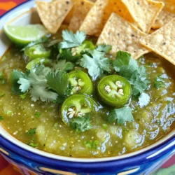 To make a zesty homemade salsa verde, you need these key ingredients: - 8 tomatillos, husked and cut into quarters - 1 jalapeño, stemmed and quartered (remove seeds for a milder flavor) - 1 small white onion, quartered - 2 cloves garlic, peeled - 1/2 cup fresh cilantro leaves, loosely packed - Juice of 1 lime (about 2 tablespoons) - Salt, to taste - A drizzle of olive oil Each ingredient brings its own flavor and texture to the salsa. Tomatillos provide a tart base, while jalapeños add heat. The onion gives a sweet crunch, and garlic adds depth. Fresh cilantro brightens the mix, and lime juice adds a refreshing zing. Olive oil enriches the salsa and helps bind the flavors, while salt enhances everything. Using fresh ingredients really matters. They bring the best taste and aroma. When you choose ripe tomatillos and fresh herbs, your salsa will shine. If you want to make this salsa your own, think about adding other ingredients. You can try fruits or different herbs. The full recipe guides you through making this fresh delight. Enjoy the process and taste the results! 1. Preheat your oven to 425°F (220°C). This step gets the oven ready for roasting. 2. On a baking sheet, arrange the quartered tomatillos, jalapeño, onion, and garlic. Drizzle olive oil over them. Sprinkle some salt for flavor. 1. Place the baking sheet in the oven. Roast the vegetables for 15-20 minutes. They should be charred and softened when done. 1. After roasting, remove the tray from the oven. Let the vegetables cool for a few minutes. This keeps you safe from burns. 2. In a blender, add the cooled roasted vegetables, cilantro leaves, and lime juice. Blend until you reach the texture you like. 3. Taste the salsa verde. Adjust the salt if needed to bring out the flavors. For the full recipe, check out the [Full Recipe]. Enjoy your fresh salsa verde with chips or as a topping for your favorite dishes! Adjusting salt is key to great salsa verde. Salt enhances all the flavors and brings them together. Start with a small amount and taste as you go. This way, you can find the right balance. Balancing acidity with lime juice also matters. Lime adds brightness and freshness. If your salsa is too sour, add a pinch of sugar to balance it out. If it's too salty, squeeze in more lime juice. Taste often as you mix! To change the heat level, try different peppers. For a milder salsa, use poblano peppers. If you like it hot, use a serrano pepper. Each pepper brings its own flavor and heat. Grilling vegetables adds a smoky flavor. You can grill tomatillos and jalapeños instead of roasting them. Smoked flavors give your salsa a new twist. Try this if you want to impress your guests! For the full recipe, check out the details above to create your own delicious salsa verde. {{image_4}} You can change up your salsa verde by adding fruits like mango or pineapple. These fruits add a sweet twist that brightens the salsa. The sweetness balances out the heat from the jalapeño. You can also mix in spices like cumin. Cumin gives a warm, earthy flavor that sets your salsa apart. If you want a fresher taste, try a raw salsa verde. Just blend the tomatillos, jalapeño, onion, garlic, cilantro, and lime juice without cooking them. This method keeps the flavors bright and vibrant. For a quicker option, cook the salsa on the stovetop. Heat the tomatillos and jalapeño in a pan until soft. Then blend them with the other ingredients. This method saves time while still giving you a tasty salsa. Check the Full Recipe for more details on how to make this delicious dish! To keep your homemade salsa verde fresh, refrigeration works well. Store it in a tight container. It stays good for about a week. Make sure to seal it well to avoid any spills or odors. If you want to keep it longer, freezing is your best bet. Pour your salsa into ice cube trays or freezer-safe bags. This way, you can use small amounts as needed. When ready to use, just thaw it in the fridge overnight. Salsa verde is super versatile. You can pair it with crunchy tortilla chips for a tasty snack. It also goes great with tacos, adding a zesty kick. If you’re grilling meats, use salsa verde as a fresh topping to enhance the flavor. You can mix it into salads for extra zest or use it in burritos for a burst of taste. It even works well as a marinade. Just drizzle it over your protein of choice before cooking. For the full recipe, check out the detailed instructions above. How long does homemade salsa verde last in the fridge? Homemade salsa verde lasts about 5 to 7 days in the fridge. Store it in an airtight container for the best taste. The flavors can deepen over time, making it even better. Can I make salsa verde without roasting? Yes, you can make salsa verde without roasting. Just blend fresh tomatillos, jalapeños, onion, garlic, cilantro, and lime juice. This version will taste bright and fresh, but roasting adds depth. What to do if the salsa is too spicy? If your salsa is too spicy, add more tomatillos or a bit of sugar. You can also mix in some avocado or sour cream to cool it down. Adjusting the salt can help balance the heat, too. Suggestions from readers on their favorite additions Some readers love adding diced avocado for creaminess. Others enjoy mixing in diced mango or pineapple for a sweet twist. Try adding cumin or smoked paprika for a unique flavor. How to make the salsa more suitable for kids To make salsa more kid-friendly, remove the seeds from the jalapeño. You can also use less jalapeño or substitute it with a mild pepper. Mixing in some fresh fruit like pineapple can help sweeten it up! In this blog post, we explored how to make a tasty salsa verde. You learned about essential ingredients like tomatillos and jalapeños. We outlined steps for roasting, blending, and balancing flavors. We also discussed fun variations and storage tips. Salsa verde adds freshness and flavor to meals. Try it with chips or tacos. You can make it your own with different ingredients. Enjoy your salsa-making journey!