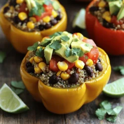 - 4 large bell peppers (choose a variety of colors for a vibrant dish) - 1 cup quinoa, thoroughly rinsed - 2 cups vegetable broth (or water) - 1 can (15 oz) black beans, drained and rinsed well - 1 cup frozen or canned corn (drained if canned) - 1 cup diced tomatoes (fresh or canned, with juices included) - 1 small red onion, finely chopped - 2 cloves garlic, minced - 1 teaspoon ground cumin - 1 teaspoon smoked paprika - ½ teaspoon chili powder (adjust based on spice preference) - Salt and pepper, to taste - 1 avocado, diced (for garnish) - Fresh cilantro, chopped (for garnish) - Lime wedges (for serving) When selecting bell peppers, look for ones that are firm and smooth. They should feel heavy for their size. Avoid any with soft spots or wrinkles. Feel free to swap quinoa for rice or farro. You can also use chickpeas instead of black beans. Fresh ingredients make a big difference in flavor. Choose ripe tomatoes for the best taste. If you can, buy organic vegetables. They often have better flavor and nutrients. This recipe is versatile, so make it your own with any ingredients you love. Check out the Full Recipe to see how to bring all these flavors together! 1. Preheat your oven to 375°F (190°C). This step gets the oven ready for baking. 2. Take 4 large bell peppers. Cut the tops off each pepper and remove the seeds. Rinse them well to get rid of any dirt. 3. Lightly coat the outside of the peppers with olive oil. This helps them roast nicely. 4. Place the peppers upright in a baking dish. Make sure they stand steady. 1. In a medium saucepan, combine 1 cup of rinsed quinoa with 2 cups of vegetable broth. Bring this to a boil. 2. Once boiling, lower the heat and cover the pan. Let it simmer for about 15 minutes. The quinoa should be soft and the liquid gone. 3. In a large skillet, heat a splash of olive oil over medium heat. Add 1 small chopped red onion and 2 minced garlic cloves. Sauté for 3-4 minutes until soft and fragrant. 4. Stir in 1 can of black beans, 1 cup of corn, and 1 cup of diced tomatoes. Add 1 teaspoon of ground cumin, 1 teaspoon of smoked paprika, and ½ teaspoon of chili powder. Don’t forget salt and pepper to taste. 5. Let this mixture cook for 5 minutes. Stir it now and then to blend the flavors. 6. Mix in the cooked quinoa. Stir well to combine everything. Taste the filling and adjust the seasoning if needed. 1. Fill each bell pepper with the quinoa mixture. Pack it in tightly so they hold their shape. Place any leftover filling in the baking dish around the peppers. 2. Cover the baking dish tightly with aluminum foil. This keeps the moisture in while baking. 3. Bake for 25 minutes. Then, remove the foil and bake for another 10-15 minutes. The peppers should be soft and a bit caramelized. 4. Once done, take them out and let them cool for a few minutes. Serve hot, topped with diced avocado and fresh cilantro. Include lime wedges for extra zest. Follow these steps, and you'll enjoy a delicious meal! For the full recipe, check out the detailed instructions above. Using the right tools makes cooking easier. Here are some kitchen tools I suggest: - Sharp knife for cutting bell peppers. - Cutting board for safe chopping. - Medium saucepan for cooking quinoa. - Large skillet for sautéing veggies. - Baking dish to hold the stuffed peppers. Avoid these common mistakes when making stuffed peppers: - Don’t overcook the quinoa. It should be fluffy, not mushy. - Make sure to season the filling well. Taste as you go! - Pack the filling tightly into the peppers. This helps them keep their shape while baking. - Cover the baking dish with foil for the first part of cooking. This keeps the peppers moist. Pair your stuffed peppers with the right sides. Here are some tasty options: - A fresh green salad adds crunch and color. - Serve with rice or quinoa for a hearty meal. - Cornbread complements the flavors nicely. Make your dish look great with these presentation tips: - Use a colorful platter to show off the peppers. - Drizzle a little olive oil or balsamic reduction over them. - Add lime wedges around the dish for a zesty touch. For the full recipe, check out Vegan Fiesta Stuffed Bell Peppers. {{image_4}} You can change the grains or beans in your stuffed peppers. Instead of quinoa, try brown rice or farro. These grains add a nice texture. For beans, substitute black beans with kidney beans or chickpeas. Each swap gives a new taste. You can also add more veggies to the filling. Try mixing in chopped spinach, zucchini, or mushrooms. These veggies add color and nutrients. If you want more protein, consider adding tofu or tempeh. Just crumble it into the mix. To spice up your filling, add some heat. Consider using cayenne pepper or crushed red pepper flakes. If you enjoy herbs, mix in fresh basil, oregano, or parsley. Each herb will bring a new layer of flavor. For a non-vegan twist, you can add cheese. Vegan cheese works well, but regular cheese adds richness. Top your peppers with shredded cheese before baking for a golden finish. You can also drizzle with a creamy sauce for extra flavor. For the full recipe, you can refer to the Vegan Fiesta Stuffed Bell Peppers. To keep your vegan stuffed bell peppers fresh, place them in an airtight container. They stay good in the fridge for about 3 to 4 days. If you want to reheat your stuffed peppers, use the oven. Preheat it to 350°F (175°C). Place the peppers in a baking dish with a splash of vegetable broth. Cover with foil to retain moisture. Heat for about 20 minutes or until warm. This method keeps the peppers tender and tasty. If you want to save some for later, freezing is a great option. First, let the stuffed peppers cool completely. Wrap each one in plastic wrap or aluminum foil. Place them in a freezer-safe bag. They can last up to 3 months in the freezer. When you're ready to eat, take a pepper out and let it thaw in the fridge overnight. To reheat, use the oven again at 350°F (175°C). Cover with foil and warm for 25 minutes. This way, you enjoy the same great flavor as when they were fresh. How long do stuffed peppers last in the fridge? Stuffed peppers last about 3 to 5 days in the fridge. Make sure to store them in an airtight container. This keeps them fresh and easy to grab for a quick meal. Can I make vegan stuffed peppers ahead of time? Yes! You can prepare the filling a day in advance. Just store it in the fridge. You can also stuff the peppers and keep them covered until you're ready to bake. This makes dinner stress-free. What can I use instead of quinoa in stuffed peppers? You can use rice, farro, or couscous instead of quinoa. Each offers a unique taste and texture. Choose what you enjoy most or what you have on hand. What is the best way to cook quinoa? The best way to cook quinoa is to rinse it first under cold water. Then, use a 1:2 ratio of quinoa to liquid, like vegetable broth. Bring it to a boil, then lower the heat and cover. Let it simmer for about 15 minutes until the liquid absorbs. Can I grill stuffed peppers instead of baking them? Yes, grilling stuffed peppers adds a smoky flavor. Cut the peppers in half and fill them. Grill over medium heat for about 10-15 minutes. Watch them closely so they don’t burn. Are vegan stuffed peppers healthy? Yes, vegan stuffed peppers are very healthy. They are packed with nutrients from veggies, beans, and quinoa. They are low in fat and high in fiber, making them filling and good for your body. How many calories are in one stuffed bell pepper? One stuffed bell pepper has about 250-300 calories. This can vary based on the ingredients used. They are a tasty way to enjoy a nutritious meal without a lot of calories. Stuffed peppers are a great way to enjoy healthy meals. We discussed the key ingredients and how to select fresh options. You learned the step-by-step process for prepping, cooking, and baking perfect stuffed peppers. I shared tips to enhance flavors and avoid common mistakes. You can also store leftovers safely or make variations to suit your taste. Remember, stuffed peppers are versatile and fun. Enjoy making them your own! Get creative with flavors and enjoy each bite.