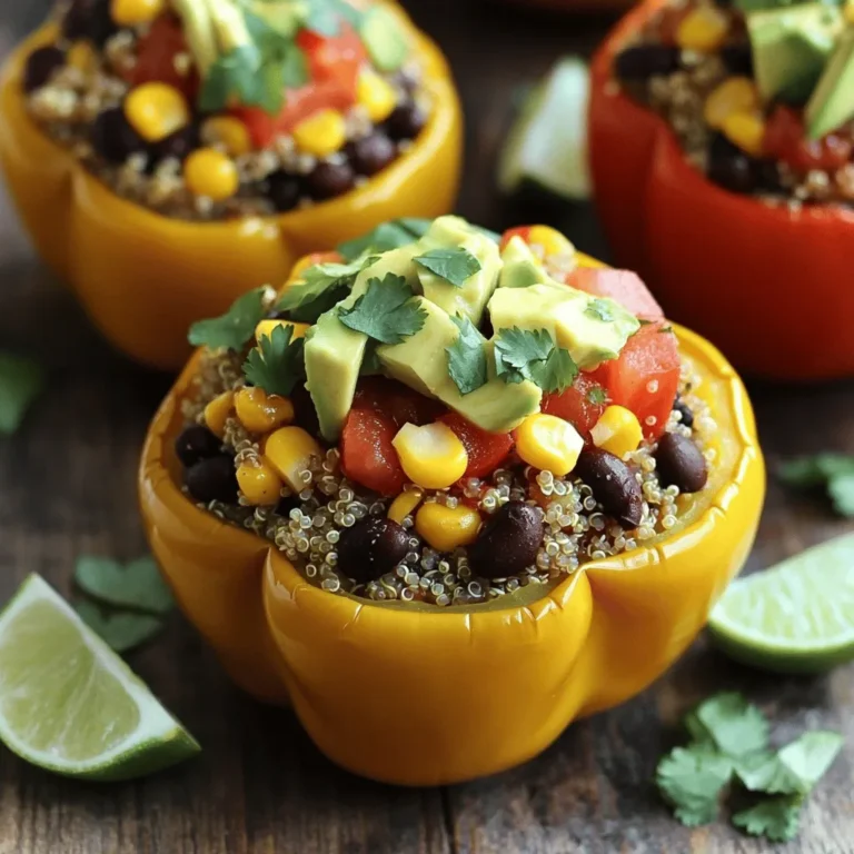 - 4 large bell peppers (choose a variety of colors for a vibrant dish) - 1 cup quinoa, thoroughly rinsed - 2 cups vegetable broth (or water) - 1 can (15 oz) black beans, drained and rinsed well - 1 cup frozen or canned corn (drained if canned) - 1 cup diced tomatoes (fresh or canned, with juices included) - 1 small red onion, finely chopped - 2 cloves garlic, minced - 1 teaspoon ground cumin - 1 teaspoon smoked paprika - ½ teaspoon chili powder (adjust based on spice preference) - Salt and pepper, to taste - 1 avocado, diced (for garnish) - Fresh cilantro, chopped (for garnish) - Lime wedges (for serving) When selecting bell peppers, look for ones that are firm and smooth. They should feel heavy for their size. Avoid any with soft spots or wrinkles. Feel free to swap quinoa for rice or farro. You can also use chickpeas instead of black beans. Fresh ingredients make a big difference in flavor. Choose ripe tomatoes for the best taste. If you can, buy organic vegetables. They often have better flavor and nutrients. This recipe is versatile, so make it your own with any ingredients you love. Check out the Full Recipe to see how to bring all these flavors together! 1. Preheat your oven to 375°F (190°C). This step gets the oven ready for baking. 2. Take 4 large bell peppers. Cut the tops off each pepper and remove the seeds. Rinse them well to get rid of any dirt. 3. Lightly coat the outside of the peppers with olive oil. This helps them roast nicely. 4. Place the peppers upright in a baking dish. Make sure they stand steady. 1. In a medium saucepan, combine 1 cup of rinsed quinoa with 2 cups of vegetable broth. Bring this to a boil. 2. Once boiling, lower the heat and cover the pan. Let it simmer for about 15 minutes. The quinoa should be soft and the liquid gone. 3. In a large skillet, heat a splash of olive oil over medium heat. Add 1 small chopped red onion and 2 minced garlic cloves. Sauté for 3-4 minutes until soft and fragrant. 4. Stir in 1 can of black beans, 1 cup of corn, and 1 cup of diced tomatoes. Add 1 teaspoon of ground cumin, 1 teaspoon of smoked paprika, and ½ teaspoon of chili powder. Don’t forget salt and pepper to taste. 5. Let this mixture cook for 5 minutes. Stir it now and then to blend the flavors. 6. Mix in the cooked quinoa. Stir well to combine everything. Taste the filling and adjust the seasoning if needed. 1. Fill each bell pepper with the quinoa mixture. Pack it in tightly so they hold their shape. Place any leftover filling in the baking dish around the peppers. 2. Cover the baking dish tightly with aluminum foil. This keeps the moisture in while baking. 3. Bake for 25 minutes. Then, remove the foil and bake for another 10-15 minutes. The peppers should be soft and a bit caramelized. 4. Once done, take them out and let them cool for a few minutes. Serve hot, topped with diced avocado and fresh cilantro. Include lime wedges for extra zest. Follow these steps, and you'll enjoy a delicious meal! For the full recipe, check out the detailed instructions above. Using the right tools makes cooking easier. Here are some kitchen tools I suggest: - Sharp knife for cutting bell peppers. - Cutting board for safe chopping. - Medium saucepan for cooking quinoa. - Large skillet for sautéing veggies. - Baking dish to hold the stuffed peppers. Avoid these common mistakes when making stuffed peppers: - Don’t overcook the quinoa. It should be fluffy, not mushy. - Make sure to season the filling well. Taste as you go! - Pack the filling tightly into the peppers. This helps them keep their shape while baking. - Cover the baking dish with foil for the first part of cooking. This keeps the peppers moist. Pair your stuffed peppers with the right sides. Here are some tasty options: - A fresh green salad adds crunch and color. - Serve with rice or quinoa for a hearty meal. - Cornbread complements the flavors nicely. Make your dish look great with these presentation tips: - Use a colorful platter to show off the peppers. - Drizzle a little olive oil or balsamic reduction over them. - Add lime wedges around the dish for a zesty touch. For the full recipe, check out Vegan Fiesta Stuffed Bell Peppers. {{image_4}} You can change the grains or beans in your stuffed peppers. Instead of quinoa, try brown rice or farro. These grains add a nice texture. For beans, substitute black beans with kidney beans or chickpeas. Each swap gives a new taste. You can also add more veggies to the filling. Try mixing in chopped spinach, zucchini, or mushrooms. These veggies add color and nutrients. If you want more protein, consider adding tofu or tempeh. Just crumble it into the mix. To spice up your filling, add some heat. Consider using cayenne pepper or crushed red pepper flakes. If you enjoy herbs, mix in fresh basil, oregano, or parsley. Each herb will bring a new layer of flavor. For a non-vegan twist, you can add cheese. Vegan cheese works well, but regular cheese adds richness. Top your peppers with shredded cheese before baking for a golden finish. You can also drizzle with a creamy sauce for extra flavor. For the full recipe, you can refer to the Vegan Fiesta Stuffed Bell Peppers. To keep your vegan stuffed bell peppers fresh, place them in an airtight container. They stay good in the fridge for about 3 to 4 days. If you want to reheat your stuffed peppers, use the oven. Preheat it to 350°F (175°C). Place the peppers in a baking dish with a splash of vegetable broth. Cover with foil to retain moisture. Heat for about 20 minutes or until warm. This method keeps the peppers tender and tasty. If you want to save some for later, freezing is a great option. First, let the stuffed peppers cool completely. Wrap each one in plastic wrap or aluminum foil. Place them in a freezer-safe bag. They can last up to 3 months in the freezer. When you're ready to eat, take a pepper out and let it thaw in the fridge overnight. To reheat, use the oven again at 350°F (175°C). Cover with foil and warm for 25 minutes. This way, you enjoy the same great flavor as when they were fresh. How long do stuffed peppers last in the fridge? Stuffed peppers last about 3 to 5 days in the fridge. Make sure to store them in an airtight container. This keeps them fresh and easy to grab for a quick meal. Can I make vegan stuffed peppers ahead of time? Yes! You can prepare the filling a day in advance. Just store it in the fridge. You can also stuff the peppers and keep them covered until you're ready to bake. This makes dinner stress-free. What can I use instead of quinoa in stuffed peppers? You can use rice, farro, or couscous instead of quinoa. Each offers a unique taste and texture. Choose what you enjoy most or what you have on hand. What is the best way to cook quinoa? The best way to cook quinoa is to rinse it first under cold water. Then, use a 1:2 ratio of quinoa to liquid, like vegetable broth. Bring it to a boil, then lower the heat and cover. Let it simmer for about 15 minutes until the liquid absorbs. Can I grill stuffed peppers instead of baking them? Yes, grilling stuffed peppers adds a smoky flavor. Cut the peppers in half and fill them. Grill over medium heat for about 10-15 minutes. Watch them closely so they don’t burn. Are vegan stuffed peppers healthy? Yes, vegan stuffed peppers are very healthy. They are packed with nutrients from veggies, beans, and quinoa. They are low in fat and high in fiber, making them filling and good for your body. How many calories are in one stuffed bell pepper? One stuffed bell pepper has about 250-300 calories. This can vary based on the ingredients used. They are a tasty way to enjoy a nutritious meal without a lot of calories. Stuffed peppers are a great way to enjoy healthy meals. We discussed the key ingredients and how to select fresh options. You learned the step-by-step process for prepping, cooking, and baking perfect stuffed peppers. I shared tips to enhance flavors and avoid common mistakes. You can also store leftovers safely or make variations to suit your taste. Remember, stuffed peppers are versatile and fun. Enjoy making them your own! Get creative with flavors and enjoy each bite.