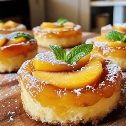 For the Peach Upside Down Mini Cakes, you will need a few simple ingredients. These items create a delicious and easy treat that everyone will love. Here’s what you need: - 2 ripe peaches, pitted and thinly sliced - 1/4 cup packed brown sugar - 2 tablespoons unsalted butter, plus extra for greasing - 1 cup all-purpose flour - 1 teaspoon baking powder - 1/4 teaspoon fine salt - 1/2 teaspoon ground cinnamon - 1/4 cup granulated sugar - 1/3 cup milk - 1 large egg, at room temperature - 1 teaspoon pure vanilla extract These ingredients work together to create a tasty, sweet, and fruity cake. The brown sugar and butter give a lovely caramel flavor, while the peaches add natural sweetness. You can also use the Full Recipe for detailed steps on how to combine these ingredients perfectly. Each mini cake is a small bite of heaven! Start by preheating your oven to 350°F (175°C). This step is key for even baking. While the oven warms up, grab a 6-cup muffin tin and grease it with some extra butter. This helps the cakes pop out easily when they’re done. Next, melt 2 tablespoons of unsalted butter in a small saucepan over medium heat. Once it melts, add 1/4 cup of brown sugar. Stir it constantly until the mix is smooth and bubbly. This mixture creates a sweet base for the cakes. Now, let’s layer those peaches! Take your thinly sliced peaches and arrange them on top of the buttery brown sugar mix in each muffin cup. Make sure each slice is pretty and shows off its curves. In a mixing bowl, whisk together 1 cup of all-purpose flour, 1 teaspoon of baking powder, 1/4 teaspoon of fine salt, and 1/2 teaspoon of ground cinnamon. In another bowl, combine 1/4 cup of granulated sugar, 1/3 cup of milk, 1 large egg, and 1 teaspoon of pure vanilla extract. Mix until everything is smooth. Now, slowly add the dry mix to the wet mix. Stir gently until just combined. Don’t worry about lumps; they are fine. Carefully pour the batter over the peaches, filling each muffin cup about three-quarters full. This allows room for the cakes to rise. Place the muffin tin in the preheated oven and bake for about 20-25 minutes. To check if they are done, insert a toothpick into the center of a cake. If it comes out clean, they are ready! Once baked, let the mini cakes cool in the tin for about 10 minutes. Then, use a knife to slide around the edges of each cake. Invert them onto a wire rack or plate to reveal those stunning caramelized tops. Enjoy these delightful treats! For the complete recipe, refer to the [Full Recipe]. To get light and fluffy cakes, avoid overmixing the batter. When you combine dry and wet ingredients, stir gently. A few small lumps in the batter are okay. Overmixing can make your cakes dense and tough. Let the cakes cool for a few minutes in the tin. This step helps the flavors meld together. After cooling, gently use a knife to loosen the edges. Then, invert the cakes onto a plate. Serve the mini cakes warm for the best taste. Dust them lightly with powdered sugar for a sweet finish. A sprig of fresh mint on top adds a nice color. For an extra treat, pair the cakes with a scoop of vanilla ice cream. The creamy ice cream contrasts beautifully with the warm, fruity cakes. You can also drizzle caramel sauce over the top for added sweetness. These small details make your Peach Upside Down Mini Cakes look and taste amazing. Don't forget to check the Full Recipe for all the steps to make these delightful treats! {{image_4}} You can make these mini cakes even more fun. Swap out peaches for other fruits. Cherries and apples work great too. They add a different taste and look. Pineapple also gives a tropical twist. Each fruit brings its own flavor. Try adding spices for more depth. Cinnamon is a classic choice. You can also add nutmeg or allspice. Just a pinch can change the flavor. Vanilla extract enhances sweetness and aroma. You might even like almond extract for a nutty flavor. If you need gluten-free options, you can easily adapt this recipe. Use gluten-free flour instead of all-purpose flour. Almond flour or a gluten-free blend works well. This keeps the texture light and fluffy without wheat. For those looking for vegan options, replace the egg. A flaxseed egg is an easy swap. Mix one tablespoon of ground flaxseed with three tablespoons of water. Let it sit for a few minutes until it thickens. You can also substitute milk with almond or soy milk. This keeps the cakes moist and tasty. These small changes make the recipe fit various diets while staying delicious. For the full recipe, check the details in the earlier sections. Enjoy experimenting! To keep your Peach Upside Down Mini Cakes fresh, store them in an airtight container. This helps lock in moisture and flavor. You can leave them at room temperature for up to two days. If you want to keep them longer, place them in the fridge. They can last for about a week in the cold. Refrigeration can change the cake's texture. It might become a bit denser, but still delicious. If you like them warm, just reheat before serving. When it comes to reheating, you have two good options: the microwave and the oven. Microwave: Place one mini cake on a microwave-safe plate. Heat it for about 15-20 seconds. Check if it’s warm enough. If not, heat for another 10 seconds. Oven: Preheat your oven to 350°F (175°C). Wrap the mini cakes in foil and place them on a baking sheet. Heat them for about 10 minutes. This method helps keep the cakes soft and tasty. Enjoy your sweet treats warm! Can I use canned peaches instead of fresh? Yes, you can use canned peaches. Just make sure to drain them well. Canned peaches may be softer, so keep that in mind. They can still taste great in this recipe. How do I know when the cakes are done baking? You can check by inserting a toothpick in the center of a cake. If it comes out clean, the cakes are done. They should also look golden on top and spring back when gently pressed. Can I make these mini cakes ahead of time? Yes, you can make them a day in advance. Just store them in an airtight container. Reheat them in the oven before serving for the best taste. What can I serve with Peach Upside Down Mini Cakes? These mini cakes are delightful on their own. For extra flavor, serve them with whipped cream or vanilla ice cream. Fresh mint or a drizzle of honey adds a nice touch too. How to fix if the cakes stick to the pan? If the cakes stick, run a knife around the edges first. Then, gently tap the pan upside down on a plate. If they still stick, place the pan in warm water for a minute to loosen them up. In this post, we explored the simple yet delicious recipe for Peach Upside Down Mini Cakes. You learned about the key ingredients, step-by-step instructions, and essential tips for perfecting your cakes. Remember to avoid overmixing and to customize your flavors. Whether you enjoy them fresh or stored, these cakes promise great taste. Keep experimenting with different fruits and dietary options to find your favorite version. Happy baking!