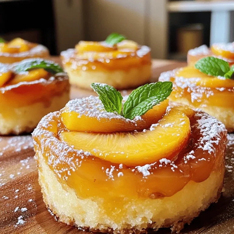 For the Peach Upside Down Mini Cakes, you will need a few simple ingredients. These items create a delicious and easy treat that everyone will love. Here’s what you need: - 2 ripe peaches, pitted and thinly sliced - 1/4 cup packed brown sugar - 2 tablespoons unsalted butter, plus extra for greasing - 1 cup all-purpose flour - 1 teaspoon baking powder - 1/4 teaspoon fine salt - 1/2 teaspoon ground cinnamon - 1/4 cup granulated sugar - 1/3 cup milk - 1 large egg, at room temperature - 1 teaspoon pure vanilla extract These ingredients work together to create a tasty, sweet, and fruity cake. The brown sugar and butter give a lovely caramel flavor, while the peaches add natural sweetness. You can also use the Full Recipe for detailed steps on how to combine these ingredients perfectly. Each mini cake is a small bite of heaven! Start by preheating your oven to 350°F (175°C). This step is key for even baking. While the oven warms up, grab a 6-cup muffin tin and grease it with some extra butter. This helps the cakes pop out easily when they’re done. Next, melt 2 tablespoons of unsalted butter in a small saucepan over medium heat. Once it melts, add 1/4 cup of brown sugar. Stir it constantly until the mix is smooth and bubbly. This mixture creates a sweet base for the cakes. Now, let’s layer those peaches! Take your thinly sliced peaches and arrange them on top of the buttery brown sugar mix in each muffin cup. Make sure each slice is pretty and shows off its curves. In a mixing bowl, whisk together 1 cup of all-purpose flour, 1 teaspoon of baking powder, 1/4 teaspoon of fine salt, and 1/2 teaspoon of ground cinnamon. In another bowl, combine 1/4 cup of granulated sugar, 1/3 cup of milk, 1 large egg, and 1 teaspoon of pure vanilla extract. Mix until everything is smooth. Now, slowly add the dry mix to the wet mix. Stir gently until just combined. Don’t worry about lumps; they are fine. Carefully pour the batter over the peaches, filling each muffin cup about three-quarters full. This allows room for the cakes to rise. Place the muffin tin in the preheated oven and bake for about 20-25 minutes. To check if they are done, insert a toothpick into the center of a cake. If it comes out clean, they are ready! Once baked, let the mini cakes cool in the tin for about 10 minutes. Then, use a knife to slide around the edges of each cake. Invert them onto a wire rack or plate to reveal those stunning caramelized tops. Enjoy these delightful treats! For the complete recipe, refer to the [Full Recipe]. To get light and fluffy cakes, avoid overmixing the batter. When you combine dry and wet ingredients, stir gently. A few small lumps in the batter are okay. Overmixing can make your cakes dense and tough. Let the cakes cool for a few minutes in the tin. This step helps the flavors meld together. After cooling, gently use a knife to loosen the edges. Then, invert the cakes onto a plate. Serve the mini cakes warm for the best taste. Dust them lightly with powdered sugar for a sweet finish. A sprig of fresh mint on top adds a nice color. For an extra treat, pair the cakes with a scoop of vanilla ice cream. The creamy ice cream contrasts beautifully with the warm, fruity cakes. You can also drizzle caramel sauce over the top for added sweetness. These small details make your Peach Upside Down Mini Cakes look and taste amazing. Don't forget to check the Full Recipe for all the steps to make these delightful treats! {{image_4}} You can make these mini cakes even more fun. Swap out peaches for other fruits. Cherries and apples work great too. They add a different taste and look. Pineapple also gives a tropical twist. Each fruit brings its own flavor. Try adding spices for more depth. Cinnamon is a classic choice. You can also add nutmeg or allspice. Just a pinch can change the flavor. Vanilla extract enhances sweetness and aroma. You might even like almond extract for a nutty flavor. If you need gluten-free options, you can easily adapt this recipe. Use gluten-free flour instead of all-purpose flour. Almond flour or a gluten-free blend works well. This keeps the texture light and fluffy without wheat. For those looking for vegan options, replace the egg. A flaxseed egg is an easy swap. Mix one tablespoon of ground flaxseed with three tablespoons of water. Let it sit for a few minutes until it thickens. You can also substitute milk with almond or soy milk. This keeps the cakes moist and tasty. These small changes make the recipe fit various diets while staying delicious. For the full recipe, check the details in the earlier sections. Enjoy experimenting! To keep your Peach Upside Down Mini Cakes fresh, store them in an airtight container. This helps lock in moisture and flavor. You can leave them at room temperature for up to two days. If you want to keep them longer, place them in the fridge. They can last for about a week in the cold. Refrigeration can change the cake's texture. It might become a bit denser, but still delicious. If you like them warm, just reheat before serving. When it comes to reheating, you have two good options: the microwave and the oven. Microwave: Place one mini cake on a microwave-safe plate. Heat it for about 15-20 seconds. Check if it’s warm enough. If not, heat for another 10 seconds. Oven: Preheat your oven to 350°F (175°C). Wrap the mini cakes in foil and place them on a baking sheet. Heat them for about 10 minutes. This method helps keep the cakes soft and tasty. Enjoy your sweet treats warm! Can I use canned peaches instead of fresh? Yes, you can use canned peaches. Just make sure to drain them well. Canned peaches may be softer, so keep that in mind. They can still taste great in this recipe. How do I know when the cakes are done baking? You can check by inserting a toothpick in the center of a cake. If it comes out clean, the cakes are done. They should also look golden on top and spring back when gently pressed. Can I make these mini cakes ahead of time? Yes, you can make them a day in advance. Just store them in an airtight container. Reheat them in the oven before serving for the best taste. What can I serve with Peach Upside Down Mini Cakes? These mini cakes are delightful on their own. For extra flavor, serve them with whipped cream or vanilla ice cream. Fresh mint or a drizzle of honey adds a nice touch too. How to fix if the cakes stick to the pan? If the cakes stick, run a knife around the edges first. Then, gently tap the pan upside down on a plate. If they still stick, place the pan in warm water for a minute to loosen them up. In this post, we explored the simple yet delicious recipe for Peach Upside Down Mini Cakes. You learned about the key ingredients, step-by-step instructions, and essential tips for perfecting your cakes. Remember to avoid overmixing and to customize your flavors. Whether you enjoy them fresh or stored, these cakes promise great taste. Keep experimenting with different fruits and dietary options to find your favorite version. Happy baking!