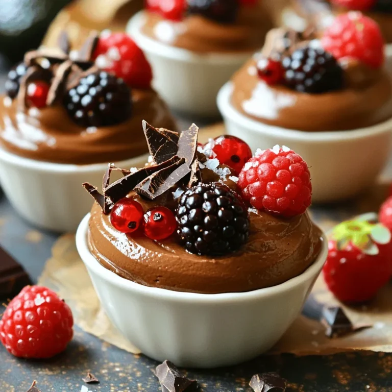 - 2 ripe avocados - 1/2 cup unsweetened cocoa powder - 1/4 cup maple syrup or honey - 1/4 cup almond milk or plant-based milk - 1 teaspoon pure vanilla extract - A pinch of sea salt - Fresh berries (raspberries, strawberries) - Shaved dark chocolate To make a chocolate avocado mousse, you need a few simple items. First, you want to use ripe avocados. They bring a creamy texture. Next, unsweetened cocoa powder adds rich chocolate flavor. Maple syrup or honey provides sweetness. Almond milk or any plant-based milk keeps it smooth. Pure vanilla extract enhances the flavor. Finally, a pinch of sea salt balances everything. For a pretty touch, you can add fresh berries on top. Raspberries or strawberries work nicely. Shaved dark chocolate is another great garnish. It adds a touch of elegance and extra taste. If you're looking for the full recipe, you can find it here: [Full Recipe]. - Step 1: Process the avocados and dry ingredients First, take your ripe avocados and peel them. Remove the pits, and add them to a food processor. Then, add 1/2 cup of unsweetened cocoa powder, 1/4 cup of maple syrup (or honey), 1/4 cup of almond milk, 1 teaspoon of pure vanilla extract, and a pinch of sea salt. - Step 2: Blend until smooth and creamy Turn on the food processor and blend the mixture at high speed. Keep blending for about 1 to 2 minutes. Stop halfway to scrape down the sides. This step makes sure everything mixes well and gives you a smooth texture. - Step 3: Taste and adjust sweetness Once blended, taste your mousse. If you want it sweeter, drizzle in a bit more maple syrup. Blend again for just a few seconds to mix it in. - Step 4: Spoon into serving dishes Now it’s time to serve! Carefully spoon the mousse into small cups or dishes. Fill each one evenly for a nice look. - Step 5: Chill for ideal texture Place the filled cups in the fridge. Let them chill for at least 30 minutes. This helps the mousse firm up and enhances the flavors. - Step 6: Garnish before serving When you’re ready to eat, add some fresh berries on top. You can also sprinkle shaved dark chocolate for a fancy touch. Enjoy your delicious chocolate avocado mousse! For the full recipe, check out the detailed instructions above. To get the perfect mousse, blending time matters. Blend the mixture on high speed for 1-2 minutes. This helps create a smooth and creamy texture. Halfway through, stop and scrape down the sides of the bowl. This ensures all ingredients blend well. You want every bite to be rich and velvety. Sweetness is key for a great mousse. After blending, taste it. If you want more sweetness, add a bit more maple syrup. Blend again briefly to mix it in. You can also play with flavors. Try adding a bit of espresso for a coffee kick. A hint of citrus zest, like orange or lemon, can brighten the taste. Be bold and experiment! Choosing the right serving dishes is important. Clear glass cups show off the mousse's rich color. They make it look fancy. To finish, use garnishes wisely. Fresh berries like raspberries or strawberries add color and taste. Shaved dark chocolate gives it a special touch. These details make your mousse look as good as it tastes. For more tips, check the Full Recipe for ideas! {{image_4}} You can easily make chocolate avocado mousse vegan. Just use maple syrup and almond milk. If you want a non-vegan option, honey works great too. For sweeteners, consider agave or stevia. They can lower the sugar content and still taste sweet. Adding peanut butter gives a new twist to the mousse. It adds creaminess and a nutty flavor. You can also experiment with spices. A touch of cinnamon warms the flavor. If you like heat, try a pinch of chili powder for a unique kick. Pair your mousse with different fruits. Fresh berries like strawberries or raspberries add brightness. You can also use mango or banana for a tropical touch. Creating layered desserts is another fun idea. Layer the mousse with yogurt or granola for added texture. This makes your dessert not just tasty but also visually appealing. For the full recipe, check out the Chocolate Avocado Mousse instructions above. To keep your chocolate avocado mousse fresh, refrigerate any leftovers. Place the mousse in an airtight container. This helps prevent it from absorbing any unwanted flavors from your fridge. If you do not have an airtight container, cover the mousse tightly with plastic wrap. Make sure the wrap touches the surface of the mousse to reduce air exposure. In the fridge, your mousse will stay fresh for about 3 days. After that, the texture and flavor can change. Signs of spoilage include a brown color, an odd smell, or a watery surface. If you notice any of these signs, it’s best to throw it away. Enjoy your mousse while it’s fresh for the best taste! Can I make chocolate avocado mousse in advance? Yes, you can make this mousse ahead of time. It keeps well in the fridge for up to three days. Just cover it tightly to keep it fresh. Chilling enhances the flavor and texture. The mousse will stay creamy and delicious. How can I make my mousse sweeter? To sweeten your mousse, add more maple syrup or honey. Blend it in for an even taste. You can also mix in some powdered sugar if you like. Adjust the sweetness to fit your taste buds. Everyone enjoys their own level of sweetness. Is this dessert high in calories? Chocolate avocado mousse is lower in calories than many desserts. Avocados are healthy fats, while cocoa powder adds flavor without extra sugar. A serving is filling and satisfying. Enjoy this treat without feeling guilty. What are the health benefits of avocado? Avocados are packed with nutrients. They provide healthy fats, fiber, and vitamins. These nutrients can help improve heart health and digestion. They also support skin health and provide energy. Eating avocados can boost your overall well-being. Can I freeze chocolate avocado mousse? Yes, you can freeze chocolate avocado mousse. Freeze it in a sealed container for up to a month. When ready to enjoy, thaw it in the fridge overnight. The texture may change slightly, but it will still taste great. Enjoy this rich dessert later! In this post, I covered how to make a delicious chocolate avocado mousse. You learned about the key ingredients, steps for preparation, and serving ideas. I also shared tips for the perfect texture and how to customize your mousse to fit your taste. This dessert is easy, healthy, and fun to make. You can enjoy it in many ways. So grab those ripe avocados and start experimenting! You’ll be amazed at how tasty this treat can be.